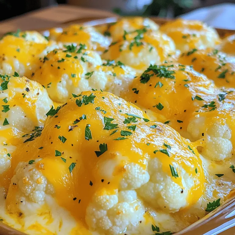 - Cauliflower florets: Start with one large head. Cut it into small, bite-sized pieces. - Cheese varieties: Use 2 cups of shredded sharp cheddar and 1/4 cup grated Parmesan. - Seasonings: Add garlic powder, onion powder, smoked paprika, salt, and black pepper for flavor. - Fresh herbs: Chopped parsley adds color and freshness. - Additional cheeses: Try using mozzarella or gouda for more flavor. - Dairy-free options: Replace cream cheese with a dairy-free cream cheese. - Low-carb alternatives: Substitute cauliflower with broccoli for a different taste. This recipe is easy to adapt based on what you have. If you want to learn more, check out the full recipe. 1. Preheat the Oven: First, set your oven to 375°F (190°C). This step makes sure your dish cooks evenly. 2. Steam the Cauliflower: Fill a pot with water and bring it to a boil. Place a steaming basket on top. Add the cauliflower florets and cover. Steam for about 5–7 minutes. The cauliflower should be tender but still a bit firm. Drain it and set it aside. 3. Prepare the Cheese Mixture: Grab a large mixing bowl. Combine the softened cream cheese, milk, garlic powder, onion powder, smoked paprika, salt, and pepper. Use a whisk or mixer to blend until smooth. Make sure there are no lumps for a creamy texture. 1. Incorporate Cheddar: Gently fold in 1 1/2 cups of shredded cheddar cheese into the cream cheese mixture. Mix just until combined. The cheese should be evenly spread throughout the mix. 2. Folding in Cauliflower: Carefully add the steamed cauliflower to the cheese mixture. Use a spatula to fold the florets in gently. Ensure they are coated well without mashing them. 1. Transfer to Baking Dish: Pour the cauliflower and cheese mixture into a greased 9x13 inch baking dish. Use a spatula to spread it evenly. 2. Bake Until Golden: Sprinkle the remaining 1/2 cup of shredded cheddar cheese and the grated Parmesan cheese on top. This creates a cheesy crust. Place the dish in your preheated oven. Bake for 25–30 minutes. Look for the cheese to be melted, bubbly, and golden brown. Enjoy your delicious Cheesy Cauliflower Bake! For the detailed recipe, refer to the Full Recipe. How to avoid mushy cauliflower: To keep your cauliflower firm, steam it just until tender. This usually takes about 5–7 minutes. If you overcook it, the cauliflower can turn mushy. Make sure to drain it well after steaming. You want it to hold its shape in the bake. Achieving the perfect cheesy crust: For a great cheesy crust, use a mix of cheeses. I love using sharp cheddar and Parmesan. Spread a layer of cheese on top before baking. This helps create that golden, bubbly crust we all crave. Bake until the cheese is melted and lightly browned. Pairing with proteins: This bake goes well with many proteins. Try serving it alongside grilled chicken or roasted pork. The creamy dish balances the flavors of the meat nicely. You can also add a simple salad for a fresh touch. Ideal side dishes: For sides, consider light options like steamed broccoli or a crisp green salad. These will add color and crunch to your meal. You can also serve it with garlic bread for a comforting touch. Prep ahead methods: You can make this dish ahead of time. Steam the cauliflower earlier in the day, and mix it with the cheese mixture. Keep it in the fridge until you're ready to bake. This way, you save time when it’s meal time. Reheating guidelines: To reheat, place the bake in the oven at 350°F (175°C). Cover it with foil to keep it moist. Heat for about 15–20 minutes until warmed through. This keeps the texture nice and prevents it from drying out. For the full recipe, check out the Cheesy Cauliflower Bake section! {{image_4}} You can make your Cheesy Cauliflower Bake even tastier with some fun twists. Start by adding spices like cayenne or Italian herbs. A little heat from red pepper flakes can kick it up a notch. Mix in herbs like thyme or rosemary for a fresh touch. You can also add sautéed onions or crispy bacon for extra flavor. These mix-ins make every bite exciting. If you follow a gluten-free diet, this recipe is a great fit. All the ingredients are naturally gluten-free. For a vegan option, swap out the cream cheese and cheddar for plant-based versions. Cashew cheese or nutritional yeast gives a cheesy flavor without dairy. You can use almond milk instead of regular milk for a creamy texture. Serving your Cheesy Cauliflower Bake can be a fun part of the meal. Try using a cast-iron skillet for a rustic look. You can also bake it in individual ramekins for a personal touch. Top each serving with fresh herbs for color. This makes your dish not just tasty but pretty too. For an even more festive vibe, add a sprinkle of paprika on top before serving. For more details on the recipe, check out the Full Recipe. To keep your Cheesy Cauliflower Bake fresh, follow these easy tips: - Refrigeration: Allow the bake to cool down. Then, cover it tightly with plastic wrap or aluminum foil. Store it in the fridge for up to 3 to 4 days. - Freezing: If you want to save it longer, freeze the cooled dish. Use an airtight container or freezer bag. It can last up to 2 months in the freezer. Just remember to label it with the date. When you’re ready to enjoy leftovers, reheating is key: - Oven Reheating: Preheat your oven to 350°F (175°C). Place the bake in an oven-safe dish. Cover it with foil to keep it moist. Heat it for about 20 minutes or until hot. This method helps keep the texture and flavor intact. - Microwave Reheating: If you’re in a hurry, use the microwave. Place a portion on a microwave-safe plate. Heat it for 1 to 2 minutes, checking often. Stir to ensure even heating, but this method may make the cheese less crisp. Knowing how long your dish lasts is important: - Fridge Life: In the fridge, your Cheesy Cauliflower Bake stays good for 3 to 4 days. - Signs of Spoilage: If you see mold or a sour smell, it’s time to toss it. Any change in texture can also signal that it’s no longer fresh. Enjoy your cheesy delight while it’s at its best! For the complete recipe, check out the [Full Recipe]. Can I use frozen cauliflower? Yes, you can use frozen cauliflower. Just thaw it and drain excess water. This helps avoid a watery dish. Frozen cauliflower may need a bit longer to bake, so keep an eye on it. How do I make it spicier? To spice it up, add red pepper flakes or cayenne pepper to the cheese mix. You can also add diced jalapeños or hot sauce for extra heat. Can I replace cream cheese with Greek yogurt? Yes, Greek yogurt can work as a good substitute. It adds creaminess and a tangy flavor. The texture will be lighter, but it will still taste great. What type of cheese is best for baking? Sharp cheddar cheese is best for baking. It melts well and adds a strong flavor. You can also mix in mozzarella for a gooey texture. Can I make this dish in advance? Absolutely! You can prepare it a day before and store it in the fridge. Just bake it when you are ready to serve. How to adjust cooking time for different ovens? If your oven runs hot or cold, check your dish a few minutes early. Ovens can vary widely, so use your eyes and nose to judge doneness. Look for a golden top and bubbling cheese. This blog post covered a delicious cauliflower bake recipe. We explored key ingredients like cheese and seasonings. You learned step-by-step instructions for preparation and baking. Tips ensured your dish is perfect, while variations made it fun and flexible. Remember to store leftovers properly for longer enjoyment. With all these insights, you can create a tasty dish that everyone will love. Enjoy experimenting and happy cooking!