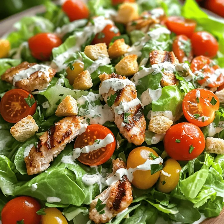 - Chicken and Salad Base - 2 boneless, skinless chicken breasts - 4 cups romaine lettuce, chopped - 1 cup cherry tomatoes, halved - Dressing and Toppings - ½ cup Parmesan cheese, shaved - 1 cup homemade ranch dressing (or store-bought) - 1 cup croutons (store-bought or homemade) - Seasoning - 1 tablespoon olive oil - 1 teaspoon garlic powder - Salt and black pepper to taste - Fresh herbs (like parsley or basil) for garnish This list covers everything you need for a tasty Chicken Caesar salad. Each ingredient adds flavor and texture. The chicken provides protein, while the romaine and tomatoes give freshness. The dressing ties it all together, making each bite delicious. Don't forget the croutons for that nice crunch! You can find the full recipe to help you get started on this classic dish. Marinating the Chicken Start with two boneless, skinless chicken breasts. Rub them with olive oil to add flavor. Sprinkle garlic powder, salt, and black pepper on both sides. This step helps to make the chicken tasty. Let the chicken marinate for about 15 minutes. This allows the flavors to soak in. Cooking Methods (Grilling and Baking) You can cook the chicken by grilling or baking. For grilling, set your grill to medium-high heat. Place the marinated chicken on the grill. Grill each side for about 6-7 minutes. Make sure the chicken reaches 165°F inside. For baking, preheat your oven to 400°F. Put the chicken on a lined baking sheet. Bake for 20-25 minutes until the chicken is fully cooked. After cooking, let the chicken rest for 5 minutes. This helps keep it juicy. Then, slice it into strips. Creating the Base In a large bowl, mix 4 cups of chopped romaine lettuce and 1 cup of halved cherry tomatoes. This forms a fresh salad base. Add half of the shaved Parmesan cheese for extra flavor. Dressing the Salad Drizzle 1 cup of ranch dressing over the salad. You can use homemade or store-bought dressing. Toss the salad gently to coat all the ingredients. Make sure everything is well mixed. Plating Styles You can plate the salad in two ways. For a neat look, serve it in individual bowls. This makes it fancy. For a casual meal, serve it family-style in a large bowl. Garnishing Tips Finish the salad by adding the sliced chicken on top. Sprinkle croutons over the salad for crunch. Add the rest of the shaved Parmesan cheese too. For a vibrant touch, garnish with fresh herbs like parsley or basil. This makes your salad pop! For the full recipe, check out the Crispy Ranch Chicken Caesar Salad 🥗. Resting the chicken is key. After cooking, let it sit for at least 5 minutes. This helps the juices spread evenly. Otherwise, the chicken can end up dry. You want juicy bites in your salad. For flavor, always use fresh herbs. A sprinkle of parsley or basil adds a nice touch. Marinate the chicken for 15 minutes. Use olive oil, garlic powder, salt, and pepper. These simple steps boost taste and make the chicken shine. Homemade dressing wins over store-bought. It tastes fresher and lets you control the flavors. You can make ranch dressing easily. Just mix yogurt, mayo, garlic, and herbs. This way, you skip preservatives and enjoy rich taste. Store-bought options are handy. If you're short on time, grab a bottle. Just check the label for quality. Look for dressings with real ingredients. Avoid those with too many additives. For the full recipe, check out the Crispy Ranch Chicken Caesar Salad. It's a delightful way to enjoy this classic dish. {{image_4}} Alternative Proteins If you want a twist on chicken, try using shrimp or tofu. Both cook quickly and add great flavor. You can grill shrimp for a smoky taste or sauté tofu for a savory crunch. Vegetable Additions Adding veggies boosts nutrition and flavor. Consider bell peppers, cucumbers, or avocado. These add color and texture to your salad. You can also toss in some shredded carrots for extra crunch. Gluten-Free Options To make this dish gluten-free, choose gluten-free croutons or skip them altogether. You can also add nuts like almonds or walnuts for crunch without the gluten. Vegan Adaptations For a vegan version, replace chicken with chickpeas or grilled portobello mushrooms. Use a plant-based ranch dressing instead of traditional ranch. Nutritional yeast can mimic the cheesy flavor from Parmesan. These variations help you customize your salad, making it fit your taste and dietary needs. If you want more details, check the Full Recipe for ideas! To keep your Chicken Caesar Salad fresh, store it in an airtight container. Layer the salad ingredients carefully. Place the chicken in a separate container to avoid soggy lettuce. If you have dressing left, store it separately too. This helps maintain the salad's crispness. When it comes to reheating chicken safely, do not microwave the salad. Instead, warm chicken in the oven or on the stove. Heat it until it reaches 165°F (75°C). This ensures it remains safe to eat and delicious. To enjoy your salad at its best, eat it within 2-3 days. Freshness is key! Store it in the fridge and check the ingredients regularly. Signs of spoiled ingredients can include wilting lettuce, off smells, and slimy chicken. Discard any parts that look or smell bad. Always trust your senses to ensure great taste and safety. For the full recipe, check the provided link and enjoy making this classic dish! A Caesar salad has a few key parts. First, it includes crisp romaine lettuce. Next, it uses a rich and creamy dressing. The dressing is often made with garlic, anchovies, and Parmesan cheese. Croutons add a nice crunch. These elements work together, creating a tasty salad that many love. Yes, you can prepare parts of this salad ahead of time. You can wash and chop the lettuce and tomatoes in advance. Store them in the fridge for freshness. You can also cook the chicken ahead of time. Just keep it in the fridge until you are ready to serve. However, wait to add the dressing until just before eating. This helps keep the salad crisp and fresh. While ranch is a popular choice, many other dressings work well. You can use a classic Caesar dressing made with garlic, lemon juice, and anchovies. A balsamic vinaigrette adds a nice twist too. You can even try a yogurt-based dressing for a lighter option. Each dressing brings a unique flavor to your salad. For the full recipe, check out my detailed guide on making a crispy ranch chicken Caesar salad. This blog post covered the classic Chicken Caesar Salad. You learned about the key ingredients like chicken, dressing, and toppings. I shared steps for preparing and assembling the salad, plus tips for perfecting your chicken and dressing. Try different variations to suit your taste. Store leftovers properly for freshness. Remember, a great salad starts with quality ingredients and proper technique. Enjoy making this dish your own!