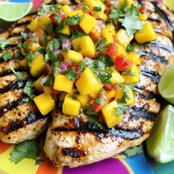- 4 boneless, skinless chicken breasts - 1 ripe mango, diced into small cubes - 1 red bell pepper, finely chopped - 1 small red onion, finely diced - 1 jalapeño, deseeded and minced finely - 2 tablespoons fresh cilantro, roughly chopped - 2 tablespoons lime juice (freshly squeezed) - 1 tablespoon extra virgin olive oil - 1 teaspoon garlic powder - 1 teaspoon ground cumin - Salt and pepper, to taste These main ingredients create a burst of flavor. The chicken gives a hearty base, while the mango and vegetables add freshness. Olive oil and seasonings enhance the taste. Using a ripe mango is key; it should feel soft but not mushy. - Additional herbs for garnish - Spices for extra flavor Feel free to add herbs like basil or mint for a twist. A dash of chili powder or smoked paprika can kick up the flavor. These options let you customize the dish to your liking. - Approximately 300 calories per serving - About 30g protein, 10g fat, and 20g carbs This meal is filling and nutritious. You get a good amount of protein from the chicken. The mango provides vitamins, while the veggies add fiber. This balance makes it a great choice for a healthy dinner. For the complete recipe, check out the Full Recipe link. - Preheat your grill or stovetop grill pan to medium heat. - In a bowl, mix olive oil, garlic powder, ground cumin, salt, and pepper. - Place the seasoned chicken breasts on the grill. Cook for 6-7 minutes on each side. The chicken must reach 165°F (75°C) inside. - While the chicken cooks, prepare the mango salsa. In a bowl, mix diced mango, red bell pepper, red onion, jalapeño, cilantro, lime juice, and a pinch of salt. Stir gently. - Let the chicken rest for 3-5 minutes after grilling. This keeps the chicken juicy. - For serving, place the grilled chicken on a colorful plate. Spoon the fresh mango salsa over each piece. Add extra cilantro and lime wedges for a beautiful finish. For the full details, check out the full recipe! To keep your chicken juicy, never overcook it. Use a meat thermometer to check the internal temperature. Aim for 165°F (75°C). Rest the chicken after grilling for 3-5 minutes. This helps the juices stay inside. For perfect grill marks, preheat your grill well. A hot grill sears the chicken quickly. Place the chicken on the grill diagonally for great marks. Flip the chicken only once to keep the marks clear. Choose a ripe mango for the best flavor. A ripe mango feels slightly soft when you press it. Look for a sweet aroma at the stem end, too. Combining flavors in salsa is key. Mix sweet mango with spicy jalapeño for balance. Add fresh lime juice for brightness. Let the salsa sit for a bit to let the flavors blend. Make salsa ahead of time for easy prep. You can store it in the fridge for up to two days. Just stir it before serving to refresh the flavors. Store leftovers properly to maintain freshness. Place chicken and salsa in separate airtight containers. They can last in the fridge for three to four days. {{image_4}} You can cook mango salsa chicken in different ways. Grilling gives it a smoky flavor. The grill marks add a nice touch to the dish. If you don't have a grill, you can bake it. Baking keeps the chicken juicy while cooking evenly. Another method is pan-searing. This method is quick and still gives you a nice crust. It’s great for busy nights when you want dinner fast. You can change the mango salsa to fit your taste. Adding fruits like pineapple gives it a sweet twist. Avocado adds creaminess and makes it richer. If you like more heat, add more jalapeño. You can also switch to a milder pepper if you prefer less spice. Adjusting the salsa makes it fun and unique each time. Pairing is important for a great meal. Serve mango salsa chicken with rice or quinoa. These grains soak up the salsa and add texture. You can also add a side salad for freshness. Grilled veggies or corn on the cob work well too. They balance the flavors and make your plate colorful. To keep your mango salsa chicken fresh, cool it quickly. Place the chicken in shallow containers. Cover them tightly with plastic wrap or a lid. This helps avoid any bad smells or flavors. Your dish will stay fresh in the fridge for up to three days. After that, the taste may fade. When it's time to eat leftovers, the best way to reheat chicken is in the oven. Set it to 350°F (175°C) and heat for about 15-20 minutes. This keeps the chicken moist. For the salsa, you can serve it cold. If you prefer warm salsa, heat it gently on the stove. Stir it often to keep it from burning. Yes, you can freeze mango salsa chicken! Wrap the chicken tightly in plastic wrap and foil. It can stay fresh in the freezer for up to three months. For the best taste, freeze the salsa separately. This way, it keeps its fresh flavor. Store the salsa in an airtight container or freezer bag. When you are ready to enjoy it, just thaw and serve! Can I use frozen chicken? Yes, you can use frozen chicken. Just make sure to thaw it first. Thawing helps cook the chicken evenly. You can place the chicken in the fridge overnight or use the defrost function on your microwave. Always ensure it reaches 165°F (75°C) for safe eating. What to serve with Mango Salsa Chicken? This dish pairs well with rice or quinoa. You can also serve it with a fresh salad. Tortilla chips and guacamole add a nice crunch too. Try adding black beans for extra protein and flavor. Can I make the salsa ahead of time? Yes, you can make the salsa ahead of time. Just store it in the fridge. This allows the flavors to blend well. I recommend making it up to a day in advance. Just give it a stir before serving. How do I know when the chicken is done? The best way to check is with a meat thermometer. Cooked chicken should reach 165°F (75°C). Also, the juices should run clear, not pink. If you don't have a thermometer, cut into the thickest part of the chicken. It should not be pink inside. Is this recipe gluten-free? Yes, this recipe is gluten-free. The ingredients used contain no gluten. Always check labels on your spices and sauces to be safe. Can this recipe be made dairy-free? Absolutely! This recipe is naturally dairy-free. There are no dairy products used in the dish. Enjoy the flavors without worrying about dairy. In this post, we explored how to make mango salsa chicken. You learned about the main and optional ingredients, along with key nutritional facts. We walked through the preparation and cooking steps, plus tips for juicy chicken and tasty salsa. I shared variations for cooking and serving suggestions to keep things fresh. Proper storage and reheating tips ensure you enjoy leftovers too. Remember, cooking can be fun and flexible. Enjoy your meals, and don’t hesitate to try new flavors!