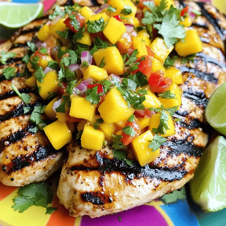 - 4 boneless, skinless chicken breasts - 1 ripe mango, diced into small cubes - 1 red bell pepper, finely chopped - 1 small red onion, finely diced - 1 jalapeño, deseeded and minced finely - 2 tablespoons fresh cilantro, roughly chopped - 2 tablespoons lime juice (freshly squeezed) - 1 tablespoon extra virgin olive oil - 1 teaspoon garlic powder - 1 teaspoon ground cumin - Salt and pepper, to taste These main ingredients create a burst of flavor. The chicken gives a hearty base, while the mango and vegetables add freshness. Olive oil and seasonings enhance the taste. Using a ripe mango is key; it should feel soft but not mushy. - Additional herbs for garnish - Spices for extra flavor Feel free to add herbs like basil or mint for a twist. A dash of chili powder or smoked paprika can kick up the flavor. These options let you customize the dish to your liking. - Approximately 300 calories per serving - About 30g protein, 10g fat, and 20g carbs This meal is filling and nutritious. You get a good amount of protein from the chicken. The mango provides vitamins, while the veggies add fiber. This balance makes it a great choice for a healthy dinner. For the complete recipe, check out the Full Recipe link. - Preheat your grill or stovetop grill pan to medium heat. - In a bowl, mix olive oil, garlic powder, ground cumin, salt, and pepper. - Place the seasoned chicken breasts on the grill. Cook for 6-7 minutes on each side. The chicken must reach 165°F (75°C) inside. - While the chicken cooks, prepare the mango salsa. In a bowl, mix diced mango, red bell pepper, red onion, jalapeño, cilantro, lime juice, and a pinch of salt. Stir gently. - Let the chicken rest for 3-5 minutes after grilling. This keeps the chicken juicy. - For serving, place the grilled chicken on a colorful plate. Spoon the fresh mango salsa over each piece. Add extra cilantro and lime wedges for a beautiful finish. For the full details, check out the full recipe! To keep your chicken juicy, never overcook it. Use a meat thermometer to check the internal temperature. Aim for 165°F (75°C). Rest the chicken after grilling for 3-5 minutes. This helps the juices stay inside. For perfect grill marks, preheat your grill well. A hot grill sears the chicken quickly. Place the chicken on the grill diagonally for great marks. Flip the chicken only once to keep the marks clear. Choose a ripe mango for the best flavor. A ripe mango feels slightly soft when you press it. Look for a sweet aroma at the stem end, too. Combining flavors in salsa is key. Mix sweet mango with spicy jalapeño for balance. Add fresh lime juice for brightness. Let the salsa sit for a bit to let the flavors blend. Make salsa ahead of time for easy prep. You can store it in the fridge for up to two days. Just stir it before serving to refresh the flavors. Store leftovers properly to maintain freshness. Place chicken and salsa in separate airtight containers. They can last in the fridge for three to four days. {{image_4}} You can cook mango salsa chicken in different ways. Grilling gives it a smoky flavor. The grill marks add a nice touch to the dish. If you don't have a grill, you can bake it. Baking keeps the chicken juicy while cooking evenly. Another method is pan-searing. This method is quick and still gives you a nice crust. It’s great for busy nights when you want dinner fast. You can change the mango salsa to fit your taste. Adding fruits like pineapple gives it a sweet twist. Avocado adds creaminess and makes it richer. If you like more heat, add more jalapeño. You can also switch to a milder pepper if you prefer less spice. Adjusting the salsa makes it fun and unique each time. Pairing is important for a great meal. Serve mango salsa chicken with rice or quinoa. These grains soak up the salsa and add texture. You can also add a side salad for freshness. Grilled veggies or corn on the cob work well too. They balance the flavors and make your plate colorful. To keep your mango salsa chicken fresh, cool it quickly. Place the chicken in shallow containers. Cover them tightly with plastic wrap or a lid. This helps avoid any bad smells or flavors. Your dish will stay fresh in the fridge for up to three days. After that, the taste may fade. When it's time to eat leftovers, the best way to reheat chicken is in the oven. Set it to 350°F (175°C) and heat for about 15-20 minutes. This keeps the chicken moist. For the salsa, you can serve it cold. If you prefer warm salsa, heat it gently on the stove. Stir it often to keep it from burning. Yes, you can freeze mango salsa chicken! Wrap the chicken tightly in plastic wrap and foil. It can stay fresh in the freezer for up to three months. For the best taste, freeze the salsa separately. This way, it keeps its fresh flavor. Store the salsa in an airtight container or freezer bag. When you are ready to enjoy it, just thaw and serve! Can I use frozen chicken? Yes, you can use frozen chicken. Just make sure to thaw it first. Thawing helps cook the chicken evenly. You can place the chicken in the fridge overnight or use the defrost function on your microwave. Always ensure it reaches 165°F (75°C) for safe eating. What to serve with Mango Salsa Chicken? This dish pairs well with rice or quinoa. You can also serve it with a fresh salad. Tortilla chips and guacamole add a nice crunch too. Try adding black beans for extra protein and flavor. Can I make the salsa ahead of time? Yes, you can make the salsa ahead of time. Just store it in the fridge. This allows the flavors to blend well. I recommend making it up to a day in advance. Just give it a stir before serving. How do I know when the chicken is done? The best way to check is with a meat thermometer. Cooked chicken should reach 165°F (75°C). Also, the juices should run clear, not pink. If you don't have a thermometer, cut into the thickest part of the chicken. It should not be pink inside. Is this recipe gluten-free? Yes, this recipe is gluten-free. The ingredients used contain no gluten. Always check labels on your spices and sauces to be safe. Can this recipe be made dairy-free? Absolutely! This recipe is naturally dairy-free. There are no dairy products used in the dish. Enjoy the flavors without worrying about dairy. In this post, we explored how to make mango salsa chicken. You learned about the main and optional ingredients, along with key nutritional facts. We walked through the preparation and cooking steps, plus tips for juicy chicken and tasty salsa. I shared variations for cooking and serving suggestions to keep things fresh. Proper storage and reheating tips ensure you enjoy leftovers too. Remember, cooking can be fun and flexible. Enjoy your meals, and don’t hesitate to try new flavors!