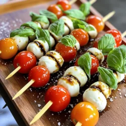 For your Caprese skewers, you will need: - 1 cup cherry tomatoes, vibrant and ripe - 1 cup fresh mozzarella balls (such as bocconcini or ciliegine) - A handful of fresh basil leaves, preferably large ones - 2 tablespoons balsamic glaze, for a sweet and tangy kick - 1 tablespoon extra virgin olive oil, for richness - Salt and freshly cracked black pepper, to taste - Wooden or metal skewers, 6 to 8 inches in length To ensure your Caprese skewers shine, start with the freshest ingredients. Look for tomatoes that are firm and bright. They should smell sweet and earthy. For mozzarella, choose balls that feel soft and plump. They should look glossy with no cracks. Basil leaves must be vibrant green, free of spots or wilting. Always buy your ingredients close to the time you plan to make the skewers. If you want to switch things up, consider these options: - Use grape tomatoes instead of cherry tomatoes for a slight sweetness. - Try burrata cheese for a creamier texture. - For a spicy kick, add slices of jalapeño or a sprinkle of red pepper flakes. - If you're vegan, substitute mozzarella with marinated tofu or vegan cheese. These alternatives can add a fun twist to your Caprese skewers while keeping them fresh and tasty. To start, rinse your cherry tomatoes and fresh basil leaves in cold water. Make sure to dry them gently with a clean towel. This helps keep them fresh and tasty. Next, gather your skewers. If you're using wooden ones, soak them in water for about 30 minutes to prevent burning on the grill or in the oven. Now comes the fun part! Take a skewer and thread on one cherry tomato first. Then, fold a basil leaf if it’s large, and slide it onto the skewer next. Follow this with a mozzarella ball. Repeat this pattern—cherry tomato, basil leaf, mozzarella ball—until you fill the skewer. Aim for three cherry tomatoes and three mozzarella balls. Leave a little space at the ends to hold the skewer easily. Once your skewers are ready, place them on a platter. Drizzle some extra virgin olive oil across the top. This adds a rich flavor that balances the fresh tastes. Then, drizzle balsamic glaze for that sweet, tangy kick. Finally, sprinkle salt and freshly cracked black pepper to bring out the natural flavors. For a stunning look, add an extra drizzle of balsamic glaze before serving. You can find the full recipe in the main article. Enjoy these bright, fresh bites at your next gathering! Choosing the right ingredients is key to great Caprese skewers. Start with ripe cherry tomatoes. Look for bright colors and firmness. Fresh mozzarella should be soft and creamy. I like using bocconcini or ciliegine for their size. Don’t forget about the basil! Large leaves bring a fresh taste. Always pick leaves that are green and fragrant. The quality of your ingredients will shine through in every bite. Caprese skewers are perfect for parties. They are easy to eat and look great on a table. You can make them ahead of time, so you have less stress when guests arrive. Serve them alongside crackers, olives, or dips for variety. Consider pairing the skewers with a refreshing drink. A sparkling lemonade or a light wine works well. Your guests will enjoy the flavors and appreciate the effort. A beautiful presentation can elevate your Caprese skewers. Arrange them on a large platter. Drizzle balsamic glaze over the top for a glossy finish. For a fun twist, place the skewers upright in a jar filled with fresh basil. This makes a stunning centerpiece. You can also add colorful plates or napkins to brighten the table. Presentation matters, and these ideas will make your dish stand out at any occasion. {{image_4}} You can play with flavors in Caprese skewers. Try adding slices of ripe avocado for creaminess. You can also use marinated artichoke hearts for a tangy twist. If you love spice, add jalapeño slices or roasted red peppers. These swaps add new tastes while keeping it fresh and fun. Balsamic glaze is a classic choice, but you can try others too. A pesto drizzle gives a rich herbal flavor. For a zesty touch, use lemon vinaigrette or a garlic-infused olive oil. These dressings not only enhance taste but also make your skewers look beautiful. You can easily make this dish vegan. Replace mozzarella with vegan cheese or silken tofu. For a nutty flavor, try adding cashew cheese. Use a plant-based balsamic glaze to keep it all vegan. These changes let everyone enjoy Caprese skewers, no matter their diet. For the full recipe, check out the Caprese Skewers Delight. To keep your Caprese skewers fresh, store them in an airtight container. Place a damp paper towel inside to help maintain moisture. This will keep the tomatoes and mozzarella from drying out. Consume leftovers within two days for the best taste. For the best results, buy fresh mozzarella and tomatoes. Store mozzarella in its brine or water. This keeps it moist and flavorful. For cherry tomatoes, keep them at room temperature. Cold can ruin their taste and texture. Basil should stay in a glass of water. Cover it loosely with a plastic bag to keep it fresh longer. I do not recommend freezing Caprese skewers. Freezing changes the texture of tomatoes and cheese. If you have extra ingredients, you can freeze mozzarella. Just remember to thaw it in the fridge before use. Enjoy your Caprese skewers fresh for the best experience! For the full recipe, check the Caprese Skewers Delight section. You can store Caprese skewers in the fridge for up to two days. Keep them in an airtight container. Make sure to separate layers with parchment paper to prevent sticking. The tomatoes and cheese will stay fresh, but the basil may wilt slightly. Yes, you can make Caprese skewers a few hours ahead. Just assemble them and chill in the fridge. For the best taste, add the olive oil and balsamic glaze right before serving. This keeps the flavors bright and fresh. Caprese skewers pair well with many sides. Here are some great options: - Garlic bread or bruschetta - A light salad, like arugula with lemon vinaigrette - Antipasto platter with cured meats and olives - Fresh fruit, such as strawberries or melon For a complete experience, check out the Full Recipe: Caprese Skewers Delight . You learned about making Caprese skewers, from choosing great ingredients to storing leftovers. I shared tips for freshness and fun flavor ideas. You can mix it up with unique combinations and sauces to fit dietary needs. Remember to present your skewers well for gatherings. With these steps, you can impress everyone at your next event. Enjoy making and sharing these tasty bites! They are sure to be a hit!