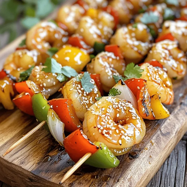 - 1 lb large shrimp, peeled and deveined - 1/4 cup honey - 1/4 cup low sodium soy sauce - 3 cloves garlic, finely minced - 1 tablespoon fresh ginger, grated - 1 tablespoon sesame oil - 1 teaspoon crushed red pepper flakes - 1 bell pepper (any color), cut into bite-sized chunks - 1 onion, cut into bite-sized chunks - Wooden or metal skewers - Sesame seeds, for garnish - Fresh cilantro or parsley, for garnish You might want to change some ingredients for your taste. Here are some ideas: - Alternatives for honey: Use maple syrup or agave nectar for sweetness. - Options for soy sauce: Coconut aminos or tamari work well for a gluten-free option. - Vegetable substitutes for skewers: Zucchini, mushrooms, or cherry tomatoes can replace bell peppers and onions. This recipe invites you to play with ingredients. Feel free to adjust as you like. For the full recipe, check the details above. Start by making the marinade. In a mixing bowl, combine the following ingredients: - 1/4 cup honey - 1/4 cup low sodium soy sauce - 3 cloves garlic, finely minced - 1 tablespoon fresh ginger, grated - 1 tablespoon sesame oil - 1 teaspoon crushed red pepper flakes Whisk these ingredients together until they blend well. Next, add the shrimp. Make sure each shrimp gets coated in the marinade. Cover the bowl with plastic wrap. Let the shrimp marinate for at least 30 minutes. For even better flavor, you can marinate them for up to 2 hours in the fridge. While the shrimp marinates, prepare your skewers. If you're using wooden skewers, soak them in water for 30 minutes. This helps prevent burning on the grill. For metal skewers, you can skip this step. Now, take the skewers and start threading. Alternate pieces of bell pepper and onion with the shrimp. This not only adds taste but also looks great on the plate. Keep the colors bright for a nice presentation. Before you grill, preheat your grill or grill pan to medium-high heat. If you're using a grill, brush the grates lightly with oil to stop the skewers from sticking. Once the grill is hot, place the skewers on it. Cook them for 2-3 minutes on each side. You’ll know the shrimp is done when it turns pink and opaque. For added flavor, baste the shrimp with leftover marinade during grilling. Be careful to discard any marinade that touched raw shrimp to keep things safe. After grilling, take the skewers off the grill. Let them rest for a few minutes. This helps the juices settle and keeps the shrimp tender. Before serving, sprinkle sesame seeds on top and add fresh cilantro or parsley for color. For the full recipe, you can refer to the section above. Enjoy your Honey Garlic Shrimp Skewers! To avoid overcooking, watch the time closely. Cook the shrimp for just 2-3 minutes on each side. Remove them once they turn pink and opaque. If they curl tightly, they are likely overdone. The signs of perfectly cooked shrimp are simple. They should have a firm texture and a nice pink color. If they look gray or feel mushy, they need more time. You can boost the flavor of your marinade. Try adding a splash of lime juice or some fresh herbs like basil or cilantro. Marinades can change the taste, so feel free to explore. If you like heat, adjust the red pepper flakes. Start with a small amount and taste as you go. This way, you can find the perfect spice level for your dish. For gatherings, serve the skewers on a large platter. This creates an inviting look. You can also place lime wedges around the skewers for added color and flavor. Using garnishes can really make your dish pop. A sprinkle of sesame seeds adds a nice crunch. Fresh cilantro or parsley gives a vibrant touch and brightens the plate. For a fun twist, you can display the skewers in a vertical holder. This adds flair and makes them easy for guests to grab. For more details, check the Full Recipe to ensure your Honey Garlic Shrimp Skewers shine! {{image_4}} You can swap shrimp for chicken or tofu. Chicken adds a hearty bite. It’s best to cut chicken into small pieces for even cooking. Marinate it just like the shrimp. Tofu is a great vegan option. Use firm tofu, cut into cubes. Tofu absorbs flavors well, so let it soak in the marinade for a good hour. Try a sweet and spicy twist. Add sriracha to the marinade for heat. You can also mix in pineapple juice for a tropical flavor. For citrus-infused variations, add fresh lime or orange juice. This gives the skewers a fresh zing. You can even sprinkle lime zest on before serving for more brightness. Pair your skewers with rice or a fresh salad. Coconut rice complements the flavors well. A light cucumber salad adds crunch and freshness. For dips, consider a spicy mayo or a tangy yogurt sauce. These add an extra layer of flavor. If you want something unique, a mango salsa works great too. You can find the Full Recipe for Honey Garlic Shrimp Skewers in the earlier section. To keep your Honey Garlic Shrimp Skewers fresh, store any leftovers right away. Place them in an airtight container. Make sure the container is sealed well to keep moisture out. You can store the skewers in the refrigerator for up to three days. For long-term storage, freezing is a great option. Wrap the skewers in plastic wrap, and then place them in a freezer bag. Remove as much air as possible before sealing. You can freeze them for up to three months. When you want to enjoy your leftovers, reheating them properly is key. The best way is to use an oven. Preheat it to 350°F (175°C). Place the skewers on a baking sheet and cover them with foil. Heat for about 10-15 minutes, checking often. You can also use a microwave. If you choose this method, place the skewers on a microwave-safe plate. Cover with a damp paper towel to keep moisture in. Heat in short bursts of 30 seconds until warm. To maintain the texture and flavor, avoid overheating. Shrimp can become rubbery if cooked too long. Enjoy your Honey Garlic Shrimp Skewers just like they were fresh! For the complete recipe, refer to the Full Recipe. You can tell the shrimp is done by looking at its color and texture. Cooked shrimp turns pink and becomes opaque. The shrimp should also curl slightly. If you see this, it's ready to eat. Avoid overcooking, as shrimp can become tough. A cooking time of 2-3 minutes per side works well on the grill. Using a meat thermometer, shrimp should reach an internal temperature of 120°F for safe eating. Yes, you can use frozen shrimp. First, make sure to thaw them properly. The best way is to place them in the fridge overnight. If you're short on time, run them under cold water for about 5-10 minutes. Once thawed, pat them dry with a paper towel. This helps the marinade stick better. Always check for any shell residue before cooking. These skewers pair well with various sides and drinks. Consider serving them with: - Jasmine or basmati rice - Grilled vegetables like zucchini and asparagus - A simple green salad with a light dressing - Pineapple or mango salsa for a fruity twist - Cold drinks like iced tea or a crisp white wine For more ideas, check out the Full Recipe for tips on complementary flavors and sides! In this blog post, we covered the essentials for making delicious Honey Garlic Shrimp Skewers. From the key ingredients to substitutions, each step helps you create the perfect dish. I shared tips on marinating, grilling, and presenting your skewers. Remember, many variations exist, so feel free to get creative with proteins and flavors. Proper storage and reheating will keep your dish fresh for later. Enjoy your cooking journey, and savor each bite of these tasty skewers!