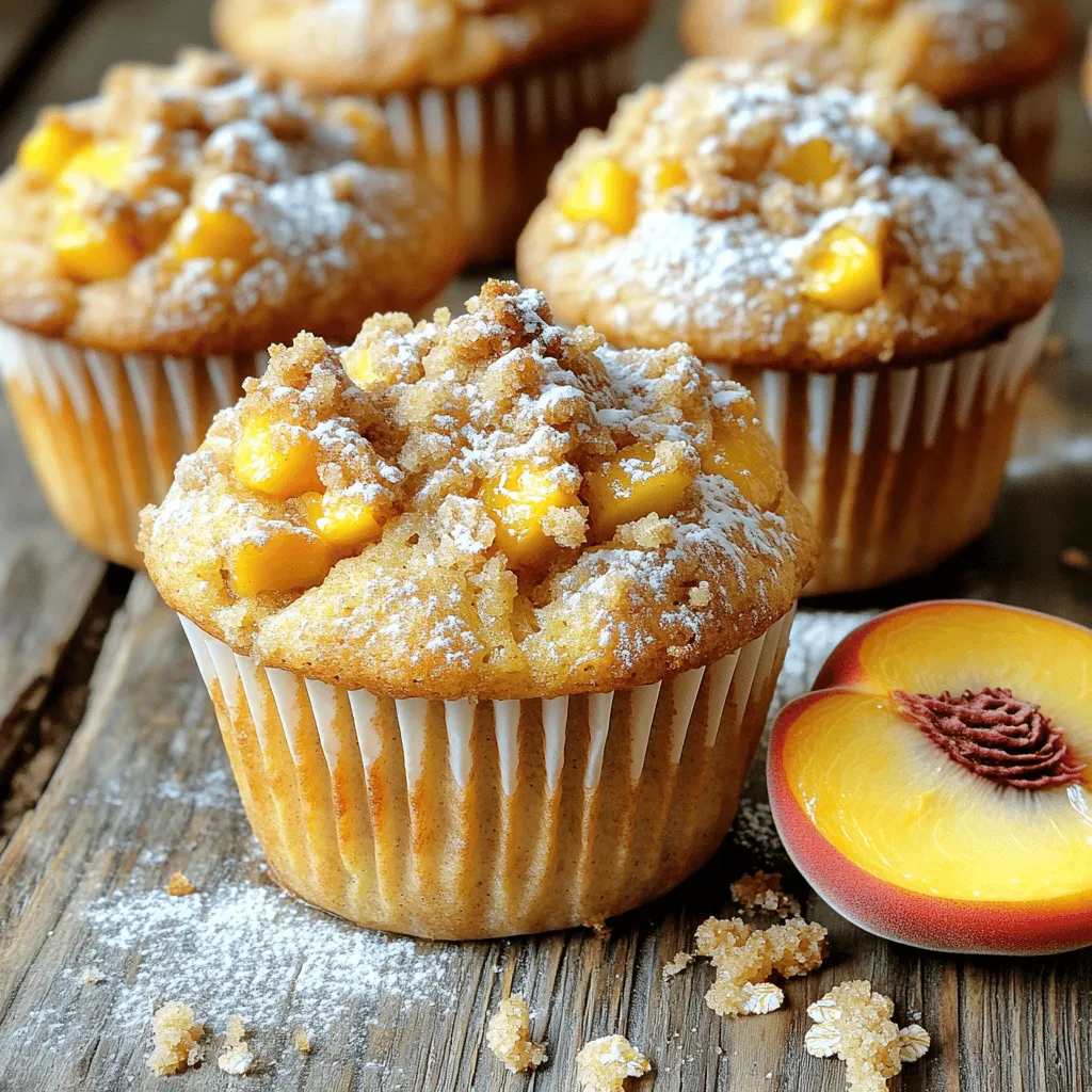 - 2 ripe peaches, peeled and diced - 1 ½ cups all-purpose flour - ½ cup granulated sugar - ½ cup brown sugar, packed - 1 tablespoon baking powder - ½ teaspoon baking soda - ½ teaspoon salt - 1 teaspoon ground cinnamon - ½ cup unsalted butter, melted and slightly cooled - 2 large eggs - ½ cup milk - 1 teaspoon vanilla extract The main ingredients in these muffins create a sweet and moist treat. Fresh peaches add a juicy burst of flavor. All-purpose flour gives structure and helps the muffins rise. The sugars balance the flavors, while eggs and butter contribute to a rich texture. - ½ cup rolled oats - ¼ cup all-purpose flour - ½ cup brown sugar, packed - 1 teaspoon ground cinnamon - ¼ cup unsalted butter, softened The streusel topping adds a crunchy contrast to the soft muffins. Rolled oats provide chewiness, while brown sugar brings a deep sweetness. Ground cinnamon ties all the flavors together, making each bite even more delightful. - Muffin tin - Mixing bowls - Whisk - Spatula Using the right tools makes baking easier. A muffin tin shapes the muffins perfectly. Mixing bowls help keep everything organized. A whisk combines the wet and dry ingredients smoothly, while a spatula ensures no batter is left behind. For the full recipe, check out the detailed instructions and enjoy baking these Classic Peach Streusel Muffins! Preheat your oven to 375°F (190°C). Grab your muffin tin. You can line it with paper liners or lightly grease it with cooking spray. This step helps your muffins come out easily. In a medium bowl, mix these ingredients for the streusel: - ½ cup rolled oats - ¼ cup all-purpose flour - ½ cup brown sugar, packed - 1 teaspoon ground cinnamon - ¼ cup unsalted butter, softened Use your hands or a fork to blend until it looks like coarse crumbs. Set it aside for later. In a large bowl, whisk together the dry ingredients: - 1 ½ cups all-purpose flour - ½ cup granulated sugar - ½ cup brown sugar, packed - 1 tablespoon baking powder - ½ teaspoon baking soda - ½ teaspoon salt - 1 teaspoon ground cinnamon In another bowl, whisk these wet ingredients: - ½ cup unsalted butter, melted and slightly cooled - 2 large eggs - ½ cup milk - 1 teaspoon vanilla extract Pour the wet mixture into the dry ingredients. Stir gently until just combined. Do not overmix, or your muffins may turn out dense. Now, fold in two diced peaches with a spatula or wooden spoon. Spoon the muffin batter into the prepared muffin tins. Fill each cup about two-thirds full. This allows space for the muffins to rise. Next, generously sprinkle the streusel topping on each muffin to add that delicious crunch. Place the muffin tin in the preheated oven. Bake for 20-25 minutes. Check doneness by inserting a toothpick into the center of a muffin. If it comes out clean, you are good to go! The tops should look lightly golden. Enjoy the sweet smell as they bake. To make great muffins, you want a soft, fluffy texture. Start by measuring your flour correctly. Use a spoon to fill your measuring cup, then level it off with a knife. This helps avoid too much flour in the mix. Next, mix your batter until just combined. Overmixing makes muffins dense and tough. Stir gently to keep air in the batter. Let your muffins cool for about five minutes in the pan. This makes them easier to remove. After that, transfer them to a wire rack. Serve them warm for the best taste. You can enjoy them plain or with a pat of butter. A drizzle of honey also adds a sweet touch. For a fun twist, add a slice of fresh peach on the side. If your muffins turn out dense, check your mixing technique. Overmixing can cause this problem. If the centers are uncooked, your oven might be too hot. Try lowering the temperature by 25°F. Keep an eye on the baking time. Use a toothpick to test for doneness. If it comes out clean, your muffins are ready. For the best results, follow the Full Recipe closely. {{image_4}} You can make this recipe healthier by changing a few ingredients. Whole wheat flour works great in place of all-purpose flour. It adds fiber and nutrients. If you prefer, almond flour is also a great choice. It gives a nutty flavor and is gluten-free. Keep in mind that the texture will change slightly. You may need to adjust the liquid in your recipe. To make your muffins even more exciting, try adding spices or nuts. A pinch of nutmeg or ginger can add warmth. You can also mix in chopped walnuts or pecans for crunch. If you want to change the fruit, consider using blueberries or raspberries. They pair well with the sweetness of peaches. Feel free to experiment with what you have on hand. Want a fun twist? Try making mini muffins instead of regular ones. Just fill the smaller cups about halfway. They bake faster, usually in about 12-15 minutes. You can also use a loaf pan for a peach bread. Just adjust the baking time, checking for doneness with a toothpick. This way, you can enjoy your delicious treat in different forms. For the full recipe, check out the link above. To keep your muffins fresh, store them at room temperature. Use an airtight container to prevent them from drying out. If you want to keep them longer, you can refrigerate them. Just remember that refrigeration can make them a bit dry. I prefer to keep them in a cool, dry place. Freezing muffins is a great way to store them for long-term use. Wrap each muffin tightly in plastic wrap. Then, place them in a freezer-safe bag or container. This protects them from freezer burn. When you're ready to eat, take one out and leave it in the fridge overnight to thaw. You can also thaw them at room temperature for a few hours. To enjoy your muffins warm, reheating is key. You can use the oven for the best results. Preheat your oven to 350°F (175°C). Place the muffins on a baking sheet for about 5-10 minutes. If you're in a hurry, the microwave works too! Heat them for about 15-20 seconds. Enjoy your muffins fresh and warm! For the complete recipe, check the Full Recipe. Your muffins are done when they are golden brown on top. The best test is the toothpick test. Insert a toothpick into the center of a muffin. If it comes out clean, your muffins are ready. If it has wet batter, bake for a few more minutes. Keep an eye on them, as ovens can vary. Yes, you can use frozen peaches. Just make sure to thaw them first. Drain any excess liquid before adding them to the batter. This helps keep the muffins from getting too wet. You may want to add a bit more flour to balance the moisture. If you don't have unsalted butter, you can use salted butter. Just reduce the salt in the recipe by half. You can also use vegetable oil or coconut oil as a substitute. These options work well and will keep your muffins moist. To get a crunchy streusel, make sure to mix the butter well. Use cold butter and cut it into the dry ingredients until crumbly. Don’t skip the oats; they add texture. Bake the muffins until the topping is golden brown. This will give you that perfect crunch every time. Making peach streusel muffins is easy and fun. We explored fresh ingredients like peaches, flour, and butter for a tasty treat. The step-by-step guide shows how to combine everything and achieve the perfect texture. I shared tips on storage and how to troubleshoot common issues. Try these variations to make your muffins unique. Whether you enjoy them fresh or frozen, these muffins will brighten your day. Now, gather your tools and bake a batch to savor!