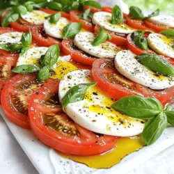 - 3 large ripe tomatoes - 1 cup fresh basil leaves - 8 oz fresh mozzarella cheese - 3 tablespoons extra-virgin olive oil - 1 tablespoon balsamic glaze - Sea salt and freshly cracked black pepper The heart of a great Caprese salad lies in its fresh ingredients. You need ripe tomatoes. They should feel slightly soft when you press them. Look for vibrant color, too. Fresh basil leaves add a sweet, peppery taste. Use whole, green leaves as they hold more flavor. For the cheese, fresh mozzarella is key. It should be creamy and soft, not rubbery. Slice it thickly to match your tomato slices. This creates harmony in both taste and texture. Next, we add flavor with olive oil and balsamic glaze. Extra-virgin olive oil gives richness. Balsamic glaze adds a sweet touch. Finally, sprinkle sea salt and cracked black pepper. This enhances all the flavors. For the full recipe, follow the steps closely to create a delicious dish. Enjoy every bite of this fresh and flavorful delight! To make your Caprese salad shine, start with the tomatoes and mozzarella. Slice three large, ripe tomatoes into thick rounds. Then, take eight ounces of fresh mozzarella and cut it into similar thicknesses. Now, layer them on a large platter or individual plates. Alternate the slices of tomato and mozzarella in a circle or straight line. This pattern creates a lovely visual. Aim for balance in color and size. For a beautiful display, keep the layers even and neat. Fresh basil is key to this dish. It adds a fragrant aroma and bright flavor. After layering the tomatoes and mozzarella, tuck fresh basil leaves between each slice. This not only looks great but also enhances taste. Place the basil leaves strategically, allowing them to peek out. You can use whole leaves or tear them for a rustic look. The green color really pops against the red and white of the salad. Next, it’s time to drizzle. Use three tablespoons of extra-virgin olive oil. Pour it evenly over the salad. Let the oil catch the edges of the tomatoes and mozzarella for added flavor. Now for the balsamic glaze. Drizzle one tablespoon over the top. This adds a sweet and tangy kick to each bite. Finally, season with sea salt and freshly cracked black pepper. Start with a pinch of salt and a few cracks of pepper. Taste and adjust as needed. This simple step makes your salad come alive. For the full recipe, check out the details above! To make a great Caprese salad, start with ripe tomatoes. Look for tomatoes that feel heavy for their size. Their skin should be smooth and slightly shiny. A ripe tomato will have a sweet aroma too. The color should be bright and deep, showing it's ready to eat. When picking mozzarella, fresh is best. Look for mozzarella packed in water for extra moisture. Choose mozzarella that feels soft and springy. It should not be rubbery or too hard. A good mozzarella has a creamy taste that pairs well with tomatoes. A drizzle of olive oil adds richness to your salad. Use high-quality extra-virgin olive oil for the best flavor. It should taste fruity and fragrant. Balsamic glaze adds a sweet and tangy kick. Drizzle it lightly to enhance the dish without overpowering it. Adjust the salt and pepper to make the flavors pop. Start with a small pinch of salt and a few cracks of pepper. Taste as you go, adding more if needed. This balance will make each bite sing. To make your Caprese salad shine, consider garnishing with extra basil leaves. Arrange them neatly on top for a fresh look. You can also sprinkle some chili flakes for a hint of heat. When serving, consider the occasion. For a picnic, use individual plates for easy grabbing. For a dinner party, a large platter looks stunning. Make sure to serve it right away for the best taste and freshness. {{image_4}} You can make your Caprese salad even more fun by adding extra ingredients. Try different vegetables, like bell peppers or cucumbers. These veggies add crunch and color. You can also mix in fruits. Sliced avocado or peaches can give a nice twist to the flavor. Experimenting with cheeses can also change the dish. While fresh mozzarella is classic, you might enjoy burrata for a creamier taste. Feta cheese provides a salty kick. Each cheese brings its own flavor, making each bite unique. Need to make it vegan or dairy-free? No problem! Simply skip the cheese or use a dairy-free alternative. Cashew cheese or almond cheese works well. For a tasty vegan version, add nuts for protein. If you’re looking for gluten-free options, Caprese salad is already gluten-free. Pair it with gluten-free bread or crackers for a complete meal. This way, everyone can enjoy it, no matter their diet. Caprese salad shines as an appetizer. Serve small portions on skewers for a fun finger food. Stack tomato and mozzarella cubes with basil leaves. Drizzle olive oil over them for extra flavor. Want to turn it into a hearty meal? Add grilled chicken or shrimp. This makes a filling lunch or dinner. You can also toss it with pasta for a fresh, flavorful dish. The options are endless! For the full recipe, check out the Caprese Delight Salad. To keep your Caprese salad fresh, store it in an airtight container. Layer the tomatoes, mozzarella, and basil with care. This helps protect the delicate flavors. Use paper towels to absorb extra moisture. This keeps the salad crisp and tasty. For leftovers, finish the salad within two days. The tomatoes can get mushy over time. If you want to keep the ingredients fresh longer, store the basil separately. Keep it in a glass of water like a flower. This method keeps it vibrant and green. You can prep the ingredients ahead of time. Slice the tomatoes and mozzarella a few hours before serving. Store them in separate containers. This way, they stay fresh until you are ready to assemble. For meal prepping, layer the ingredients in jars. Start with tomatoes, then mozzarella, and finish with basil. Drizzle olive oil and balsamic glaze just before serving. This keeps the salad from getting soggy. Can you freeze Caprese salad? No, it's best not to freeze it. Freezing changes the texture of tomatoes and mozzarella. They become watery and mushy when thawed. If you want to freeze individual ingredients, that works. You can freeze basil in ice cube trays with olive oil. This makes a great flavor booster for future dishes. Just remember, always assemble the salad fresh for the best taste. The best mozzarella for Caprese salad is fresh mozzarella. It has a soft and creamy texture that melts in your mouth. There are two main types of fresh mozzarella: *mozzarella di bufala* and *fior di latte*. - Mozzarella di bufala: Made from buffalo milk. It is richer and more flavorful. This type is often creamier, making it a top choice for gourmet dishes. - Fior di latte: Made from cow's milk. It is milder and less fatty than buffalo mozzarella. It works well for those who prefer a lighter taste. Choosing between these types depends on your flavor preference. Both types will elevate your Caprese salad. Yes, you can make Caprese salad in advance. However, I recommend preparing the ingredients separately. This keeps the salad fresh and tasty. Here are some tips for preparing ahead: - Slice tomatoes and mozzarella: You can slice these a few hours before serving. Keep them covered in the fridge. - Wash and dry basil: Prepare basil leaves beforehand. Store them in a damp paper towel in a sealed bag. - Dress before serving: Wait to drizzle the olive oil and balsamic glaze until just before you serve. This prevents the salad from getting soggy. By following these tips, you can enjoy a fresh Caprese salad even when you're busy. There are many fun ways to mix up your Caprese salad. Here are some popular alternatives and enhancements: - Add fruit: Try sweet fruits like peaches or strawberries. They add a nice twist. - Use different cheeses: Goat cheese or burrata can create a delightful change. - Incorporate veggies: Slice cucumbers or bell peppers for crunch. They also bring extra colors to your dish. - Drizzle with flavored oils: Use herb-infused oils for a new taste experience. These variations allow you to customize your Caprese salad and keep it exciting! For the full recipe, check the earlier sections of this article. You learned how to make a fresh and tasty Caprese salad. I shared key ingredients like ripe tomatoes, fresh basil, and mozzarella. You know how to layer and present them beautifully. You also discovered tips for selecting quality ingredients and adding flavors. Remember, you can get creative with variations and serving ideas. Incorporate what you’ve learned, and enjoy making this dish your own!