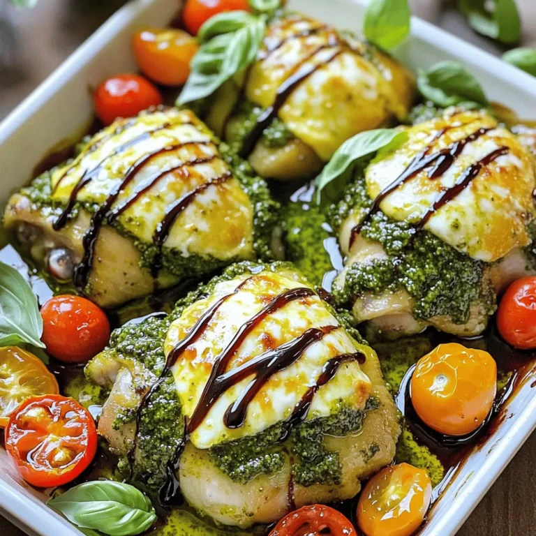 - 4 boneless, skinless chicken thighs - 1 cup basil pesto (homemade or high-quality store-bought) - 1 cup cherry tomatoes, halved - 1 cup shredded mozzarella cheese - 1 tablespoon extra virgin olive oil - Sea salt and freshly cracked pepper to taste - Fresh basil leaves for garnish - Balsamic glaze (optional for a flavorful drizzle) When I make Baked Pesto Chicken, I love how simple and fresh the ingredients are. The chicken thighs become juicy and tender when you bake them. The pesto adds a burst of flavor that makes the dish shine. You can use homemade pesto or grab a jar from the store. Both options work great. The cherry tomatoes are a fun addition. They soften and sweeten as they cook, adding color and taste. I always choose fresh mozzarella for a creamy finish. The cheese melts beautifully on top of the chicken, creating a delicious layer. For seasoning, I use extra virgin olive oil to add richness. A sprinkle of sea salt and fresh pepper brings out the best flavors. Fresh basil leaves are perfect for garnishing. They add a bright look and a hint of aroma. If you want a tangy touch, drizzle some balsamic glaze over the top. It’s optional but oh-so-good! These ingredients combine to create a dish that is both easy to make and delightful to eat. You’ll find the full recipe for Baked Pesto Chicken Delight in the article. It’s a dish that will impress anyone at your table! - Preheat the oven to 375°F (190°C). - Drizzle olive oil in the baking dish and spread evenly. To start, preheat your oven. This step is key for even cooking. While it warms up, grab a medium-sized baking dish. Add olive oil at the bottom. This will help keep the chicken from sticking. Make sure to spread the oil well. - Season chicken thighs with sea salt and pepper. - Coat each thigh generously with pesto. Now, take your chicken thighs. Sprinkle them with sea salt and pepper. Don’t be shy; this adds flavor. Next, grab that delicious pesto. Use a spoon to coat each thigh well. The more pesto, the better. This will make the chicken juicy and packed with flavor. - Scatter cherry tomatoes around the chicken. - Cover with foil and bake for 25 minutes. - Remove foil, add mozzarella, and bake for an additional 15 minutes until cooked through. Time to bake! Add halved cherry tomatoes around the chicken. They bring a nice sweetness. Cover the dish tightly with foil. Bake for 25 minutes. After that, carefully remove the foil. Be careful; steam will escape. Now, sprinkle shredded mozzarella on top. This will melt and create a cheesy layer. Bake for another 15 minutes. Make sure the chicken is cooked through. It should reach 165°F (75°C). Enjoy the aroma filling your kitchen! - Ensure chicken reaches 165°F (75°C) for safety. This is key to enjoying your meal. - Let chicken rest for a few minutes before serving. This helps lock in the juices. - Garnish with fresh basil and a drizzle of balsamic glaze. This adds color and flavor. - Serve with a side salad or crusty bread for a complete meal. The bread is great for soaking up juices. In my experience, these simple tips can elevate your dish. Enjoy making this baked pesto chicken! For the complete recipe, check out the [Full Recipe]. {{image_4}} You can mix things up with different proteins for baked pesto chicken. If you want a leaner option, use chicken breasts instead of thighs. They will still soak up the pesto flavor well. Another great choice is shrimp. The quick cooking time makes shrimp a fun twist. You can easily enjoy the same pesto goodness with a seafood flair. If you prefer a plant-based option, try using tofu. Firm tofu will soak up the pesto and give you a hearty meal. Just make sure to press it first to remove excess water. Adding flavor boosts the taste of your baked pesto chicken. One fun way is to incorporate roasted garlic. Roasting garlic makes it sweet and soft, adding depth to the dish. You can also mix in sun-dried tomatoes. They bring a rich, tangy flavor that pairs well with the pesto. If you love citrus, try adding lemon zest. The zest adds a bright and fresh kick that balances the dish nicely. These flavor additions can elevate your meal and keep it exciting each time you make it. You can store leftover baked pesto chicken easily. Place it in an airtight container. It will stay fresh in the fridge for up to 3 days. If you want to keep it longer, freeze it. It can last in the freezer for up to 3 months. Just make sure to wrap it well to avoid freezer burn. When you’re ready to enjoy the leftovers, reheat them in the oven. This method keeps the chicken juicy and the cheese melty. Set the oven to 350°F (175°C) and warm for about 15-20 minutes. If you need a quick option, use the microwave. However, this may change the texture. The chicken might become a bit rubbery. For the best taste, I always recommend the oven! Yes, homemade pesto can enhance the flavor of the dish. Making your own pesto allows you to control the taste. You can adjust the garlic, cheese, and nuts to your liking. Fresh basil adds a bright note to the chicken. If you have a favorite recipe, use it! Consider pairing it with pasta, rice, or a salad. The chicken's rich flavor works well with many sides. You can toss pasta with olive oil and garlic for a simple dish. A fresh green salad adds crunch and balance. Rice can soak up the tasty juices, making every bite better. Boneless chicken thighs typically take around 40 minutes in the oven. The key is to cook them until they reach 165°F (75°C). This ensures the chicken is safe to eat. If you use bone-in thighs, they will take longer to cook. Always check the temperature in the thickest part. Yes, as long as you use gluten-free pesto and bread, if serving with it. Many store-bought pestos are gluten-free, but always check the labels. If you make your own pesto, you control the ingredients. This dish can fit into many diets without fuss. In this blog post, we covered how to make baked pesto chicken thighs. You learned about key ingredients like chicken, pesto, and cheese. We went through the simple steps for preparation and baking. I provided tips for cooking and serving this dish perfectly. Remember, you can add your twist by changing up proteins or flavors. Don’t forget to store leftovers properly for another tasty meal. Enjoy cooking this easy dish that is full of flavor!