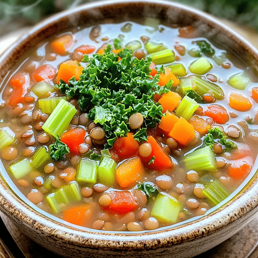 - 1 cup green or brown lentils, thoroughly rinsed - 1 medium onion, finely chopped - 2 medium carrots, diced into small cubes - 2 stalks celery, diced - 3 cloves garlic, minced - 1 can (14 oz) diced tomatoes, including juices - 6 cups vegetable broth (preferably low-sodium) - 2 teaspoons ground cumin - 1 teaspoon smoked paprika - 1 bay leaf - 2 cups kale, stems removed and chopped - Salt and freshly ground black pepper to taste - 2 tablespoons olive oil - Fresh parsley, chopped, for garnish - Fresh herbs like thyme or basil - Bell peppers or other vegetables like zucchini Lentils are a powerhouse of nutrition. They offer protein, fiber, and iron. They keep you full and satisfied. Low-sodium broth helps control salt intake, making this soup heart-healthy. Using fresh herbs adds flavor and nutrients without extra calories. Each ingredient in this soup serves a purpose. Enjoy the health benefits while you savor the rich taste. For the full recipe, check out the previous section. - Prepping vegetables: Start by chopping your onion, carrots, and celery. Dice them into small pieces. This helps them cook evenly. Use a sharp knife for safety and ease. Mince the garlic as well. Set these aside for later. - Rinsing lentils: Measure one cup of lentils. Place them in a fine mesh strainer. Rinse them under cold water. This removes dirt and any small stones. Make sure to rinse until the water runs clear. This step is vital for clean soup. - Sautéing aromatics: Heat two tablespoons of olive oil in a large pot. Use medium heat. Add the chopped onion and cook for about five minutes. When the onion turns soft and clear, add the diced carrots and celery. Stir them in and cook for another five to seven minutes. This blend creates a tasty base for your soup. - Simmering the soup: Stir in the minced garlic, ground cumin, and smoked paprika. Cook this mixture for one minute. Let the spices release their flavors. Next, add the rinsed lentils, canned tomatoes with juices, vegetable broth, and a bay leaf. Raise the heat until it boils. Once it boils, lower the heat and cover the pot. Let it simmer for 30 to 35 minutes. The lentils should be soft but not mushy. - Seasoning and serving: After simmering, remove the bay leaf. Stir in two cups of chopped kale. Let it cook for about five minutes until the kale wilts. Taste the soup and add salt and black pepper as needed. Adjust the seasonings to your liking. - Presentation suggestions: Ladle the hot soup into bowls. For a nice touch, sprinkle chopped parsley on top. Serve with a slice of crusty bread on the side. Drizzling a bit of olive oil on top adds extra flavor. Enjoy your comforting vegan lentil soup! For the full recipe, refer to the section above. To ensure lentils are tender, start with fresh lentils. Old lentils may take longer to cook. Rinse them well before adding to your soup. This removes dirt and helps them cook evenly. To avoid mushy soup, keep an eye on the timer. Lentils cook quickly. Simmer them just until they are tender yet firm. Stir gently while they cook, so they don’t break apart too much. Adjusting spice levels is easy. Start with the basic spices in the recipe. Taste your soup as it cooks. If you want more heat, add a pinch of cayenne. For earthiness, try adding more cumin. Adding extra ingredients can elevate your soup. Consider adding fresh herbs like thyme or basil. You can also toss in some diced bell peppers or spinach for added nutrition and flavor. Pair your soup with crusty bread for a hearty meal. A warm baguette or sourdough works best. Spread a little olive oil or vegan butter on the bread for extra taste. Serving with salads brings freshness to your meal. A simple green salad with a tangy vinaigrette complements the rich flavors of the soup. You can also try a quinoa salad for added protein and fiber. For the full recipe, refer to the detailed instructions provided earlier. Enjoy your cooking adventure! {{image_4}} You can choose different lentils for your soup. Red lentils cook faster and break down easily. They make the soup creamy and thick. Green or brown lentils stay firmer, giving you a nice texture. I like to mix them sometimes for more flavor. You get a tasty balance with both types. Want to spice things up? Try adding coconut milk for a creamy touch. It gives a sweet flavor that pairs well with spices. You can also add curry powder for a warm, rich taste. Adding vegetables like bell peppers or sweet potatoes boosts flavor and nutrition. Get creative and mix in what you love! Texture matters in a good soup. If you want a creamy soup, blend part of it. This gives you a smooth, rich feel. If you prefer a chunky stew, skip the blending. Just enjoy the hearty pieces of lentils and veggies. Both styles are delicious, so pick what suits your mood! After you enjoy your vegan lentil soup, store the leftovers right away. Keep the soup in an airtight container. It stays fresh in the fridge for up to five days. If you want to save it for later, you can freeze it. Pour the cooled soup into freezer-safe containers. Leave some space at the top for expansion. This way, it will last for about three months in the freezer. When you want to enjoy your soup again, there are great ways to reheat it. The best method is on the stove. Pour the soup into a pot and heat it over medium heat. Stir it often to avoid burning. You can also use a microwave. Place the soup in a microwave-safe bowl. Heat it in short bursts, stirring in between. This keeps the flavor and texture just right. If the soup seems thick, add a splash of broth or water. Your vegan lentil soup can last a good while if stored right. In the fridge, it stays fresh for five days. In the freezer, it keeps for three months. Always check for signs of spoilage before eating. If you see mold or it smells off, throw it away. Always trust your senses; if it seems bad, don’t risk it. Enjoy your soup while it’s fresh! Making vegan lentil soup is quick and easy. You need about 15 minutes to prep the ingredients and 35 minutes to cook. So, the total time is about 50 minutes. This includes chopping veggies and letting the soup simmer. Yes, you can use dried lentils! If you choose dried, rinse them and add them to the pot. You should also add about 1 to 1.5 cups of dried lentils. Keep in mind that they will take longer to cook—around 30 to 40 minutes. Adjust the broth to ensure the soup has enough liquid. Absolutely! This soup is gluten-free. All the ingredients, like lentils, veggies, and spices, are safe for a gluten-free diet. You can enjoy this meal without worries about gluten. Pair this soup with crusty bread for a hearty meal. You might also enjoy a fresh salad alongside it. A side of roasted vegetables can add nice crunch and flavor. Feel free to mix and match to find your favorite combinations! This blog post covered how to make a tasty vegan lentil soup. We looked at key ingredients, like lentils, vegetables, and spices. I shared the cooking steps and gave helpful tips to make it perfect. We talked about variations to suit your taste and how to store leftovers for later. In closing, this soup is not just easy but also good for you. You'll enjoy its rich flavors and health benefits. Give it a try and enjoy your meal!