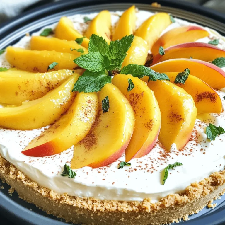 - 1 ½ cups graham cracker crumbs - ½ cup unsalted butter, melted - 2 cups cream cheese, softened to room temperature - 1 cup powdered sugar - 1 teaspoon pure vanilla extract - 1 cup heavy whipping cream - 2 cups fresh peaches, pitted and sliced - ½ teaspoon ground cinnamon - Fresh mint leaves for garnish (optional) When measuring ingredients, use dry measuring cups for solids. For liquids, use liquid measuring cups. Make sure to level off dry ingredients with a knife for accuracy. This helps ensure your cheesecake turns out great. If you are unsure, double-check your amounts. A few extra grams can change the result. Use fresh peaches for the best flavor. Choose ripe peaches that are firm yet slightly soft to the touch. For cream cheese, look for full-fat options; they yield a richer taste. The same goes for heavy cream; full-fat cream gives a better texture. Using quality ingredients makes a big difference in taste. Always opt for unsalted butter to control the salt in your dish. A great cheesecake starts with the right base! To start, gather your graham cracker crumbs and melted butter. In a medium bowl, combine the two. Mix until all the crumbs are coated. The texture should feel like wet sand. Next, take a 9-inch springform pan. Press the crumb mix firmly into the bottom. Aim for an even layer. After that, place the pan in the fridge to chill while you make the filling. Now for the filling! Grab a large mixing bowl and your softened cream cheese. Using an electric mixer, beat the cream cheese until smooth. You want it creamy, with no lumps left. Slowly add the powdered sugar and vanilla extract. Keep mixing until the blend is silky and well combined. In another bowl, pour in the heavy whipping cream. Whip it on high speed until soft peaks form. This usually takes a few minutes. Carefully fold the whipped cream into the cream cheese mix with a spatula. Be gentle to keep the mixture light and airy. With the crust chilled, it’s time to assemble! Spoon the filling onto the crust. Use a spatula to smooth out the top. Now, take your fresh peaches. Toss them in a small bowl with ground cinnamon. Once coated, arrange the peaches on top of the cheesecake filling. This adds a lovely touch. Cover the cheesecake with plastic wrap. Place it in the fridge for at least four hours. For the best results, chill it overnight. This allows the flavors to meld and the cheesecake to set properly. If you want a perfect slice, run a knife around the pan edges before releasing the springform. Enjoy your creation! To avoid lumps in your cheesecake filling, start with soft cream cheese. Let it sit out for about 30 minutes. This step helps make mixing easy. Use an electric mixer on medium speed to blend it well. Add powdered sugar slowly while mixing. This method helps create a creamy texture. Fold in whipped cream gently to keep it light. For a lovely touch, garnish your cheesecake with fresh mint leaves. You can also add sliced peaches on top. A drizzle of honey or caramel enhances the flavor. If you want a bit of crunch, sprinkle crushed graham crackers over the top. Serve each slice on a colorful plate for a nice presentation. One common mistake is using cold cream cheese, which can lead to lumps. Always soften your cream cheese first. For the crust, press the crumbs firmly. This creates a solid base that won't crumble when you cut the cheesecake. Lastly, be patient when setting the cheesecake; chilling it for at least four hours is key. This ensures it firms up nicely. {{image_4}} You can switch up the fruit on your cheesecake. While peaches are great, try using berries or mango. Berries add bright color and tartness. Strawberries, blueberries, or raspberries work well. Mango brings a sweet and tropical vibe. Just slice them thin and arrange them on top. Want to give your cheesecake a twist? Add some spices or extracts. A pinch of nutmeg or a dash of almond extract can change the taste. Try adding lemon zest for a fresh kick. These small changes can make a big difference in flavor. If you need a gluten-free treat, it’s easy to adapt this recipe. Use gluten-free graham crackers for the crust. Check the labels to ensure they are truly gluten-free. The rest of the ingredients are gluten-free, so you’re all set! Enjoy your cheesecake without worry. For the full recipe, visit the [Full Recipe]. To keep your no bake peach cheesecake fresh, place it in the fridge. Use an airtight container, or cover it tightly with plastic wrap. This way, it stays moist and tasty. Make sure to keep it chilled at all times. If you have leftover slices, wrap each piece with plastic wrap. This helps lock in flavor and keeps it safe from odors. If you want to save some cheesecake for later, freezing is a great option. First, let the cheesecake set in the fridge for at least four hours. Once it’s firm, slice it into pieces. Wrap each slice tightly in plastic wrap, then place them in a freezer-safe bag. Make sure to remove as much air as possible. When you want to enjoy it again, just take a slice out and let it thaw in the fridge overnight. In the refrigerator, this delightful cheesecake will stay good for about 5 days. After that, it may lose its great taste and texture. If you freeze it, the cheesecake can last up to 2 months. But for the best flavor, try to eat it sooner. Enjoy every delightful bite of your no bake peach cheesecake! You can find the full recipe above. Yes, you can use canned peaches if fresh ones are not available. Choose peaches in light syrup or juice for the best taste. Drain them well to avoid excess moisture, which can make the cheesecake soggy. Slice them into smaller pieces for a better texture on top of the cheesecake. The cheesecake needs at least 4 hours to set in the fridge. For the best results, I suggest letting it chill overnight. This allows the flavors to meld and the texture to become firm. The longer it sits, the better it tastes! Yes, you can use mascarpone cheese or Greek yogurt as a substitute for cream cheese. Both options give a nice creaminess. However, the flavor will change slightly. If you want a vegan option, use a plant-based cream cheese. Slice the cheesecake into wedges and serve it chilled. You can add a sprig of fresh mint on top for a pop of color. A drizzle of peach syrup or honey can also enhance the flavor. Pair it with a scoop of vanilla ice cream for a treat! Yes, you can make a vegan version of this cheesecake. Use vegan cream cheese and coconut whipped cream in place of regular cream cheese and heavy cream. For the crust, use vegan butter or coconut oil. This way, everyone can enjoy this delicious dessert! For the complete recipe, check out the Full Recipe. This blog post shared a simple peach cheesecake recipe. You learned about the essential ingredients and tips for success. We detailed how to make the crust and filling, assemble, chill, and serve the cheesecake. Remember, using fresh ingredients and avoiding common mistakes are key. Whether you choose peaches or other fruits, this dessert is a win. Enjoy making it, sharing it, and savoring each slice. Happy baking!
