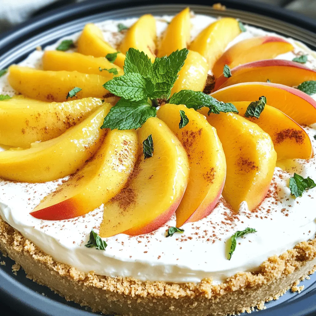 - 1 ½ cups graham cracker crumbs - ½ cup unsalted butter, melted - 2 cups cream cheese, softened to room temperature - 1 cup powdered sugar - 1 teaspoon pure vanilla extract - 1 cup heavy whipping cream - 2 cups fresh peaches, pitted and sliced - ½ teaspoon ground cinnamon - Fresh mint leaves for garnish (optional) When measuring ingredients, use dry measuring cups for solids. For liquids, use liquid measuring cups. Make sure to level off dry ingredients with a knife for accuracy. This helps ensure your cheesecake turns out great. If you are unsure, double-check your amounts. A few extra grams can change the result. Use fresh peaches for the best flavor. Choose ripe peaches that are firm yet slightly soft to the touch. For cream cheese, look for full-fat options; they yield a richer taste. The same goes for heavy cream; full-fat cream gives a better texture. Using quality ingredients makes a big difference in taste. Always opt for unsalted butter to control the salt in your dish. A great cheesecake starts with the right base! To start, gather your graham cracker crumbs and melted butter. In a medium bowl, combine the two. Mix until all the crumbs are coated. The texture should feel like wet sand. Next, take a 9-inch springform pan. Press the crumb mix firmly into the bottom. Aim for an even layer. After that, place the pan in the fridge to chill while you make the filling. Now for the filling! Grab a large mixing bowl and your softened cream cheese. Using an electric mixer, beat the cream cheese until smooth. You want it creamy, with no lumps left. Slowly add the powdered sugar and vanilla extract. Keep mixing until the blend is silky and well combined. In another bowl, pour in the heavy whipping cream. Whip it on high speed until soft peaks form. This usually takes a few minutes. Carefully fold the whipped cream into the cream cheese mix with a spatula. Be gentle to keep the mixture light and airy. With the crust chilled, it’s time to assemble! Spoon the filling onto the crust. Use a spatula to smooth out the top. Now, take your fresh peaches. Toss them in a small bowl with ground cinnamon. Once coated, arrange the peaches on top of the cheesecake filling. This adds a lovely touch. Cover the cheesecake with plastic wrap. Place it in the fridge for at least four hours. For the best results, chill it overnight. This allows the flavors to meld and the cheesecake to set properly. If you want a perfect slice, run a knife around the pan edges before releasing the springform. Enjoy your creation! To avoid lumps in your cheesecake filling, start with soft cream cheese. Let it sit out for about 30 minutes. This step helps make mixing easy. Use an electric mixer on medium speed to blend it well. Add powdered sugar slowly while mixing. This method helps create a creamy texture. Fold in whipped cream gently to keep it light. For a lovely touch, garnish your cheesecake with fresh mint leaves. You can also add sliced peaches on top. A drizzle of honey or caramel enhances the flavor. If you want a bit of crunch, sprinkle crushed graham crackers over the top. Serve each slice on a colorful plate for a nice presentation. One common mistake is using cold cream cheese, which can lead to lumps. Always soften your cream cheese first. For the crust, press the crumbs firmly. This creates a solid base that won't crumble when you cut the cheesecake. Lastly, be patient when setting the cheesecake; chilling it for at least four hours is key. This ensures it firms up nicely. {{image_4}} You can switch up the fruit on your cheesecake. While peaches are great, try using berries or mango. Berries add bright color and tartness. Strawberries, blueberries, or raspberries work well. Mango brings a sweet and tropical vibe. Just slice them thin and arrange them on top. Want to give your cheesecake a twist? Add some spices or extracts. A pinch of nutmeg or a dash of almond extract can change the taste. Try adding lemon zest for a fresh kick. These small changes can make a big difference in flavor. If you need a gluten-free treat, it’s easy to adapt this recipe. Use gluten-free graham crackers for the crust. Check the labels to ensure they are truly gluten-free. The rest of the ingredients are gluten-free, so you’re all set! Enjoy your cheesecake without worry. For the full recipe, visit the [Full Recipe]. To keep your no bake peach cheesecake fresh, place it in the fridge. Use an airtight container, or cover it tightly with plastic wrap. This way, it stays moist and tasty. Make sure to keep it chilled at all times. If you have leftover slices, wrap each piece with plastic wrap. This helps lock in flavor and keeps it safe from odors. If you want to save some cheesecake for later, freezing is a great option. First, let the cheesecake set in the fridge for at least four hours. Once it’s firm, slice it into pieces. Wrap each slice tightly in plastic wrap, then place them in a freezer-safe bag. Make sure to remove as much air as possible. When you want to enjoy it again, just take a slice out and let it thaw in the fridge overnight. In the refrigerator, this delightful cheesecake will stay good for about 5 days. After that, it may lose its great taste and texture. If you freeze it, the cheesecake can last up to 2 months. But for the best flavor, try to eat it sooner. Enjoy every delightful bite of your no bake peach cheesecake! You can find the full recipe above. Yes, you can use canned peaches if fresh ones are not available. Choose peaches in light syrup or juice for the best taste. Drain them well to avoid excess moisture, which can make the cheesecake soggy. Slice them into smaller pieces for a better texture on top of the cheesecake. The cheesecake needs at least 4 hours to set in the fridge. For the best results, I suggest letting it chill overnight. This allows the flavors to meld and the texture to become firm. The longer it sits, the better it tastes! Yes, you can use mascarpone cheese or Greek yogurt as a substitute for cream cheese. Both options give a nice creaminess. However, the flavor will change slightly. If you want a vegan option, use a plant-based cream cheese. Slice the cheesecake into wedges and serve it chilled. You can add a sprig of fresh mint on top for a pop of color. A drizzle of peach syrup or honey can also enhance the flavor. Pair it with a scoop of vanilla ice cream for a treat! Yes, you can make a vegan version of this cheesecake. Use vegan cream cheese and coconut whipped cream in place of regular cream cheese and heavy cream. For the crust, use vegan butter or coconut oil. This way, everyone can enjoy this delicious dessert! For the complete recipe, check out the Full Recipe. This blog post shared a simple peach cheesecake recipe. You learned about the essential ingredients and tips for success. We detailed how to make the crust and filling, assemble, chill, and serve the cheesecake. Remember, using fresh ingredients and avoiding common mistakes are key. Whether you choose peaches or other fruits, this dessert is a win. Enjoy making it, sharing it, and savoring each slice. Happy baking!