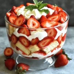 - 2 cups fresh strawberries, hulled and sliced - 4 tablespoons granulated sugar, divided - 1 teaspoon pure vanilla extract - 1 cup heavy whipping cream - 1/2 cup powdered sugar - 1 cup angel food cake, cut into bite-sized pieces - 1 cup Greek yogurt (plain or vanilla) - Fresh mint leaves for garnish (optional) When making the trifle, you can adjust the sugar to your taste. Use less if you prefer. If you need a dairy-free option, try coconut cream instead of heavy cream. You can also swap angel food cake for pound cake if you want a richer flavor. If you don’t have Greek yogurt, regular plain yogurt works just fine too. Always pick ripe strawberries for the best flavor. Look for bright red berries with no soft spots. Fresh cream should be cold; this helps it whip better. For the best texture, use high-quality vanilla extract. Avoid imitation vanilla, as it lacks the depth of flavor that real vanilla provides. Lastly, if you have time, make your own angel food cake. It’s much better than store-bought! To start, gather your fresh strawberries. You need 2 cups, hulled and sliced. Mix them in a bowl with 2 tablespoons of granulated sugar. This step helps the strawberries become sweet and juicy. Let them sit for 15 minutes. You will see syrup form as they rest. Next, take another bowl. In it, whip 1 cup of heavy whipping cream. Add 2 tablespoons of sugar. Use a hand mixer until soft peaks form. Gently fold in 1 teaspoon of pure vanilla extract. This cream adds a light and rich flavor to your trifle. Now, grab your angel food cake. Cut 1 cup into bite-sized pieces. You’re ready to start layering! Begin with a layer of angel food cake pieces at the bottom of your trifle bowl. Spread them evenly to cover the base. Next, add a layer of Greek yogurt, about 1 cup. Use the back of a spoon to spread it smoothly. Now, add the strawberries on top. Pour in some of the syrup too. The syrup adds moisture and flavor. After the strawberries, use your whipped cream to create the next layer. Spread it evenly over the strawberries. Repeat these layers until you use all your ingredients. Always end with a lovely layer of whipped cream on top. It makes the trifle look so inviting! You will need a few tools for making your trifle. Use a medium mixing bowl for the strawberries. A separate mixing bowl is best for the whipped cream. A hand mixer helps whip the cream quickly. For layering, a large glass trifle bowl shows off your work best. If you prefer, individual serving glasses work too. They make for a cute presentation. Don’t forget a spatula to help spread your cream. This simple setup makes it easy to create your Strawberry Shortcake Trifle. Enjoy the process and have fun with the layers! When making a strawberry shortcake trifle, avoid overmixing the whipped cream. This makes it grainy and less fluffy. Also, do not skip the step of macerating the strawberries. Skipping it leads to less flavor. Use fresh strawberries for the best taste. Frozen ones may turn mushy and watery. Lastly, ensure your layers are even. Uneven layers can make your trifle look messy. To make perfect whipped cream, start with cold heavy cream. A cold bowl helps too. Use a hand mixer and whisk on medium speed. Beat until you see soft peaks form, then add in the vanilla extract. Do not overbeat. Once it looks fluffy, stop mixing. This keeps it light and airy, perfect for your trifle. To make your trifle stand out, use clear glass dishes. This shows off all the beautiful layers. Start with a layer of cake, then yogurt, followed by strawberries, and finish with whipped cream. Top it with fresh mint leaves and a drizzle of strawberry syrup for extra flair. Arrange your strawberries artfully on the top. This adds color and makes it inviting. Enjoy your delightful creation! {{image_4}} You can switch the strawberries for other fruits. Ripe peaches or sweet blueberries work well. Just slice them up like you did with the strawberries. You can also mix different fruits for a fun twist. Think about adding bananas or raspberries. The key is to use fruits that taste great together. This makes your trifle more colorful and tasty. To make this trifle gluten-free, use gluten-free cake. There are many brands available. You can also use gluten-free cookies for added crunch. For a vegan version, swap the heavy cream for coconut cream. It whips up nicely and has a great flavor. Use dairy-free yogurt instead of Greek yogurt. Always check labels to ensure your ingredients are vegan. You can boost the taste of your trifle with simple additions. Try adding lemon or orange zest to the whipped cream. This gives it a fresh, bright flavor. You can also add a splash of almond extract to the yogurt. It adds a nice twist to the taste. Just remember to keep flavors balanced so they don’t overpower the fruit. Store any leftover strawberry shortcake trifle in an airtight container. Keep it in the fridge. This helps keep the layers fresh and tasty. Use a container that fits the size of your trifle to minimize air exposure. There is no need to reheat this trifle. It tastes best served cold. If you notice the whipped cream has lost some volume, gently whip it again. You can also add a touch of sugar to refresh its flavor. Your trifle will stay fresh for about 2 to 3 days in the fridge. After that, the cake may become soggy, and the strawberries will lose their crispness. Always check for any off smells or changes in texture before serving. Enjoy the delightful layers while they’re at their best! You can use sponge cake or pound cake. They give a nice texture. A ladyfinger is another option. Each choice adds a unique twist. Just keep in mind that flavor may change slightly. Yes, you can prepare it a day ahead. Just layer the cake, yogurt, and strawberries. Add whipped cream just before serving. This keeps it fresh and fluffy. The full recipe yields about six servings. Each serving is a delightful treat. You can easily adjust the recipe for larger gatherings. Just double or triple the ingredients as needed. This blog post covers how to create a delicious trifle. We explored the key ingredients, their measurements, and helpful substitutions. I provided detailed preparation steps and layering techniques. You learned tips for perfect whipped cream and ways to present your trifle beautifully. Variations help you cater to different diets. I also shared how to store leftovers and answered common questions. Making a trifle can be fun and rewarding. With these tips, you will impress everyone. Enjoy your tasty creation!