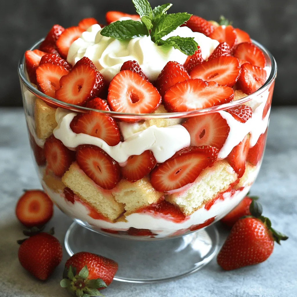 - 2 cups fresh strawberries, hulled and sliced - 4 tablespoons granulated sugar, divided - 1 teaspoon pure vanilla extract - 1 cup heavy whipping cream - 1/2 cup powdered sugar - 1 cup angel food cake, cut into bite-sized pieces - 1 cup Greek yogurt (plain or vanilla) - Fresh mint leaves for garnish (optional) When making the trifle, you can adjust the sugar to your taste. Use less if you prefer. If you need a dairy-free option, try coconut cream instead of heavy cream. You can also swap angel food cake for pound cake if you want a richer flavor. If you don’t have Greek yogurt, regular plain yogurt works just fine too. Always pick ripe strawberries for the best flavor. Look for bright red berries with no soft spots. Fresh cream should be cold; this helps it whip better. For the best texture, use high-quality vanilla extract. Avoid imitation vanilla, as it lacks the depth of flavor that real vanilla provides. Lastly, if you have time, make your own angel food cake. It’s much better than store-bought! To start, gather your fresh strawberries. You need 2 cups, hulled and sliced. Mix them in a bowl with 2 tablespoons of granulated sugar. This step helps the strawberries become sweet and juicy. Let them sit for 15 minutes. You will see syrup form as they rest. Next, take another bowl. In it, whip 1 cup of heavy whipping cream. Add 2 tablespoons of sugar. Use a hand mixer until soft peaks form. Gently fold in 1 teaspoon of pure vanilla extract. This cream adds a light and rich flavor to your trifle. Now, grab your angel food cake. Cut 1 cup into bite-sized pieces. You’re ready to start layering! Begin with a layer of angel food cake pieces at the bottom of your trifle bowl. Spread them evenly to cover the base. Next, add a layer of Greek yogurt, about 1 cup. Use the back of a spoon to spread it smoothly. Now, add the strawberries on top. Pour in some of the syrup too. The syrup adds moisture and flavor. After the strawberries, use your whipped cream to create the next layer. Spread it evenly over the strawberries. Repeat these layers until you use all your ingredients. Always end with a lovely layer of whipped cream on top. It makes the trifle look so inviting! You will need a few tools for making your trifle. Use a medium mixing bowl for the strawberries. A separate mixing bowl is best for the whipped cream. A hand mixer helps whip the cream quickly. For layering, a large glass trifle bowl shows off your work best. If you prefer, individual serving glasses work too. They make for a cute presentation. Don’t forget a spatula to help spread your cream. This simple setup makes it easy to create your Strawberry Shortcake Trifle. Enjoy the process and have fun with the layers! When making a strawberry shortcake trifle, avoid overmixing the whipped cream. This makes it grainy and less fluffy. Also, do not skip the step of macerating the strawberries. Skipping it leads to less flavor. Use fresh strawberries for the best taste. Frozen ones may turn mushy and watery. Lastly, ensure your layers are even. Uneven layers can make your trifle look messy. To make perfect whipped cream, start with cold heavy cream. A cold bowl helps too. Use a hand mixer and whisk on medium speed. Beat until you see soft peaks form, then add in the vanilla extract. Do not overbeat. Once it looks fluffy, stop mixing. This keeps it light and airy, perfect for your trifle. To make your trifle stand out, use clear glass dishes. This shows off all the beautiful layers. Start with a layer of cake, then yogurt, followed by strawberries, and finish with whipped cream. Top it with fresh mint leaves and a drizzle of strawberry syrup for extra flair. Arrange your strawberries artfully on the top. This adds color and makes it inviting. Enjoy your delightful creation! {{image_4}} You can switch the strawberries for other fruits. Ripe peaches or sweet blueberries work well. Just slice them up like you did with the strawberries. You can also mix different fruits for a fun twist. Think about adding bananas or raspberries. The key is to use fruits that taste great together. This makes your trifle more colorful and tasty. To make this trifle gluten-free, use gluten-free cake. There are many brands available. You can also use gluten-free cookies for added crunch. For a vegan version, swap the heavy cream for coconut cream. It whips up nicely and has a great flavor. Use dairy-free yogurt instead of Greek yogurt. Always check labels to ensure your ingredients are vegan. You can boost the taste of your trifle with simple additions. Try adding lemon or orange zest to the whipped cream. This gives it a fresh, bright flavor. You can also add a splash of almond extract to the yogurt. It adds a nice twist to the taste. Just remember to keep flavors balanced so they don’t overpower the fruit. Store any leftover strawberry shortcake trifle in an airtight container. Keep it in the fridge. This helps keep the layers fresh and tasty. Use a container that fits the size of your trifle to minimize air exposure. There is no need to reheat this trifle. It tastes best served cold. If you notice the whipped cream has lost some volume, gently whip it again. You can also add a touch of sugar to refresh its flavor. Your trifle will stay fresh for about 2 to 3 days in the fridge. After that, the cake may become soggy, and the strawberries will lose their crispness. Always check for any off smells or changes in texture before serving. Enjoy the delightful layers while they’re at their best! You can use sponge cake or pound cake. They give a nice texture. A ladyfinger is another option. Each choice adds a unique twist. Just keep in mind that flavor may change slightly. Yes, you can prepare it a day ahead. Just layer the cake, yogurt, and strawberries. Add whipped cream just before serving. This keeps it fresh and fluffy. The full recipe yields about six servings. Each serving is a delightful treat. You can easily adjust the recipe for larger gatherings. Just double or triple the ingredients as needed. This blog post covers how to create a delicious trifle. We explored the key ingredients, their measurements, and helpful substitutions. I provided detailed preparation steps and layering techniques. You learned tips for perfect whipped cream and ways to present your trifle beautifully. Variations help you cater to different diets. I also shared how to store leftovers and answered common questions. Making a trifle can be fun and rewarding. With these tips, you will impress everyone. Enjoy your tasty creation!