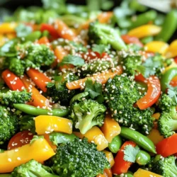 To make a quick and tasty veggie stir fry, gather the following ingredients: - 1 cup broccoli florets - 1 cup bell peppers (a mix of red, yellow, and green), sliced into strips - 1 cup snap peas or snow peas, trimmed - 1 medium carrot, julienned into thin matchsticks - 1 cup baby corn, halved lengthwise - 1 tablespoon fresh ginger, minced finely - 2 cloves garlic, minced or pressed - 3 tablespoons soy sauce (or tamari for a gluten-free option) - 1 tablespoon toasted sesame oil - 1 tablespoon vegetable oil (such as canola or grapeseed) - 1 teaspoon sesame seeds (for a delightful garnish) - Fresh cilantro leaves or chopped green onions for garnish - Salt and pepper to taste Each ingredient adds its own unique flavor and texture. The vibrant colors of the vegetables make the dish appealing. Fresh ginger and garlic add warmth and depth. Soy sauce provides a savory kick, while sesame oil brings a rich, nutty flavor. Remember, you can always adjust the amounts based on your taste or what you have on hand. For the full recipe, check out the section titled Full Recipe. Start by washing all your vegetables. Rinse them under cool water to remove dirt. For the carrot, peel it first. Then, cut it into thin matchsticks. Slice the bell peppers into strips. Trim the ends off the snap peas. Cut the baby corn in half lengthwise. Make sure to chop all the veggies evenly. This helps them cook at the same time. Next, grab a large skillet or wok. Place it over medium-high heat for about one minute. Once hot, add the vegetable oil. Let the oil heat until it shimmers. Then, add the minced ginger and garlic. Stir them for about 30 seconds. This helps release their great smells into the oil. Be careful not to let them brown too much. Now, it's time to add the vegetables. Start with the broccoli florets and julienned carrots. Stir constantly for 2-3 minutes. You want them to soften while staying crunchy. Next, toss in the sliced bell peppers and halved baby corn. Keep stirring for another 2 minutes. This keeps the colors bright and the veggies crisp. Finally, add the snap peas. Stir-fry for another 1-2 minutes. All your veggies should be tender-crisp and colorful. Once the veggies are ready, it’s sauce time! Drizzle the soy sauce and toasted sesame oil over them. Stir gently to coat them well with the sauce. Now, taste your stir-fry. Adjust the flavors with salt and pepper if needed. Remember, the soy sauce adds some saltiness. To plate your stir fry, use a wide, shallow bowl. This lets you show off all the lovely colors. For a zesty kick, you can add a lime or lemon wedge on the side. Garnish with sesame seeds and fresh herbs like cilantro or green onions. This makes it look even more inviting. For the full recipe, check out the Colorful Veggie Extravaganza Stir Fry! To keep your stir fry bright, start with fresh vegetables. Use a mix of colors. This helps make your dish look lively. Cut your veggies into uniform pieces. This ensures even cooking. To avoid soggy vegetables, cook them quickly. High heat is key. Stir them often, but do not overcrowd the pan. If needed, cook in batches. This keeps each piece crisp and firm. For the best stir fry, use a wok or a large skillet. Woks have high sides and heat up fast. A heavy skillet also works well. It helps to keep the heat steady. Always use high heat for stir frying. This helps seal in flavors and keeps veggies from getting mushy. You want that nice char on the outside. Each vegetable cooks at a different rate. Carrots take longer, while snap peas cook quickly. Start with the tougher veggies like broccoli and carrots. Add softer ones later. Keep an eye on your veggies. They should be bright and tender-crisp. Taste them to check. If they are soft but still have a bit of bite, they are ready. If you have a lot of veggies, cook in batches. This way, each piece gets the heat it needs. This will make your stir fry taste great and look amazing. For the full recipe, check out the Colorful Veggie Extravaganza Stir Fry. {{image_4}} If you want to change up your stir fry, here are some fun swaps. Seasonal vegetables work great. Try zucchini, asparagus, or cauliflower. You can also use leafy greens like spinach or kale for a fresh twist. For extra protein, think beyond tofu. Add edamame, chickpeas, or tempeh. These options make your stir fry hearty and filling. To take your stir fry to the next level, explore different sauces. A splash of hoisin or oyster sauce can add depth. For a kick, try chili sauce or sriracha. You can also mix in fresh herbs like basil or mint to brighten the flavors. If you enjoy heat, sprinkle in some red pepper flakes. You can also use fresh sliced jalapeños if you want more spice. This adds a fun layer to your dish. Serving your veggie stir fry can be just as fun. For sides, pair it with steamed rice or fried rice. Noodles are another great option. Try rice noodles, soba, or even whole wheat spaghetti. To make it special, serve your stir fry in a bowl and top it with crunchy nuts or seeds. A squeeze of lime or lemon adds a zesty touch. This makes your meal not only tasty but also pretty on the plate. For the full recipe, check out Colorful Veggie Extravaganza Stir Fry 🥦. To keep your veggie stir fry fresh, use airtight containers. Glass or BPA-free plastic containers work best. Let the stir fry cool before sealing. This prevents moisture buildup, keeping it crisp. Store in the fridge for up to three days. When reheating, use a skillet or microwave. For the skillet, heat on medium. Add a splash of water or soy sauce to keep it moist. Stir frequently to heat evenly. In the microwave, cover with a damp paper towel. This helps steam the dish and keeps it from drying out. If you want to freeze leftovers, portion them out first. Use freezer-safe bags or containers. Remove as much air as possible to prevent freezer burn. Label the bags with the date. You can freeze it for up to three months. When ready to eat, thaw in the fridge overnight before reheating. For a full recipe of this colorful dish, check out the Full Recipe. You can use many fresh vegetables for stir-frying. Here are some favorites: - Broccoli florets - Bell peppers (mixed colors) - Snow peas or snap peas - Carrots, julienned - Baby corn - Zucchini, sliced - Mushrooms, sliced - Green onions, chopped - Bok choy, chopped These veggies cook quickly and stay crisp. Choose any mix you like! To boost flavor, try these simple tips: - Use fresh ginger and garlic. They add great taste. - Add a splash of soy sauce or tamari. This gives a salty kick. - Toss in a dash of sesame oil. It adds a nutty flavor. - Try adding chili flakes for heat. - Use fresh herbs like cilantro or basil for a fresh note. Experiment with these ideas to find your favorite flavors! Yes, you can! Here are some ways to stir-fry without oil: - Use a non-stick pan. This helps prevent sticking. - Add broth or water. This keeps the veggies moist while cooking. - Steam the veggies first, then toss them in the pan briefly. - Try using a splash of lemon juice for flavor instead of oil. These methods make a light stir-fry without losing taste. There are many sauces to choose from. Here are some great options: - Soy sauce or tamari: For a classic flavor. - Teriyaki sauce: For sweetness and depth. - Hoisin sauce: Adds a sweet and tangy taste. - Oyster sauce: Gives a rich umami flavor. Select a sauce based on what you like best! To keep your stir-fry crisp, follow these tips: - Cut vegetables evenly. This helps them cook at the same rate. - Cook in small batches. Too many veggies at once can steam them. - Use high heat. This keeps the veggies from cooking too long. - Add sauces at the end. This prevents excess moisture. Keep these tips in mind for a perfect stir-fry every time! For a delicious recipe, check out the Full Recipe. To sum it up, we covered how to create a colorful, tasty stir fry using fresh veggies. You learned the right ingredients, cooking steps, and tips for perfect texture. Remember, even cutting helps veggies cook evenly. Experiment with flavors and substitute vegetables to keep it exciting. Store leftovers properly to enjoy later. With this guide, you can stir-fry like a pro! Enjoy your cooking adventures and impress your friends and family with your skills.