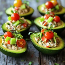 To make stuffed avocado with tuna, gather these key ingredients: - 2 ripe avocados, halved and pitted - 1 can (5 oz) tuna in water, thoroughly drained - 1/4 cup plain Greek yogurt - 1 tablespoon Dijon mustard - 1/4 cup celery, finely chopped - 1/4 cup red bell pepper, finely chopped - 1 tablespoon fresh dill, chopped - 1 tablespoon fresh lemon juice - Salt and freshly ground black pepper These ingredients come together to create a creamy and savory filling. The tuna adds protein, while the avocado provides healthy fats. The Greek yogurt brings creaminess without too much fat. The mustard adds a nice tang, which really wakes up the flavors. For a touch of color and flavor, consider these garnishes: - Halved cherry tomatoes - Microgreens These garnishes make your dish look beautiful and add a fresh crunch. They also enhance the taste, making each bite more exciting. You can mix and match your garnishes based on your personal preference. This dish is not just tasty; it's also good for you. Each serving is packed with nutrients. Here is a quick breakdown: - Calories: Approximately 350 - Protein: 22 grams - Fat: 20 grams - Carbohydrates: 15 grams - Fiber: 8 grams This recipe fits well into a balanced diet. It offers healthy fats and protein while keeping the carbs in check. You can enjoy this dish guilt-free, knowing you are fueling your body right. For the full recipe, check out the detailed instructions! To start, gather your ingredients. In a medium bowl, mix the drained tuna with Greek yogurt and Dijon mustard. Stir until the mixture feels smooth. This adds creaminess and a tangy taste. Next, chop the celery, red bell pepper, and dill. Add them to the bowl along with lemon juice. Season with salt and black pepper to taste. Mix everything well. You want a creamy and flavorful filling that tastes fresh. Now, take your ripe avocados. Cut each one in half and remove the pit. Use a spoon to scoop out a bit of the flesh. This creates more room for the filling. Set that flesh aside; you can use it later. Next, fill each avocado half with the tuna mixture. Press it down gently to pack it in. You want them to look full and inviting. For a colorful touch, add halved cherry tomatoes and microgreens on top. This makes them pop! Serve your stuffed avocados right away. Pair them with lemon wedges for a zesty kick. These avocados make a great lunch or light dinner. You can also serve them at parties as a healthy appetizer. They look beautiful on a plate and taste even better. Enjoy your tasty creation! For the complete recipe, check out the Full Recipe. To pick the best avocados, look for ones that feel soft but not mushy. Gently squeeze the avocado in your hand. If it gives slightly, it is ripe. Check for dark green or black skin, which usually means it’s ready to eat. Avoid any avocados with large dark spots or dents. These signs often mean the inside is not good. If you find hard avocados, you can ripen them at room temperature. After they soften, store them in the fridge to keep them fresh longer. You can prepare the tuna filling a day in advance. Mix the tuna, Greek yogurt, mustard, and veggies, then store in an airtight container. Keep the mixture in the fridge until you are ready to use it. When you are ready to eat, simply stuff the avocados and enjoy. If you want to cut the avocados ahead of time, sprinkle lemon juice on the flesh. This prevents browning and keeps them looking fresh. Spices can take your stuffed avocado to the next level. Try adding a pinch of cayenne pepper for heat. You could also mix in some paprika for a smoky flavor. If you love herbs, fresh cilantro or parsley can brighten the dish. Don’t forget about salt and pepper; they help the other flavors shine. Experiment with different spices to find your perfect mix. For a twist, add a splash of hot sauce to the filling for extra zing. For the full recipe, check out the section above! {{image_4}} You can swap tuna for other proteins. Try cooked chicken, shrimp, or crab. These options add new flavors and textures. If you use chicken, shred it for a nice bite. For shrimp, chop it into small pieces. Crab meat brings a sweet taste that pairs well with avocado. Each choice adds a unique twist to your dish. To make this dish vegetarian, use chickpeas or black beans. Simply mash them up and mix with yogurt and spices. For a vegan option, replace yogurt with avocado or a plant-based mayo. This keeps the creaminess without dairy. You can also add diced cucumbers or corn for extra texture and flavor. Change the flavor by adding spices or herbs. For a spicy kick, mix in some diced jalapeños or a splash of hot sauce. If you prefer Mediterranean flavors, use olives, feta cheese, or sun-dried tomatoes. You can also add oregano or basil for a fresh touch. These changes make each dish unique and exciting. Explore the possibilities and find your favorite! For the complete recipe, check out the [Full Recipe]. To keep your stuffed avocados fresh, store them in an airtight container. This helps prevent browning. You can place a layer of plastic wrap over them for extra protection. Keep the container in the fridge. This method helps preserve flavor and texture for later enjoyment. Stuffed avocados are best eaten fresh, but they can last up to two days in the fridge. After that, the avocado may start to brown and lose its appeal. If you notice any off smell or texture, it’s best to discard them. Always trust your senses! You can freeze the tuna filling if you want to save it. Place the filling in a freezer-safe container or bag. Make sure to remove as much air as possible. The filling can last up to three months in the freezer. When ready to use, thaw it overnight in the fridge. Always check the texture and smell before using. For the best taste, avoid freezing the avocado itself, as it doesn’t hold up well. For the full recipe, refer to the earlier section. Yes, you can use canned tuna in oil. It adds more flavor and richness. Just remember to drain it well before mixing. The oil might make the filling a bit greasier, so keep that in mind. If you prefer a lighter dish, use tuna in water. It keeps the taste fresh and clean. You have many options! You can add: - Chopped green onions for a mild onion taste - Sliced olives for a salty kick - Avocado flesh for extra creaminess - Capers for a tangy burst - Hard-boiled eggs for added protein Feel free to mix and match based on your taste. Each addition can make the dish more interesting. To make this stuffed avocado low-carb, skip the Greek yogurt. Instead, use mashed avocado as a base. This keeps the creaminess without adding carbs. You can also reduce or skip the red bell pepper and celery. Focus on high-protein ingredients, like tuna and spices, to keep it filling. Enjoy the fresh taste without the carbs! For the full recipe, check out the details above! Stuffed avocados with tuna are easy and tasty. We discussed key ingredients, flavors, and nutritional facts. You learned how to prepare, assemble, and serve them. Choosing ripe avocados and making them ahead saves time. I shared many variations for different tastes, including vegetarian options. It's important to store leftovers correctly. With these tips and tricks, you can enjoy this dish often. Try it out and make it your own!