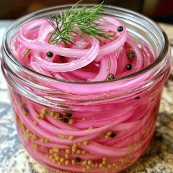- 2 large red onions, thinly sliced - 1 cup apple cider vinegar - 1/2 cup water - 1 tablespoon granulated sugar - 1 teaspoon sea salt - 1 tablespoon mustard seeds - 1/2 teaspoon whole black peppercorns - 1/4 teaspoon crushed red pepper flakes (optional, for heat) - Fresh herbs (such as dill or thyme), to enhance flavor (optional) If you want to change the flavor, you can use white vinegar or rice vinegar instead of apple cider vinegar. Both will give a different taste but still work well. You can also try using yellow or sweet onions. They will change the sweetness of the pickles. Using fresh ingredients makes a big difference in flavor. Fresh red onions taste crisp and bright, while old ones can taste bitter or mushy. Look for onions that feel firm and have smooth, dry skins. You can find great produce at local farmer's markets or trusted grocery stores. Buying local helps support your community and gets you the best taste! To start, peel the red onions. Use a sharp knife to cut off the ends first. Then, make a shallow cut down the side. This helps remove the skin easily. Next, slice the onions thinly. Aim for 1/8 inch thick slices. You can use a knife or a mandoline. A mandoline offers even cuts, which helps with pickling. Now, let’s cook the pickling liquid. In a medium saucepan, mix together the apple cider vinegar, water, sugar, sea salt, mustard seeds, and whole black peppercorns. If you like heat, add crushed red pepper flakes. Place the saucepan over medium heat. Bring this mixture to a gentle simmer. Stir it occasionally until the sugar and salt dissolve. Simmering enhances the flavor by marrying the ingredients. Once simmered, remove the pot from heat. Let the mixture cool for about five minutes. Take a clean glass jar with a tight lid. Pack the sliced onions into the jar, leaving an inch at the top. Carefully pour the warm pickling liquid over the onions. Ensure all slices are submerged. If you want, add fresh herbs on top. Allow the jar to cool to room temperature. Seal it tightly and place it in the fridge. Let the onions pickle for at least one hour for a quick taste. For the best flavor, let them sit for 24 hours. These zesty pink pickled onions will last up to two weeks in the fridge. For the full recipe, refer to the earlier section. To boost the taste of your pickled red onions, think about adding herbs and spices. I love using fresh dill or thyme because they add a nice touch. You can also try mustard seeds, which give a nice crunch. For a unique twist, explore different vinegar types. You can use red wine vinegar for a richer flavor or rice vinegar for a milder taste. This choice can change the whole dish! Slice thickness is key for pickled onions. Aim for 1/8 inch thick slices. This helps them soak up the brine evenly. If they are too thick, they might not pickle well. After slicing, pack them tightly in your jar. This ensures every piece gets pickled. A clean jar with a tight lid also helps keep your onions fresh and flavorful. If you plan to make a lot of pickled onions, prep them in batches. You can slice several onions at once and store them in the fridge. This makes it quick to pickle whenever you want. For the pickling liquid, heat it in a microwave. Mix your vinegar, water, sugar, and spices in a bowl, then zap it for a minute or two. This saves time and gets the sugar dissolved fast. For the full recipe, check out the section above! {{image_4}} To make spicy pickled onions, add more peppers or spices. You can mix in jalapeños or serranos for a kick. If you want mild heat, try adding just a pinch of crushed red pepper flakes. For a medium level, use one chopped jalapeño. For more heat, add two or three! Adjust the spice to match your taste. You can enhance your pickled onions by adding fruits like mango or pineapple. These fruits add a sweet twist. Start with a small amount, about 1/2 cup, and adjust to your liking. If you add fruits, consider reducing the sugar. This balance keeps your sweet and tangy flavors just right. Using different vinegar types can change the flavor of your pickled onions. Rice vinegar gives a milder taste, while white vinegar can be sharper. Each vinegar brings a new twist to the dish. Try mixing apple cider and rice vinegar for a unique taste. Experiment to find your favorite blend! For the full recipe, check out the Zesty Pink Pickled Onions. To keep your pickled red onions fresh, store them in the fridge. Use a clean glass jar with a tight lid. Glass is best because it doesn’t absorb flavors. Make sure to fill the jar to the top with liquid. This keeps the onions submerged and safe from air. Pickled red onions last about two weeks in the fridge. After this time, they may start to lose their crunch. Watch for signs of spoilage, like a change in color or smell. If the onions feel slimy or smell off, it is best to throw them away. You can reuse the pickling liquid for new batches of onions. Just strain it and heat it again before using. You can also try pickling other veggies, like cucumbers or carrots, in the same liquid. This way, you create new flavors with the same base. For the full recipe, check out the Zesty Pink Pickled Onions. To pickle red onions, you need at least one hour. This quick method gives a nice tang. For a stronger flavor, let them sit for 24 hours. The longer they soak, the more the flavor develops. If you want them crispy, check them after an hour. For soft and tangy, wait a day. Yes, you can can pickled onions. However, it is crucial to follow safe canning practices. Use sterilized jars and lids to prevent spoilage. Make sure to process them in a boiling water bath. This step helps kill any bacteria. Always check for seals before storing. If a lid pops up, the jar is not sealed. Store sealed jars in a cool, dark place. Pickled red onions are quite healthy. They are low in calories and high in flavor. Onions contain antioxidants which support heart health. They also have fiber, which is good for digestion. The vinegar can help with blood sugar levels, too. Just watch the sugar in the recipe. For more health benefits, enjoy them on salads, tacos, or sandwiches. Check the full recipe for more tips on using them! Pickling red onions is simple and rewarding. We covered the key ingredients like red onions and apple cider vinegar. Homemade pickles enhance meals with unique flavors. Remember, fresh ingredients matter for the best taste. You can customize recipes and explore variations, like spicy or sweet versions. Proper storage extends shelf life, and reusing pickling liquid brings new life to your creations. Enjoy your pickling journey; it’s fun and adds freshness to your meals!