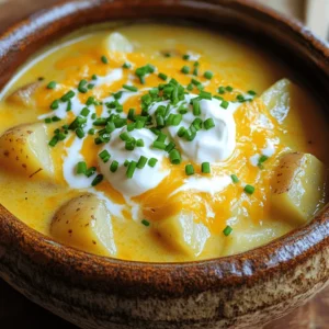 For a great loaded baked potato soup, I always start with the right base. Here are the must-have ingredients: - 4 large russet potatoes, peeled and diced into bite-sized pieces - 1 medium onion, finely chopped - 3 cloves garlic, minced - 4 cups vegetable broth (or chicken broth for extra flavor) Russet potatoes give a creamy texture to the soup. They break down well and mix with other flavors. Onions and garlic add a nice depth to the base. You can choose vegetable broth for a lighter taste or chicken broth for more richness. Next, we bring in the creamy elements and spices. Here’s what you need: - 1 cup heavy cream - 1/2 cup shredded sharp cheddar cheese, plus extra for garnish - 1 teaspoon dried thyme - 1 teaspoon smoked paprika - Sea salt and freshly ground black pepper, to taste - Optional toppings: 1/2 cup cooked turkey bacon, crumbled, and 1/4 cup sour cream Heavy cream makes the soup rich and smooth. Cheddar cheese adds that classic baked potato flavor. Thyme and smoked paprika bring warmth and earthiness. Don’t forget to taste and adjust salt and pepper as you go. For toppings, crumbled turkey bacon adds crunch, while sour cream gives a tangy finish. You can find the full recipe [here](Full Recipe) to make this delicious soup. To start, we need to build the base of our soup. First, heat a splash of olive oil in a large pot over medium heat. Add the finely chopped onion. Sauté it for about 5 minutes until it turns soft and translucent. This adds a sweet flavor to our soup. Next, add the minced garlic and sauté for one more minute. You want the garlic to smell good but not to brown. This keeps the flavor fresh and bright. Now, let’s add the star of the show: the potatoes. Toss in the diced russet potatoes, along with the vegetable broth. You can use chicken broth for a richer taste. Also, add dried thyme and smoked paprika. Stir everything well. Increase the heat until the mixture gently boils, then reduce it to low. Let it simmer for 15 to 20 minutes until the potatoes are soft enough to pierce with a fork. After the potatoes are tender, it’s time to create that creamy texture. Use a potato masher or an immersion blender to mash the soup. I like to leave some potato chunks for a hearty feel. It adds a nice bite to each spoonful. Now, pour in the heavy cream and add the shredded cheddar cheese. Stir continuously over low heat for about 5 minutes. This helps the cheese melt smoothly into the soup, making it rich and creamy. Don’t forget to season with sea salt and freshly ground black pepper. Taste and adjust as needed. If you want to add a savory crunch, fold in crumbled turkey bacon at this point. Remove the pot from heat and let the soup cool slightly before serving. This allows the flavors to mix well. For the full recipe, you can check the details above. Choosing the right potatoes is key. I love using russet potatoes. They are starchy and creamy, making the soup thick and rich. For best results, pick potatoes that feel heavy and firm. Avoid any that are soft or have blemishes. Adjusting seasoning is important for flavor balance. Start with sea salt and freshly ground black pepper. Taste as you go, and add more if needed. A pinch of smoked paprika adds a nice depth. If you want a hint of herbal flavor, add dried thyme. For the best garnishes, focus on visual appeal. Top each bowl with a sprinkle of shredded cheddar cheese. A dollop of sour cream adds creaminess. Fresh chives or green onions provide a nice crunch and color. These toppings make the soup look inviting. Pair your soup with a simple salad for a fresh touch. A crusty bread or garlic toast goes great with it too. For drinks, try a light beer or a crisp white wine. These pairings enhance the warmth of the soup. Find the full recipe [here](#). {{image_4}} You can change this soup in many ways. Adding protein makes it heartier. Try crumbled bacon or diced chicken for a savory kick. Both add flavor and texture. If you want a lighter option, use turkey bacon or leave out meat entirely. For a vegetarian or vegan twist, swap out the heavy cream for coconut milk or a cashew cream. Use vegetable broth and skip the bacon. You can still enjoy all the rich, creamy goodness of this soup. Spices and herbs can change the game. Try adding a pinch of cayenne pepper for heat. A sprinkle of dill or parsley can brighten the flavors. Experimenting with spices keeps the soup exciting. You can also add more veggies. Broccoli or leeks work well in this soup. Just chop them up and add them with the potatoes. They add color and nutrients, making the soup even better. For the full recipe, check out the creamy loaded baked potato soup section. To keep your loaded baked potato soup fresh, let it cool first. This step is key. Pour the soup into a container with a tight lid. Glass or plastic containers work well. Make sure to leave some space at the top. This allows the soup to expand when frozen. For refrigeration, your soup can last up to four days. Just keep it in the fridge. If you want to save it longer, freezing is the way to go. In the freezer, it can last for three months. Just remember to label your container with the date. When you are ready to enjoy your soup again, there are two great ways to reheat it. The first is on the stove. Pour the soup into a pot and warm over low heat. Stir it often to avoid sticking. The second method is the microwave. Use a microwave-safe bowl. Heat in short bursts, stirring in between. This helps it heat evenly. For best taste, consume your soup within four days if refrigerated. If frozen, aim to eat it within three months for the best flavor and texture. Enjoy every comforting bite! How long does loaded baked potato soup last in the fridge? Loaded baked potato soup lasts about 3 to 5 days in the fridge. Store it in an airtight container to keep it fresh. Always check for any signs of spoilage before eating. Can I make this soup ahead of time? Yes, you can make this soup ahead of time. It actually tastes even better the next day! Just let it cool, then store it in the fridge. Reheat gently on the stove when you are ready to enjoy it. Why is my soup too thick or too thin? If your soup is too thick, add some broth or water to thin it out. Stir well and heat it through. If it’s too thin, let it simmer longer to thicken. You can also mash in more potatoes for extra body. How do I make my soup creamier? To make your soup creamier, add more heavy cream or cheese. You can also blend a portion of the soup for a silkier texture. This helps create a rich, smooth feel in every spoonful. Caloric details per serving Each serving of loaded baked potato soup has about 350 calories. This can vary based on the specific ingredients you use. Check the labels for accurate counts. Ingredient substitutions for dietary restrictions If you want a lighter soup, use low-fat milk instead of cream. For a vegan option, try coconut milk or almond milk. You can also skip the cheese and use nutritional yeast for a cheesy flavor without dairy. In this post, we covered how to make loaded baked potato soup. We started with the essential ingredients, then moved through preparation steps and final touches. I shared tips to enhance flavor and offered serving suggestions. Variations showed how to adapt the recipe to your taste and needs. Finally, we discussed storage and answered common questions. Now, you can enjoy a warm bowl of soup made just for you. This dish is fun to customize and perfect for any time.