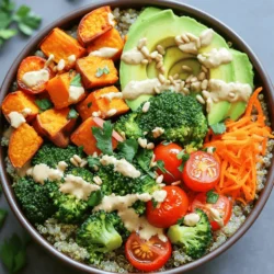 This veggie-packed Buddha bowl is a fun and colorful meal. It combines healthy grains, fresh veggies, and creamy tahini dressing. You can find the full recipe at the end of this section. Here’s what you need: - 1 cup quinoa, thoroughly rinsed - 2 cups vegetable broth (low-sodium preferred) - 1 cup chickpeas, cooked (canned is a convenient option) - 1 medium sweet potato, peeled and diced into 1-inch cubes - 1 cup broccoli florets, cut into bite-sized pieces - 1 cup cherry tomatoes, halved - 1 ripe avocado, sliced into wedges - 1 large carrot, grated - 2 tablespoons tahini (sesame paste) - 2 tablespoons freshly squeezed lemon juice - 1 tablespoon extra-virgin olive oil - 1 teaspoon garlic powder - Sea salt and black pepper to taste - Fresh parsley or cilantro for garnish (optional) You can swap ingredients based on your taste. Use brown rice instead of quinoa for a different grain. If you want more protein, try lentils or tofu. For a nut-free option, skip the tahini and use sunflower seed butter. You can also mix in seasonal veggies like zucchini or bell peppers for fun flavors. Start with the sweet potato. Peel and dice it into 1-inch cubes. Grab a mixing bowl and toss the cubes with olive oil, garlic powder, sea salt, and black pepper. Make sure they are well coated. This mix adds flavor as they roast. Then, prepare the broccoli by cutting it into bite-sized florets. Rinse the quinoa under cold water to remove bitterness. This step is key for a tasty grain. In a medium saucepan, combine the rinsed quinoa and vegetable broth. Bring this mixture to a boil. Once it boils, reduce the heat to a gentle simmer. Cover the pot and cook for about 15 minutes. The quinoa is done when all the liquid is absorbed. Turn off the heat and let it sit for 5 more minutes. Fluff it with a fork for a light texture. Preheat your oven to 425°F (220°C). Spread the coated sweet potato cubes on a baking sheet lined with parchment paper. Roast them for 20-25 minutes. Toss the sweet potatoes halfway through cooking to ensure they brown evenly. They should be tender and lightly caramelized when done. This caramelization brings out their natural sweetness. Follow these steps to create a vibrant veggie-packed Buddha bowl. Each part adds flavor and nutrition to your meal. For the full recipe, check out the details provided earlier. To cook veggies just right, follow a few simple steps. First, cut all vegetables into similar sizes. This way, they cook evenly. For roasting, preheat your oven to a high temperature, around 425°F (220°C). Use a light coat of oil and season well. Check for doneness with a fork. They should be tender, but not mushy. This dressing is creamy and full of flavor. Start with two tablespoons of tahini. Add two tablespoons of freshly squeezed lemon juice for brightness. Whisk until smooth. If the mix seems too thick, add a bit of water. Keep stirring until you reach a drizzling consistency. This dressing adds a tasty touch to your bowl. When serving, make it look appealing! Use wide bowls to create space. Start with a base of quinoa. Neatly arrange each vegetable in its own section. This makes the bowl colorful and fun. Consider adding a sprinkle of sunflower seeds or toasted sesame seeds on top. They add crunch and a nice finish. Enjoy the beauty of your creation as much as the taste! {{image_4}} You can add protein to your Buddha bowl for extra strength. Here are some great options: - Grilled chicken: Tender and juicy, it pairs well with all the veggies. - Tofu: Firm or silken, it's a great plant-based choice. - Tempeh: Full of flavor and nutrients, it adds a nice crunch. - Hard-boiled eggs: A classic option that boosts protein levels. - Edamame: These green soybeans are tasty and packed with protein. Mix and match these proteins to find your favorite combo! While quinoa is a great base, you can switch it up. Here are some other grains to try: - Brown rice: Chewy and hearty, it adds a nice texture. - Farro: This ancient grain is nutty and full of fiber. - Barley: With a chewy bite, it's a great addition to any bowl. - Bulgur: Quick to cook, it brings a subtle flavor. - Cauliflower rice: A low-carb choice that adds a light touch. Experiment with these grains to keep your Buddha bowl exciting! Using seasonal veggies makes your Buddha bowl fresher and tastier. Here are some ideas: - Spring: Asparagus, peas, and radishes bring bright colors and flavors. - Summer: Zucchini, bell peppers, and corn add sweetness and crunch. - Fall: Roasted Brussels sprouts, kale, and butternut squash offer warmth. - Winter: Root vegetables like carrots, parsnips, and beets provide heartiness. Feel free to mix and match seasonal veggies for a delicious, colorful meal. If you want the full recipe, check out the Vibrant Veggie-Packed Buddha Bowl. To store your Buddha bowl, let it cool first. Place it in an airtight container. This keeps it fresh longer. Store it in the fridge for up to three days. For best taste, eat it within two days. Avoid freezing as it may change the texture of the veggies. When you're ready to enjoy leftovers, reheat them gently. Use the microwave or a pan. If using the microwave, heat in short bursts. Stir between bursts to warm evenly. If using a pan, add a splash of water to help steam the veggies. This keeps them moist and tasty. Meal prep makes busy days easier. Cook a batch of quinoa and roasted veggies. Store them in separate containers. This way, you can mix and match throughout the week. Add fresh toppings like avocado and tahini dressing just before eating. This keeps your meal fresh and colorful, just like the full recipe! Yes, you can prepare this Buddha bowl ahead of time. Cook the quinoa and roast the sweet potatoes in advance. Store each component in separate containers. This keeps the veggies fresh and tasty. When you're ready to eat, just assemble the bowl. You can heat the sweet potatoes and quinoa if you prefer them warm. Yes, this recipe is gluten-free. It uses quinoa as the base, which is a gluten-free grain. The other ingredients, like chickpeas and vegetables, are also gluten-free. This makes it a great option for those with gluten sensitivities or celiac disease. You can use many dressings for a Buddha bowl. Here are a few simple options: - Lemon vinaigrette: Mix olive oil, lemon juice, salt, and pepper. - Tahini dressing: Combine tahini, lemon juice, garlic, and water. - Balsamic glaze: Drizzle balsamic vinegar on top for a sweet touch. - Soy sauce: Add a splash for a savory kick. These dressings can enhance the flavors of your Buddha bowl beautifully, making it even more enjoyable. For the full recipe, check out the vibrant veggie-packed Buddha bowl. This blog post covered how to create a tasty Buddha bowl. We looked at the key ingredients, detailed steps, and expert tips to help you succeed. You learned about various substitutions, cooking methods, and ways to store leftovers. My final thoughts: with this recipe, you can enjoy healthy meals that suit your taste. Don't hesitate to try different ingredients and make the bowl your own. Happy cooking!