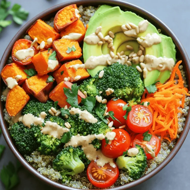 This veggie-packed Buddha bowl is a fun and colorful meal. It combines healthy grains, fresh veggies, and creamy tahini dressing. You can find the full recipe at the end of this section. Here’s what you need: - 1 cup quinoa, thoroughly rinsed - 2 cups vegetable broth (low-sodium preferred) - 1 cup chickpeas, cooked (canned is a convenient option) - 1 medium sweet potato, peeled and diced into 1-inch cubes - 1 cup broccoli florets, cut into bite-sized pieces - 1 cup cherry tomatoes, halved - 1 ripe avocado, sliced into wedges - 1 large carrot, grated - 2 tablespoons tahini (sesame paste) - 2 tablespoons freshly squeezed lemon juice - 1 tablespoon extra-virgin olive oil - 1 teaspoon garlic powder - Sea salt and black pepper to taste - Fresh parsley or cilantro for garnish (optional) You can swap ingredients based on your taste. Use brown rice instead of quinoa for a different grain. If you want more protein, try lentils or tofu. For a nut-free option, skip the tahini and use sunflower seed butter. You can also mix in seasonal veggies like zucchini or bell peppers for fun flavors. Start with the sweet potato. Peel and dice it into 1-inch cubes. Grab a mixing bowl and toss the cubes with olive oil, garlic powder, sea salt, and black pepper. Make sure they are well coated. This mix adds flavor as they roast. Then, prepare the broccoli by cutting it into bite-sized florets. Rinse the quinoa under cold water to remove bitterness. This step is key for a tasty grain. In a medium saucepan, combine the rinsed quinoa and vegetable broth. Bring this mixture to a boil. Once it boils, reduce the heat to a gentle simmer. Cover the pot and cook for about 15 minutes. The quinoa is done when all the liquid is absorbed. Turn off the heat and let it sit for 5 more minutes. Fluff it with a fork for a light texture. Preheat your oven to 425°F (220°C). Spread the coated sweet potato cubes on a baking sheet lined with parchment paper. Roast them for 20-25 minutes. Toss the sweet potatoes halfway through cooking to ensure they brown evenly. They should be tender and lightly caramelized when done. This caramelization brings out their natural sweetness. Follow these steps to create a vibrant veggie-packed Buddha bowl. Each part adds flavor and nutrition to your meal. For the full recipe, check out the details provided earlier. To cook veggies just right, follow a few simple steps. First, cut all vegetables into similar sizes. This way, they cook evenly. For roasting, preheat your oven to a high temperature, around 425°F (220°C). Use a light coat of oil and season well. Check for doneness with a fork. They should be tender, but not mushy. This dressing is creamy and full of flavor. Start with two tablespoons of tahini. Add two tablespoons of freshly squeezed lemon juice for brightness. Whisk until smooth. If the mix seems too thick, add a bit of water. Keep stirring until you reach a drizzling consistency. This dressing adds a tasty touch to your bowl. When serving, make it look appealing! Use wide bowls to create space. Start with a base of quinoa. Neatly arrange each vegetable in its own section. This makes the bowl colorful and fun. Consider adding a sprinkle of sunflower seeds or toasted sesame seeds on top. They add crunch and a nice finish. Enjoy the beauty of your creation as much as the taste! {{image_4}} You can add protein to your Buddha bowl for extra strength. Here are some great options: - Grilled chicken: Tender and juicy, it pairs well with all the veggies. - Tofu: Firm or silken, it's a great plant-based choice. - Tempeh: Full of flavor and nutrients, it adds a nice crunch. - Hard-boiled eggs: A classic option that boosts protein levels. - Edamame: These green soybeans are tasty and packed with protein. Mix and match these proteins to find your favorite combo! While quinoa is a great base, you can switch it up. Here are some other grains to try: - Brown rice: Chewy and hearty, it adds a nice texture. - Farro: This ancient grain is nutty and full of fiber. - Barley: With a chewy bite, it's a great addition to any bowl. - Bulgur: Quick to cook, it brings a subtle flavor. - Cauliflower rice: A low-carb choice that adds a light touch. Experiment with these grains to keep your Buddha bowl exciting! Using seasonal veggies makes your Buddha bowl fresher and tastier. Here are some ideas: - Spring: Asparagus, peas, and radishes bring bright colors and flavors. - Summer: Zucchini, bell peppers, and corn add sweetness and crunch. - Fall: Roasted Brussels sprouts, kale, and butternut squash offer warmth. - Winter: Root vegetables like carrots, parsnips, and beets provide heartiness. Feel free to mix and match seasonal veggies for a delicious, colorful meal. If you want the full recipe, check out the Vibrant Veggie-Packed Buddha Bowl. To store your Buddha bowl, let it cool first. Place it in an airtight container. This keeps it fresh longer. Store it in the fridge for up to three days. For best taste, eat it within two days. Avoid freezing as it may change the texture of the veggies. When you're ready to enjoy leftovers, reheat them gently. Use the microwave or a pan. If using the microwave, heat in short bursts. Stir between bursts to warm evenly. If using a pan, add a splash of water to help steam the veggies. This keeps them moist and tasty. Meal prep makes busy days easier. Cook a batch of quinoa and roasted veggies. Store them in separate containers. This way, you can mix and match throughout the week. Add fresh toppings like avocado and tahini dressing just before eating. This keeps your meal fresh and colorful, just like the full recipe! Yes, you can prepare this Buddha bowl ahead of time. Cook the quinoa and roast the sweet potatoes in advance. Store each component in separate containers. This keeps the veggies fresh and tasty. When you're ready to eat, just assemble the bowl. You can heat the sweet potatoes and quinoa if you prefer them warm. Yes, this recipe is gluten-free. It uses quinoa as the base, which is a gluten-free grain. The other ingredients, like chickpeas and vegetables, are also gluten-free. This makes it a great option for those with gluten sensitivities or celiac disease. You can use many dressings for a Buddha bowl. Here are a few simple options: - Lemon vinaigrette: Mix olive oil, lemon juice, salt, and pepper. - Tahini dressing: Combine tahini, lemon juice, garlic, and water. - Balsamic glaze: Drizzle balsamic vinegar on top for a sweet touch. - Soy sauce: Add a splash for a savory kick. These dressings can enhance the flavors of your Buddha bowl beautifully, making it even more enjoyable. For the full recipe, check out the vibrant veggie-packed Buddha bowl. This blog post covered how to create a tasty Buddha bowl. We looked at the key ingredients, detailed steps, and expert tips to help you succeed. You learned about various substitutions, cooking methods, and ways to store leftovers. My final thoughts: with this recipe, you can enjoy healthy meals that suit your taste. Don't hesitate to try different ingredients and make the bowl your own. Happy cooking!