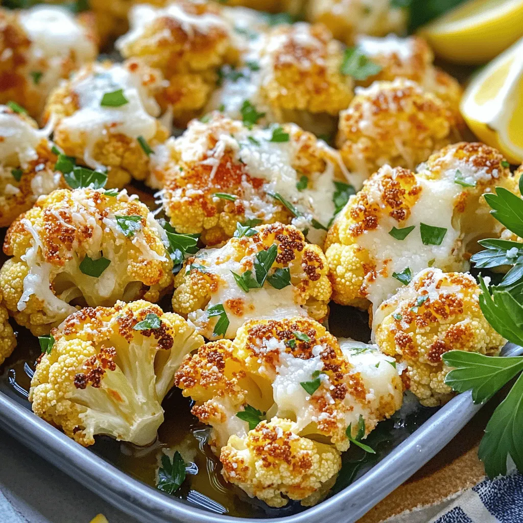 - 1 medium head of cauliflower, cut into bite-sized florets - 3 tablespoons extra virgin olive oil - 4 cloves fresh garlic, finely minced - ¾ cup freshly grated Parmesan cheese The star of this dish is the cauliflower. It has a mild taste that pairs well with strong flavors like garlic and cheese. The olive oil helps to get that nice golden color. I always use fresh garlic for a punch of flavor. Finally, the Parmesan adds a rich, cheesy note that elevates this simple veggie. - 1 teaspoon smoked paprika for subtle warmth - ½ teaspoon sea salt - ½ teaspoon freshly ground black pepper The seasoning is crucial. Smoked paprika gives a nice depth, while salt and pepper enhance the taste. Seasoning well makes a big difference. I recommend tasting as you go. You want to balance the flavors perfectly. - 1 tablespoon fresh parsley, chopped (for garnish) - Lemon wedges (for serving) Garnishing with parsley adds color and freshness. Lemon wedges are a must! They brighten the dish and provide a zesty kick. Just squeeze some over the cauliflower right before you eat. This combo makes your dish look and taste amazing. For the full recipe, check the details above. - Preheat oven to 425°F (220°C). - Take the cauliflower head and cut it into bite-sized florets. This helps them roast evenly. - In a large bowl, pour in 3 tablespoons of extra virgin olive oil. Add 4 minced garlic cloves, 1 teaspoon of smoked paprika, ½ teaspoon sea salt, and ½ teaspoon black pepper. Mix well. - Toss the cauliflower florets in the bowl until they are fully coated with the oil and seasonings. This step is key for rich flavor. - Line a baking sheet with parchment paper. This makes cleanup easy. - Spread the seasoned cauliflower florets in a single layer on the baking sheet. Avoid crowding them, so they get crispy. - Place the baking sheet in the preheated oven. Roast the cauliflower for 25 minutes. Stir the florets halfway through. This helps them brown nicely. - After 25 minutes, take the baking sheet out of the oven. Sprinkle ¾ cup of grated Parmesan cheese over the hot cauliflower. The cheese will melt and add a great flavor. - Return the baking sheet to the oven for an additional 5 minutes. This allows the cheese to turn golden and bubbly. - Once done, let the cauliflower cool for a minute. Garnish it with 1 tablespoon of chopped parsley. Serve hot with lemon wedges on the side. These add a nice bright flavor. For the full recipe, check out the detailed instructions above. Enjoy your Garlic Parmesan Roasted Cauliflower! To get the best results, keep a few things in mind. First, do not overcrowd the baking sheet. This helps each piece cook evenly. If the florets are too close, they will steam instead of roast. Second, stir the florets halfway through cooking. This promotes browning and crispiness, ensuring all sides get that delicious finish. Want to change up the flavor? You can experiment with spices or herbs. Try adding a pinch of cumin for warmth. Or, mix in some Italian herbs like oregano or thyme. Each spice will give a different taste, making your dish unique every time. Presentation is key to making your dish shine. Drizzle a bit of extra olive oil before serving for a glossy finish. This also enhances the flavor. Arrange lemon wedges around the roasted cauliflower. The bright color adds a lovely touch and gives a zesty kick when served. For the full experience, check the Full Recipe for more tips! {{image_4}} You can make a vegan version of this dish easily. Just substitute nutritional yeast for the Parmesan cheese. Nutritional yeast gives a cheesy flavor without any dairy. It is packed with nutrients, too! Use about ¾ cup of nutritional yeast to keep the flavor strong. This swap makes the dish vegan-friendly and just as tasty. If you like a little heat, try adding red pepper flakes for a kick. Just sprinkle some on the cauliflower before roasting. Start with a teaspoon, and adjust to your taste. This adds a nice zing that complements the garlic and cheese well. Your friends will love this spicy twist! For a unique flavor, you can combine different types of cheese. Mix Parmesan with mozzarella or cheddar for a richer taste. Each cheese adds its own special note. Just remember to keep the total amount around ¾ cup. This mix makes the cauliflower even more delicious and fun to eat. Try these variations to keep your meals exciting! For the complete recipe, check out the [Full Recipe]. Store leftovers in an airtight container in the refrigerator for up to 3 days. This keeps the garlic Parmesan roasted cauliflower fresh and tasty. Just make sure the container seals well to prevent moisture from ruining the flavor. Reheat in the oven for best texture. Preheat your oven to 350°F (175°C). Spread the cauliflower on a baking sheet and heat for about 10 minutes. This method keeps the cauliflower crispy. You can also use the microwave for quick warming, but it may lose some crunch. Freezing is not recommended due to texture changes after thawing. When you freeze roasted cauliflower, it can become mushy once thawed. If you have a lot of leftovers, it’s best to enjoy them fresh for the best taste and texture. Yes, but thaw and dry thoroughly before roasting for best results. Frozen cauliflower holds water. If not dried, it becomes soggy when cooked. To avoid this, let it sit in a colander for a bit after thawing. This step helps keep your Garlic Parmesan Roasted Cauliflower crisp and tasty. This recipe is naturally gluten-free; just ensure all ingredients are also gluten-free labeled. Most of the ingredients are safe, but always check labels to avoid any hidden gluten. By doing this, you can enjoy a delicious dish without any worries. It pairs well with grilled chicken, steak, or served as part of a vegetarian meal. The rich flavors of garlic and cheese complement many main courses. You can also serve it alongside a fresh salad for a light, healthy meal. Make sure the florets are in a single layer on the baking sheet and avoid overcrowding. If they touch, they will steam instead of roast. Stirring halfway through cooking helps them brown evenly. This way, you get that perfect crispiness that everyone loves! For the full recipe, check out the ingredients and step-by-step instructions above. Garlic Parmesan Roasted Cauliflower is simple and tasty. We started with fresh cauliflower and mixed it with olive oil, garlic, and spices. Roasting adds a crispy texture and rich flavor. Remember to keep things spaced on the baking sheet for best results. You can mix in different cheeses or spices to suit your taste. Store leftovers in the fridge for quick meals. This dish pairs well with various proteins or can stand alone. Enjoy your cooking adventure!