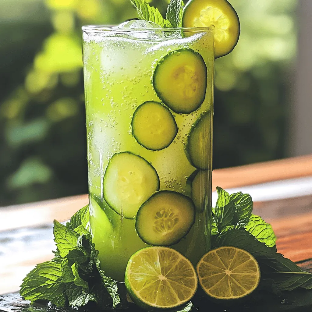 - Cucumbers: Use 2 large cucumbers for a refreshing taste. I prefer English cucumbers for their mild flavor. Peel and chop them roughly. This makes blending easier. - Lime Juice: Fresh lime juice is best. It brings bright flavor. You need about 1/4 cup, which is around 2-3 limes. Bottled lime juice lacks the same zing. - Sweetener Options: Agave syrup works well. It’s light and blends easily. You can adjust the sweetness to fit your taste. Honey or sugar are good substitutes too. - Optional Garnishes: Mint leaves add a fresh touch. They make the drink even more refreshing. You might also add slices of lime or cucumber for looks and flavor. Check out the Full Recipe for detailed steps on how to prepare this delightful drink! 1. Blending cucumbers and water Start by peeling and chopping two large cucumbers. Add them to a blender with four cups of cold water. Blend until smooth, about 30 to 60 seconds. This step creates a fresh cucumber base for your drink. 2. Straining the mixture for juice Next, pour the blended mixture through a fine mesh sieve into a large pitcher. Use the back of a spoon to press the pulp. This helps extract all the juice. Discard the pulp or compost it for a sustainable choice. 3. Mixing lime juice and sweetener In the pitcher with the cucumber juice, add 1/4 cup of freshly squeezed lime juice and three tablespoons of agave syrup. Stir well until the syrup dissolves completely. This mix gives your agua fresca that perfect balance of sweet and tangy flavors. 4. Adjusting flavors to taste Take a moment to taste your agua fresca. If you want it sweeter, add more agave syrup. Stir again to combine. Remember, you can always adjust sweetness to your liking! 1. Importance of chilling for flavor For the best taste, refrigerate your agua fresca for at least 30 minutes. Chilling allows the flavors to blend and intensify, making it extra refreshing. 2. Serving suggestions with ice and garnishes When ready to serve, fill glasses with ice. Pour the chilled agua fresca over the ice. Garnish with lime and cucumber slices for a colorful touch. You can also add fresh mint leaves for an extra pop of flavor. Enjoy your refreshing drink! This recipe makes a delightful treat for hot summer days. For the full recipe, check out the details above! To make your cucumber lime agua fresca even better, try adding herbs or spices. Fresh mint is a great choice. It adds a cool taste that pairs well with cucumber. You can also add a pinch of ginger for a spicy twist. For an extra kick, consider a dash of cayenne pepper. Adjusting sweetness is easy too. If you like it sweeter, add more agave syrup. Start with small amounts, then taste it. This way, you can find the right balance for your palate. Remember, everyone's taste is different! The right glassware makes your drink look nice. I recommend clear glasses. They show off the bright green color of the agua fresca. You can also use mason jars for a rustic touch. Pair your cucumber lime agua fresca with light meals. It goes well with fish tacos or a fresh salad. You can also serve it as a refreshing snack with tortilla chips. They complement each other perfectly! For the full recipe, check out the details above. Enjoy making this delicious drink! {{image_4}} You can get creative with your cucumber lime agua fresca. Adding fruits gives it a fun twist. You can blend in fruits like watermelon or pineapple. These fruits add sweetness and flavor. For watermelon, just chop it and blend it with cucumbers. For pineapple, fresh chunks work best. The result is a refreshing drink that bursts with fruity goodness. Sweeteners can change the taste of your drink. You can try honey, agave, or sugar. Each sweetener brings its own flavor. Honey has a floral note, while agave is milder. Sugar is simple and sweet. If you like a stronger taste, use honey. For a quick fix, agave syrup works well. The choice is up to you! To store leftover agua fresca, pour it into a clean pitcher. Seal it tightly with a lid or plastic wrap. Keep it in the fridge. This keeps it cold and fresh. For best taste, drink it within two days. After that, the flavor fades and it may lose some freshness. Yes, you can make cucumber lime agua fresca in advance. It tastes even better when flavors mix overnight. To make a larger batch, simply double or triple the recipe. This is great for parties or hot days. Just remember to chill it well before serving. Enjoy the refreshing taste all summer long! Cucumber lime agua fresca is a refreshing drink. It comes from Mexico and is popular in summer. People enjoy it for its light, crisp taste. Agua fresca means "fresh water" in Spanish. This drink mixes fresh cucumbers and lime juice. It is easy to make and very hydrating. It is a fun way to cool off on hot days. Using frozen cucumbers or limes can change the drink’s taste. Frozen cucumbers may lose crispness. This can make the drink less refreshing. Frozen limes might be very tart. Fresh limes give the best flavor. If you have frozen options, use them. Just know the taste might not be as bright. Homemade agua fresca lasts about three days in the fridge. Store it in an airtight container. This helps keep it fresh. After three days, the flavors may fade. If the drink looks or smells off, throw it away. For the best taste, enjoy it fresh. You can also make it ahead and chill it for gatherings. You learned how to make a refreshing cucumber lime agua fresca. We covered ingredients, preparations, and chilling methods. You now know tips for flavor and variations, plus storage info to keep it fresh. For a fun drink, try adding fruits or switching sweeteners. Remember, this drink pairs well with many meals. Enjoy the process, make it your own, and share it with friends! Boost your hydration with this tasty beverage.