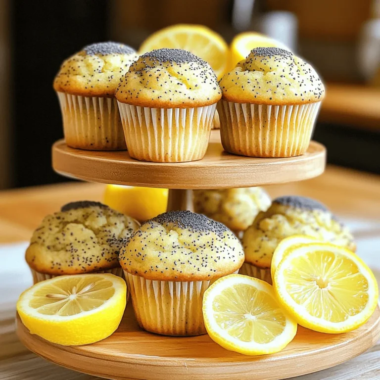 For my lemon poppy seed muffins, I use the following ingredients: - 1 ½ cups all-purpose flour - 1/2 cup granulated sugar - 2 teaspoons baking powder - 1/2 teaspoon baking soda - 1/4 teaspoon salt - 1/4 cup poppy seeds - 1 cup buttermilk - 1/4 cup vegetable oil - 2 large eggs - Zest of 1 lemon - Juice of 1 lemon - 1 teaspoon vanilla extract When selecting your ingredients, focus on freshness. Always pick bright lemons. Their zest and juice add a strong taste. Fresh buttermilk gives the muffins a nice rise. Check the expiration date on your buttermilk. For flour, choose a brand that feels smooth and free of lumps. Quality granulated sugar should be dry and free of clumps. For poppy seeds, ensure they are whole, not crushed, to keep their crunch. If you need substitutions, here are some ideas: - Gluten-Free: Use a gluten-free flour blend instead of all-purpose flour. - Dairy-Free: Replace buttermilk with almond milk mixed with a teaspoon of vinegar. - Egg-Free: Use flaxseed meal mixed with water as an egg replacer. One tablespoon of flaxseed meal plus two and a half tablespoons of water equals one egg. These swaps keep the muffins tasty and enjoyable for everyone! For the full recipe, check out the detailed instructions above. To start, preheat your oven to 375°F (190°C). Line your muffin tin with paper liners. You can also use non-stick spray for easy removal. In a large bowl, mix the dry ingredients. Combine 1 ½ cups all-purpose flour, 1/2 cup granulated sugar, 2 teaspoons baking powder, 1/2 teaspoon baking soda, 1/4 teaspoon salt, and 1/4 cup poppy seeds. Use a whisk to blend them well. Next, in another bowl, whisk the wet ingredients together. You’ll need 1 cup buttermilk, 1/4 cup vegetable oil, 2 large eggs, zest from 1 lemon, juice from 1 lemon, and 1 teaspoon vanilla extract. Mix until smooth. Now, pour the wet mixture into the dry ingredients. Use a spatula to fold them gently. Do not overmix! A few lumps are okay. Now, scoop the batter into the muffin cups. Fill each cup about two-thirds full. This gives them room to rise. Place the muffin tin in the preheated oven. Bake for 18-20 minutes. To check for doneness, insert a toothpick into the center of a muffin. If it comes out clean, they are ready. After baking, let the muffins cool in the tin for about 5 minutes. Then, move them to a wire rack. This helps them cool completely and prevents sogginess. If your muffins are too dry, try adding a bit more buttermilk next time. If they sink in the middle, it could be from overmixing. Always fold the batter gently. If they are too dense, check your baking powder's freshness. Expired baking powder won’t help them rise. For more details, check the Full Recipe for Lemon Poppy Seed Muffins. To boost the lemon taste, use fresh lemons. Fresh zest gives a bright flavor. You can also add a touch of almond extract for depth. It adds a lovely layer to the muffins. Honey or maple syrup can replace some sugar for a natural sweetness. This gives a unique twist to the muffins. For soft and fluffy muffins, avoid overmixing. Mix just until the wet and dry ingredients come together. A few lumps are fine. Using room-temperature eggs and buttermilk helps too. This ensures they mix well without cooling the batter down. Also, consider folding in some blueberries or raspberries for added moisture and flavor. One common mistake is overbaking. Keep an eye on the time and test with a toothpick. Another mistake is using cold ingredients. Cold eggs or buttermilk can make the batter tough. Lastly, don’t skip the lemon zest. It is key in giving that bright, fresh taste. For a full recipe, check the earlier section. {{image_4}} You can make gluten-free lemon poppy seed muffins using a gluten-free flour blend. This is an easy swap. Just choose a blend that works well for baking. Look for one that has xanthan gum for better texture. Follow the same steps from the full recipe. You will enjoy the same bright flavors without the gluten! To create vegan lemon poppy seed muffins, replace eggs with flaxseed meal or chia seeds. Mix one tablespoon of either with three tablespoons of water. Let it sit for a few minutes until it becomes thick. Use a plant-based milk, like almond or oat milk, instead of buttermilk. These changes keep the taste light and fresh while being plant-based. You can add more flavors to your muffins. Try mixing in blueberries or raspberries for a fruity twist. If you want a hint of spice, add a pinch of cinnamon or ginger. For an extra lemony kick, include lemon extract or more lemon zest. These little changes can turn a simple muffin into a delightful treat! To keep your lemon poppy seed muffins fresh, store them in an airtight container. Place a paper towel in the container to absorb moisture. This helps prevent sogginess. You can keep them at room temperature for about three days. For longer freshness, store them in the fridge for up to a week. To enjoy warm muffins again, preheat your oven to 350°F (175°C). Wrap each muffin in foil to keep them soft. Heat them for about 10 minutes. If you prefer the microwave, place the muffin on a microwave-safe plate. Heat for about 15-20 seconds. This method warms them nicely without drying them out. Freezing muffins is a smart way to save some for later. First, let the muffins cool completely. Then, wrap each muffin in plastic wrap tightly. Place the wrapped muffins in a freezer bag. You can freeze them for up to three months. When you're ready to eat, thaw them in the fridge overnight and reheat as needed. This method keeps the muffins tasting fresh and delicious. For the full recipe, refer back to the earlier section. Yes, you can use whole wheat flour. It will make the muffins denser. I suggest using half whole wheat and half all-purpose flour for the best results. This mix keeps the flavor light while adding some nutrition. Remember, this change may also affect the baking time slightly. To fix dry muffins, you can add more moisture. If the muffins come out dry, try using more buttermilk next time. You can also add a tablespoon of yogurt or applesauce to the batter. If you already baked them, brush the tops with a simple syrup. Just mix equal parts water and sugar until dissolved. This will add moisture back into the muffins. For extra sweetness, you can add chocolate chips or dried fruit. Blueberries or cranberries work well with lemon flavor. You could also sprinkle some sugar on top before baking for a sweet crust. Another option is to drizzle a lemon glaze over the muffins after they cool. This adds a nice touch and extra sweetness! For more ideas, check the Full Recipe to explore different ingredients. In this post, we explored the key ingredients and steps for making lemon poppy seed muffins. We looked at quality tips, potential allergens, and substitutions. I shared detailed prep steps and baking guidelines. I also covered how to enhance flavor and perfect texture. Remember, small tweaks can improve your baking. Lastly, proper storage methods ensure freshness. With these tips, you’ll create delicious muffins every time. Enjoy baking and making them your own!