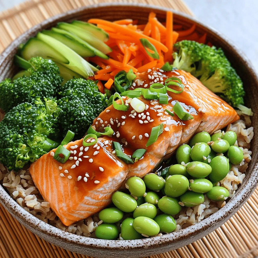 To create delicious teriyaki salmon bowls, gather the following ingredients: - 2 salmon fillets - 1/4 cup soy sauce - 2 tablespoons honey - 1 tablespoon rice vinegar - 1 teaspoon sesame oil - 1/2 tablespoon grated fresh ginger - 1 garlic clove, finely minced - 2 cups cooked brown rice - 1 cup broccoli florets - 1 medium carrot, julienned - 1/2 cup shelled edamame - 1 tablespoon sesame seeds - 2 green onions, thinly sliced (for garnish) These items are simple to find and create a balanced meal. The salmon provides healthy protein and omega-3 fats. The brown rice offers fiber and keeps you full longer. The veggies add vitamins and crunch. You can easily personalize your teriyaki salmon bowls. Here are some optional ingredients to consider: - Avocado slices for creaminess - Pickled ginger for a tangy kick - Seaweed strips for extra flavor - Bell peppers for added sweetness - Quinoa instead of brown rice for a different base Feel free to experiment! Each addition can bring new flavors and textures. Teriyaki salmon bowls are not only tasty but also nutritious. Here's a quick look at the nutritional benefits: - Salmon: High in protein and omega-3 fatty acids, great for heart health. - Brown Rice: Provides energy with complex carbs and fiber. - Broccoli: Packed with vitamins C and K, plus fiber. - Carrots: Full of beta-carotene, good for your vision. - Edamame: A good source of plant-based protein and iron. This dish supports a balanced diet while being flavorful and easy to prepare. To make the teriyaki sauce, grab a small bowl. Combine the soy sauce, honey, rice vinegar, sesame oil, grated ginger, and minced garlic. Whisk it well until it blends nicely. This sauce adds rich flavor to the salmon and veggies. Set the sauce aside for later. Next, take your salmon fillets and place them in a shallow dish. Pour half the teriyaki sauce over the salmon. Make sure each fillet gets a good coating. Cover the dish and let it sit for at least 15 minutes. This step helps the salmon soak up all that tasty flavor. While the salmon marinates, it's time to prepare the vegetables. Steam the broccoli florets and julienned carrot for about 5-7 minutes. They should be tender but still bright and crisp. You can steam them on the stove or use the microwave. Once done, set them aside. Now, heat a skillet over medium-high heat. Place the marinated salmon fillets in the pan. Discard any leftover marinade. Cook the salmon for about 4-5 minutes on each side. It should flake easily with a fork when done. Now, you are ready to put everything together. In a bowl, start with a base of cooked brown rice. Add the steamed broccoli, carrots, and edamame. Top with the cooked salmon fillets. Drizzle with the remaining teriyaki sauce, sprinkle sesame seeds, and finish with sliced green onions. This easy recipe brings together great flavors and colors. Each bite will make you smile. For the full recipe, check out the details above. To cook salmon just right, aim for 4-5 minutes on each side. Heat your skillet to medium-high before adding the salmon. This helps lock in moisture. You want the salmon to flake easily with a fork. If you prefer crispy skin, place the skin side down first. Use a timer to avoid overcooking. Brown rice is my go-to for teriyaki salmon bowls. It adds a nutty flavor that complements the fish. Other great options include jasmine or basmati rice for a softer texture. For veggies, broccoli and carrots work well. You can also add bell peppers or snap peas for extra crunch. Edamame adds protein and a pop of color. When serving, arrange the rice as a base. Layer the salmon and vegetables on top. Make it colorful! Use bright veggies like orange carrots and green broccoli. Sprinkle sesame seeds for a nice touch. Finish with sliced green onions for freshness. Serving on a bamboo mat with chopsticks adds an elegant feel. These little details make your meal look gourmet. For a full recipe, check out the section above. {{image_4}} If you want to switch things up, try different proteins. Chicken works well with teriyaki sauce. Simply use chicken breast or thighs in place of salmon. Tofu is also a great choice. It soaks up the sauce nicely. Just press and cube the tofu before cooking. Shrimp is another tasty option. Cook them until they turn pink for a quick meal. For a plant-based meal, use tempeh or seitan. These proteins hold flavor well and add great texture. Coat them in teriyaki sauce and cook them just like you would the salmon. Add more veggies to your bowl for extra nutrients. Try bell peppers, snap peas, or zucchini. They add color and crunch. Want to boost the flavor? Add a splash of lime juice for brightness. A bit of sriracha can give your bowl a spicy kick. Toasted sesame oil adds depth. For a sweet twist, try pineapple chunks in your bowl. They pair wonderfully with the teriyaki sauce. You can also add nuts like cashews or almonds for crunch. Enjoy experimenting with these options! For the full recipe, check the earlier section. To keep your leftover teriyaki salmon bowls fresh, store them in airtight containers. Make sure the salmon and rice are cooled before sealing. This helps avoid sogginess. Store them in the fridge for up to three days. Label your containers with the date. Enjoy your meal later without worry! When you’re ready to eat, reheat your teriyaki salmon bowls gently. Use the microwave or a skillet. If using the microwave, place a damp paper towel over the bowl. This keeps the salmon moist. Heat for about one to two minutes. If using a skillet, warm it on low heat. Stir occasionally to avoid burning. This method keeps the flavors intact. If you want to prep for the future, freezing is a great option. Assemble the bowls without the sauce. The rice, salmon, and vegetables freeze well. Place everything in freezer-safe bags and remove excess air. They can last up to three months. When you’re ready to eat, thaw in the fridge overnight and reheat as mentioned. Enjoy a quick meal that tastes fresh! For a full recipe, check out the detailed instructions! To make teriyaki salmon bowls from scratch, follow these steps: 1. Make the Teriyaki Sauce: Mix soy sauce, honey, rice vinegar, sesame oil, ginger, and garlic in a bowl. 2. Marinate the Salmon: Coat salmon fillets with half the teriyaki sauce. Let them sit for 15 minutes. 3. Steam the Vegetables: Steam broccoli and carrot until tender, about 5-7 minutes. 4. Cook the Salmon: Heat a skillet and cook the salmon for 4-5 minutes on each side. 5. Assemble the Bowls: Place brown rice in bowls, add vegetables, and top with salmon. 6. Finish with Sauce and Garnish: Drizzle with remaining sauce and add sesame seeds and green onions. You can find the full recipe for detailed instructions. The best type of salmon for teriyaki bowls is fresh, wild-caught salmon. It has rich flavor and great texture. King salmon is top choice, but sockeye and coho are also excellent. Avoid farmed salmon if you can. It tends to be fattier and has less flavor. Always look for bright color and firm flesh. This ensures a tasty dish. Teriyaki salmon lasts 3 to 4 days in the fridge when stored properly. Keep it in an airtight container to maintain freshness. Make sure the salmon cools before you store it. If you want to keep it longer, consider freezing the cooked salmon. It can last up to 3 months in the freezer. Just thaw it in the fridge before reheating. In this article, we explored how to create delicious teriyaki salmon bowls. We covered essential ingredients, marinade techniques, and perfect cooking methods for flavorful results. I offered tips for pairing rice and veggies, as well as presentation ideas. You can customize your bowl with different proteins or vegan options to suit your taste. Finally, we discussed storing leftovers for future meals. Enjoy making your own teriyaki salmon bowls, and have fun experimenting in the kitchen!
