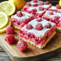 To make these delicious raspberry lemonade bars, you need a few key ingredients: - 1 cup all-purpose flour - 1/2 cup powdered sugar - 1/4 teaspoon salt - 1/2 cup unsalted butter, softened - 2 large eggs - 1 cup granulated sugar - 1/4 cup freshly squeezed lemon juice (about 2-3 lemons) - Zest of 1 lemon - 1 cup fresh raspberries, rinsed - 1/4 teaspoon baking powder - Extra powdered sugar for dusting These ingredients blend to create a balance of sweet and tart flavors. The fresh raspberries give bursts of flavor, while the lemon adds a zesty kick. You can add some optional ingredients for extra flair: - A dash of vanilla extract for warmth - Fresh mint leaves for a refreshing touch - A pinch of sea salt to contrast sweetness These additions can make your bars unique and boost the flavor profile. For this recipe, you will need a few tools: - An 8x8-inch baking pan - Parchment paper for easy removal - A medium mixing bowl for the crust - Another bowl for the filling - A whisk to mix the filling - A pastry cutter or your fingers to make the crust Using the right tools helps ensure your raspberry lemonade bars come out perfectly. For the full recipe, refer to earlier sections where I outline each step clearly. Start by preheating your oven to 350°F (175°C). Take an 8x8-inch baking pan and line it with parchment paper. Let the edges hang over the sides. This makes it easy to lift the bars out later. In a medium bowl, mix together the following ingredients: - 1 cup all-purpose flour - 1/2 cup powdered sugar - 1/4 teaspoon salt Add in 1/2 cup of softened unsalted butter. Use your fingers or a pastry cutter to blend this until it looks like coarse crumbs. Press this mixture firmly into the bottom of your baking pan. This forms the base of your bars. While the crust cools, grab a clean bowl. Whisk together: - 2 large eggs - 1 cup granulated sugar - 1/4 cup freshly squeezed lemon juice - Zest of 1 lemon - 1/4 teaspoon baking powder Mix until smooth. Then gently fold in 1 cup of fresh raspberries. Be careful not to mash them. You want some whole pieces for texture and beauty. Pour the raspberry lemon mixture over the cooled crust. Place the pan back in the oven. Bake for 20-25 minutes. The edges should be set, and the center may jiggle a bit. This is what you want! Once baked, take the pan out and let it cool completely on a wire rack. After it cools, lift the bars out using the parchment paper. Dust the top with extra powdered sugar. Cut into squares to serve. Enjoy your sweet and tangy treat! For the complete details, check the Full Recipe. To make a great crust, start with room-temperature butter. Cold butter does not mix well. Use a pastry cutter or your fingers to blend the flour, sugar, and butter. Aim for a crumbly texture. Press the crust firmly into the pan. This helps it stay together while baking. Bake until golden brown at the edges, about 15-18 minutes. Let it cool slightly before adding the filling. The filling needs eggs and baking powder to set correctly. Whisk the eggs and sugar until smooth. Add lemon juice and zest for flavor. Gently fold in the raspberries, but don’t crush them. Pour this mixture over the cooled crust. Bake until the edges look set, but the center should jiggle slightly. This ensures a creamy texture. Let the bars cool completely before cutting. Presentation makes a big difference. Use a decorative platter to show off your bars. Dust the top with powdered sugar for a sweet touch. For added flair, garnish with lemon slices and whole raspberries. Arrange them around the bars for a colorful display. This makes the dessert look more appealing and inviting. Trust me, these easy steps will impress your guests! {{image_4}} You can switch up the fruit in your raspberry lemonade bars. Try blackberries for a bold twist. Blueberries add a sweet touch, while strawberries bring a classic flavor. Each fruit changes the taste and color. Mix and match to find your favorite combo! If you want gluten-free bars, use almond or coconut flour. These flours work well and keep the taste great. Substitute the all-purpose flour with a gluten-free blend. This way, everyone can enjoy a tangy treat. Herbs can add a fun twist. Try fresh mint or basil for a surprising flavor boost. You can also add a splash of vanilla extract for a warm note. These small changes make a big difference. Get creative and mix flavors that you love! To keep your raspberry lemonade bars fresh, store them in an airtight container. Use parchment paper to separate layers if you stack them. This helps prevent sticking. Keep them in the fridge to maintain flavor and texture. They taste best when chilled, so enjoy them cold! You can freeze these bars for later. Cut them into squares first, then wrap each piece tightly in plastic wrap. Place the wrapped bars in a freezer-safe bag or container. They can last for up to three months in the freezer. When you’re ready to eat, thaw them in the fridge overnight. Raspberry lemonade bars will stay fresh in the fridge for about a week. If they start to look dry or lose flavor, it is best to toss them. Always check for any signs of spoilage before enjoying your treat. Yes, you can make Raspberry Lemonade Bars ahead of time. I often prepare them a day before serving. Just store them in the fridge. Cover them well to keep them fresh. This helps the flavors blend together nicely. If you don’t have fresh raspberries, frozen berries work well. Just thaw them first and drain excess juice. You can also use blueberries or strawberries for a different twist. Each fruit will give a unique taste to the bars. Check the edges of the bars for a set appearance. They should look firm when ready. The center may still jiggle slightly, which is okay. This means they will set well as they cool. To make these bars more tart, add extra lemon juice or zest. You can also mix in a bit of citric acid. Start with a small amount and taste as you go. This way, you’ll find the perfect level of tartness that you enjoy. You can find the full recipe for Raspberry Lemonade Bars above. Raspberry lemonade bars are easy and fun to make. We covered essential and optional ingredients, tools needed, and clear step-by-step instructions. Tips helped to ensure a perfect crust and a set filling. Explore fruit variations and storage methods to keep your bars fresh. You can customize your recipe, making it truly yours. Enjoy these tasty treats, and share them with friends or family for smiles all around. Dive into your kitchen with confidence to create this delightful dessert.