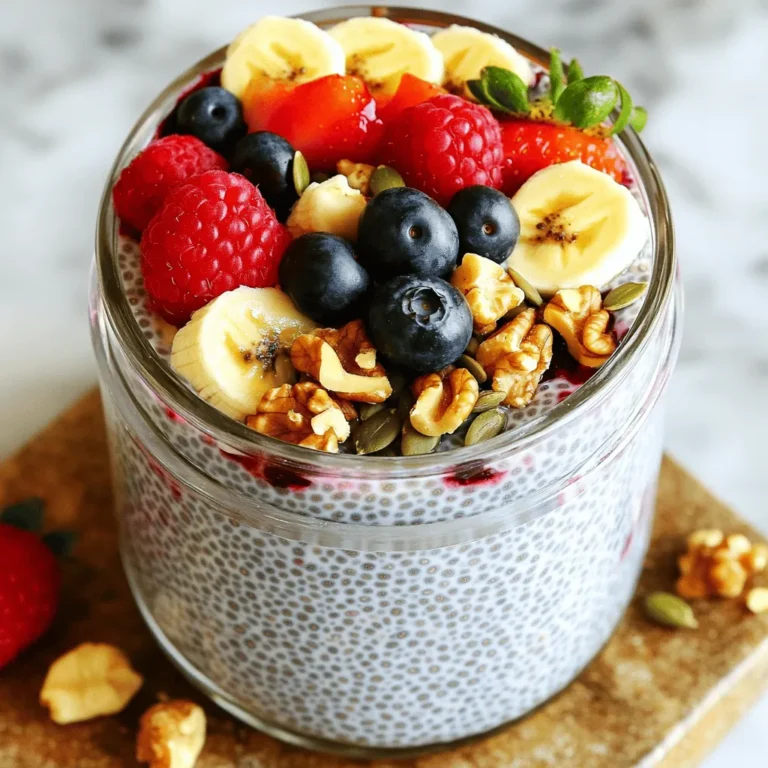 To make overnight chia pudding, you need a few key items. Here are the essential ingredients: - 1/2 cup chia seeds - 2 cups almond milk (or any milk of your choice) - 2 tablespoons maple syrup (or honey for sweetness) These ingredients are simple but vital. Chia seeds are high in fiber and good for digestion. They absorb liquid and turn thick, creating a creamy pudding. Your choice of milk adds flavor and creaminess. Sweetener makes the pudding tasty, so choose what you like best. You can make your chia pudding even better with some optional add-ins. Here are a few ideas: - Flavor enhancers like vanilla extract or cinnamon - Toppings such as fresh berries, sliced bananas, or nuts - Nutritional boosts with superfoods or seeds Adding flavor enhancers will give your pudding a unique taste. Fresh fruits not only add color but also provide vitamins. Nuts add a nice crunch and healthy fats. You can mix and match based on what you have on hand or what you enjoy most. For the full recipe, you can check the detailed instructions which will guide you through every step! First, take a medium bowl and add your chia seeds. Next, pour in the almond milk. You can use any milk you like. Mix in the maple syrup for sweetness. Then, add the vanilla extract and ground cinnamon. Stir everything together until well combined. This step is key for flavor. Now, grab a whisk. Use it to blend the mixture until it looks smooth. Make sure there are no clumps of chia seeds. After that, cover the bowl with plastic wrap. If you prefer, you can move the mixture to an airtight container. Place it in the fridge for at least four hours, or overnight if you can wait. This helps it thicken nicely. The next day, take your pudding out of the fridge. Check the thickness; it should be creamy. If it feels too thick, add a splash of almond milk. Stir it well to get your desired texture. Now, spoon the chia pudding into bowls or jars. For garnishing, top each with fresh berries, sliced bananas, and crunchy nuts. You can drizzle a bit more maple syrup if you like it sweeter. For a fun twist, layer the pudding with fruits in a clear jar. This makes a colorful treat that looks as good as it tastes! You can follow the [Full Recipe] for detailed steps. Soaking time is key for the best chia pudding. I find that letting it sit overnight yields a thick, creamy texture. If you are short on time, soak it for at least four hours, but overnight is best. To adjust the thickness, check the pudding in the morning. If it feels too thick, just add a splash of almond milk. Stir well until it reaches your desired creaminess. Experimenting with different liquids can change the taste. Almond milk adds a nutty flavor, while coconut milk brings a tropical twist. You can even use oat milk for a creamy finish. Adding spices or extracts can elevate the dish. A pinch of nutmeg or a splash of almond extract can make a big difference. Don't be afraid to get creative with flavors! Making chia pudding ahead saves time on busy mornings. I often prepare several jars at once. This way, I have breakfast ready all week long. Portioning the pudding into jars or containers makes it easy to grab and go. Plus, you can mix up your toppings to keep things interesting! {{image_4}} You can change up your overnight chia pudding with fun flavors. Here are two tasty options: - Chocolate chia pudding: Add 2 tablespoons of cocoa powder to the base. You can also stir in some chocolate chips for extra delight. - Tropical chia pudding with coconut and mango: Use coconut milk instead of almond milk. Add diced mango for a sweet tropical twist. You can easily adjust this recipe to fit your needs. Here are some ideas: - Vegan-friendly alternatives: This recipe is already vegan! Just use maple syrup for sweetness. - Nut-free versions: Substitute almond milk with oat milk or soy milk. This keeps it nut-free for those with allergies. Serving your chia pudding can be fun and creative. Here are two exciting ways: - Parfaits with layers of fruit and yogurt: Layer chia pudding with yogurt and your favorite fruits. This makes a colorful and tasty treat. - Chia pudding smoothies: Blend the pudding with some extra milk and fruit. This creates a smooth, creamy drink that you can enjoy on the go. You can find the full recipe to get started on this delicious journey! Choose glass or plastic containers with tight lids. These containers keep your chia pudding fresh. Always allow the pudding to cool before sealing. If you pack it with toppings, keep them separate. This helps prevent sogginess. Store your pudding in the fridge. Your chia pudding lasts about five days in the fridge. If you notice any strange smells, it’s time to toss it. Also, look for changes in texture or color. If it looks watery or clumpy, don’t eat it. Always trust your senses when checking for spoilage. You can freeze portions of your chia pudding for later. Use ice cube trays or small containers. This makes it easy to grab a quick snack. To thaw, move it to the fridge overnight. If you need it fast, use a microwave on low. Once thawed, stir well before serving. Overnight chia pudding needs at least 4 hours to set. I recommend letting it sit overnight. This gives the chia seeds time to absorb the liquid and create a thick texture. The longer it sits, the creamier it becomes. If you are short on time, 4 hours is the minimum for a good result. Yes, you can use other seeds. Flaxseeds are a popular choice, but they will change the texture. They need to be ground first for better absorption. You can also use hemp seeds, but they have a different taste and will not thicken like chia seeds. Experiment to find what you like best. You can add many superfoods to boost nutrition. Consider adding: - Nut butters for healthy fats and protein - Cacao powder for a chocolate flavor and antioxidants - Protein powder for an extra protein kick - Spirulina for a nutrient-packed boost These add-ins not only enhance the flavor but also increase the health benefits. Enjoy mixing and matching to find your perfect blend! For the full recipe, check out the Overnight Chia Pudding Delight. Overnight chia pudding is easy and fun to make. You need chia seeds, liquid, and sweeteners for the base. Optional add-ins like fruit and spices can take it to the next level. The steps to prep, mix, and set are simple. Achieving the right texture is key. You can also get creative with flavors and serve it in cool ways. Overall, overnight chia pudding is a tasty, healthy choice for any meal. Enjoy experimenting as you find your perfect mix!