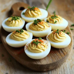 - 6 large eggs - 3 tablespoons mayonnaise - 1 teaspoon Dijon mustard - 1 teaspoon apple cider vinegar - Salt and freshly ground black pepper to taste - 1/4 teaspoon smoked paprika (plus extra for garnish) - Fresh chives or flat-leaf parsley, finely chopped, for garnish The first step to great deviled eggs is gathering your ingredients. Using fresh, quality eggs makes a big difference. You want your eggs to be large for the best results. Mayonnaise adds creaminess, while Dijon mustard gives a nice tang. Apple cider vinegar brightens the flavor. Adjust the salt and pepper to your taste. Smoked paprika adds a lovely color and flavor. Finally, fresh herbs like chives or parsley brighten up your dish. - Medium-sized saucepan - Mixing bowl - Fork for mashing - Sharp knife for slicing - Piping bag (optional for presentation) Having the right tools helps make cooking easier. A medium-sized saucepan works well for boiling eggs. You’ll need a mixing bowl to combine the yolk filling. A fork is simple and effective for mashing the yolks. A sharp knife makes slicing the eggs easy and clean. If you want a polished look, use a piping bag to fill the egg whites beautifully. Remember, you can find the full recipe in the article. 1. Start by placing 6 large eggs in a medium saucepan. 2. Cover the eggs with cold water, making sure the water is about 1 inch above the eggs. 3. Heat the saucepan over medium heat. Wait until the water reaches a rolling boil. 4. Once the water boils, cover the saucepan with a lid. Remove it from the heat. 1. While the eggs cook, prepare an ice bath. Fill a large bowl with ice cubes and cold water. 2. After 12 minutes, transfer the boiled eggs to the ice bath. Let them cool for about 5 minutes. 3. To peel the eggs, gently tap each egg on a hard surface. Peel under cool running water. This helps remove the shell easily. 1. Using a sharp knife, slice each egg in half lengthwise. 2. Carefully scoop out the yolks into a mixing bowl. Keep the egg whites intact. 3. In the mixing bowl, mix the yolks with: - 3 tablespoons mayonnaise - 1 teaspoon Dijon mustard - 1 teaspoon apple cider vinegar - Salt and freshly ground black pepper to taste - 1/4 teaspoon smoked paprika 4. Use a fork to mash the mixture until it’s smooth and creamy. Adjust seasoning as needed. 5. Spoon the creamy yolk mixture back into each egg white half. For a fancy look, use a piping bag. 6. To finish, sprinkle extra smoked paprika on top. Garnish with finely chopped fresh chives or parsley. For a complete guide, check out the Full Recipe. To hard boil eggs just right, follow these steps. For large eggs, cook for 12 minutes. For medium eggs, aim for 10 minutes. For extra-large eggs, stick with 14 minutes. To prevent cracks, let the eggs sit in warm water for a few minutes before boiling. This helps the eggs adjust to the heat slowly. The creaminess of your deviled eggs depends on the right ingredient ratios. I suggest three tablespoons of mayonnaise for six eggs. This gives a smooth, rich filling. You can use a fork to mix the yolks, but a food processor makes it even creamier. Just be careful not to overmix; we want a nice, fluffy texture. A great garnish makes deviled eggs pop! Try sprinkling smoked paprika on top for color. You can also add fresh herbs like chives or parsley. For a fun twist, use edible flowers or microgreens around the plate. When serving, arrange the eggs on a bright platter. This will draw everyone’s eye to your tasty creation. {{image_4}} You can make deviled eggs in many ways. For a classic taste, stick to the basic recipe. To spice things up, try spicy deviled eggs. You can add sriracha or chopped jalapeños for heat. This change gives each bite a zesty kick. Herbed variations also shine. Adding fresh dill or parsley can enhance the flavor. These herbs bring a fresh taste, making the eggs feel light and bright. You can mix and match these ideas based on your mood or the season. If you want a vegan option, use plant-based mayonnaise instead of regular mayo. This makes the dish suitable for everyone. You can create a low-calorie version, too. Swap out some mayo for Greek yogurt. This keeps the creaminess while cutting calories. You can also use avocado as a base. It’s creamy and adds healthy fats. These swaps make deviled eggs more versatile, fitting various diets while still being delicious. To take your deviled eggs to the next level, consider adding new ingredients. Crumbled bacon, chopped olives, or tangy pickles can provide great texture and flavor. Each addition adds a fun twist, making them more exciting. You can also explore international flavors. Try adding curry powder for a hint of warmth or wasabi for a kick. These flavors can transform your classic dish into something unique. Let your taste buds guide you in experimenting with these enhancements! To keep your leftover deviled eggs fresh, place them in a covered container. Try to use a shallow dish. This helps avoid any crushing. If you have a plate, cover it tightly with plastic wrap. Keep them in the fridge right away. This keeps them cool and safe to eat. Deviled eggs last about three to four days in the fridge. Make sure to check for signs of spoilage. If the eggs smell bad or look off, throw them away. Slimy egg whites or dry yolks are also bad signs. Trust your senses; it’s better to be safe than sorry. I do not recommend freezing deviled eggs. Freezing can change their texture. The egg whites may become rubbery. If you must freeze them, do so before adding the filling. Thaw them in the fridge and fill them before serving. This will help keep them tasty. How can I make deviled eggs ahead of time? You can prepare deviled eggs a day in advance. Cook and cool the eggs as usual. After mixing the yolks with the other ingredients, store the filling in a covered bowl. Keep the egg whites in a separate container. When it's time to serve, simply fill the whites with the yolk mixture. What type of mustard is best for deviled eggs? Dijon mustard is the most popular choice for deviled eggs. It gives a nice tangy flavor. You can also try yellow mustard for a milder taste or spicy mustard for a kick. Feel free to experiment based on your preference! Can I use different types of vinegar in the recipe? Yes, you can use various vinegars. Apple cider vinegar adds a nice sweetness. White vinegar offers a sharper taste. Even balsamic vinegar can work, but it will change the color. Choose what fits your flavor profile. Why do my egg yolks have a green ring? A green ring forms when eggs overcook. The iron in the yolk reacts with sulfur in the white. To avoid this, cook the eggs for the correct time. Cooling them quickly in ice water also helps. How do I prevent my egg whites from sticking to the shells? Older eggs tend to peel easier than fresh ones. If you use fresh eggs, steam them instead of boiling. This method can help prevent sticking. Also, peeling the eggs under running water can make it easier. Caloric content per serving. One serving of classic deviled eggs, which includes 2 halves, contains about 140 calories. Breakdown of nutritional values for key ingredients. - Eggs: High in protein and healthy fats. - Mayonnaise: Adds creaminess but also extra calories. - Mustard: Low in calories and provides flavor. - Vinegar: Almost no calories, adds tang. - Paprika: Minimal calories, great for garnish and flavor. For the full recipe, check out the Epic Classic Deviled Eggs 🥚! Deviled eggs are simple yet flavorful. You learned how to cook, cool, and prepare them using basic ingredients like eggs, mayonnaise, and mustard. I shared tips for perfect texture and how to present them beautifully. Variations and dietary options add even more fun to this dish. With proper storage, your leftovers can stay fresh. Use the info and tips here to create tasty deviled eggs for your next gathering. Enjoy every bite!
