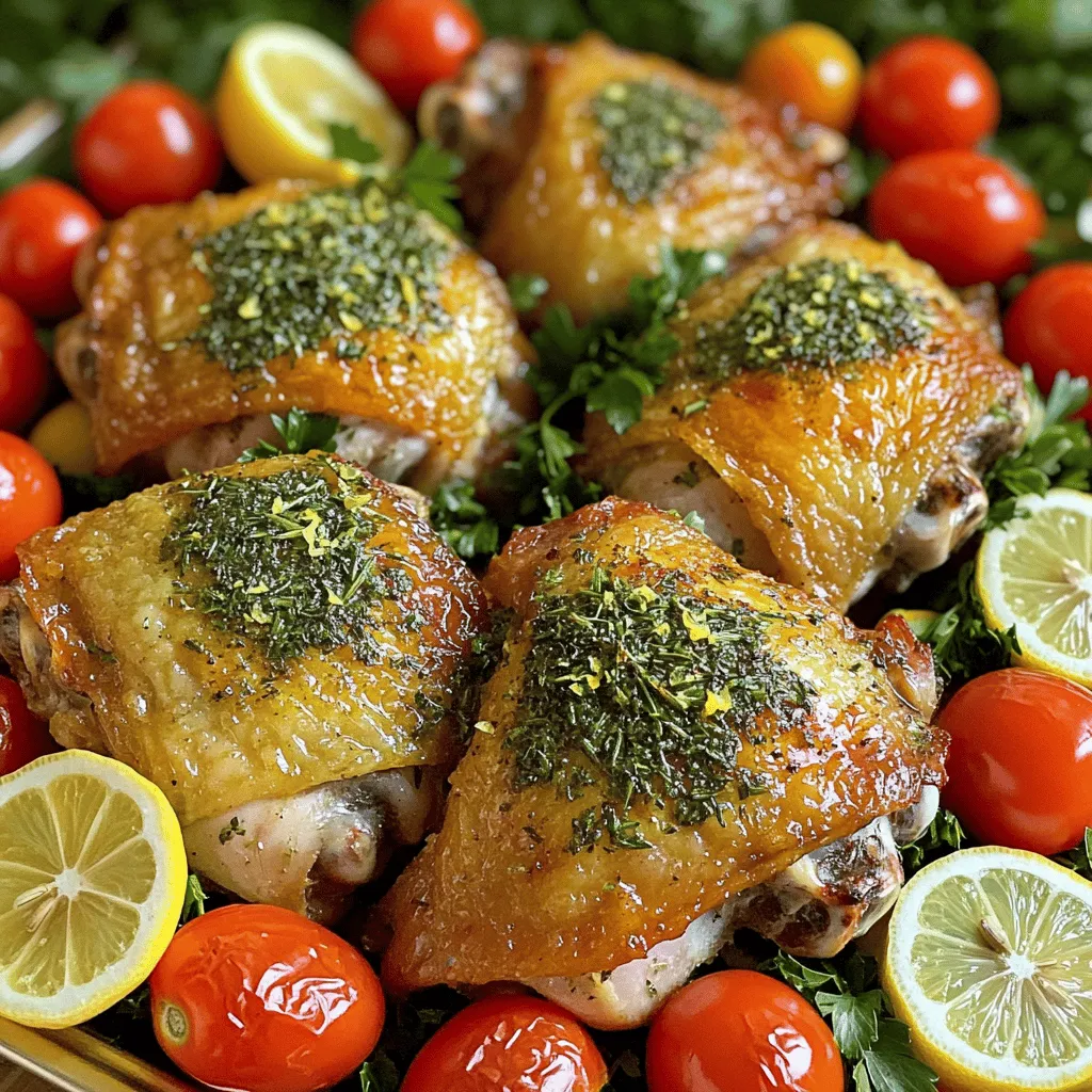 - 4 bone-in chicken thighs, skin-on - 1 tablespoon extra virgin olive oil - 2 cloves fresh garlic, minced - 1 tablespoon fresh rosemary, finely chopped - 1 tablespoon fresh thyme leaves - 1 tablespoon fresh parsley, finely chopped - Zest of 1 lemon - Salt and freshly cracked black pepper to taste - 1 cup cherry tomatoes, halved - 1 lemon, sliced into rounds When making herb roasted chicken thighs, the right ingredients matter. I always choose bone-in, skin-on chicken thighs for more flavor. The skin helps keep the meat juicy. The olive oil adds richness, while garlic gives a bold taste. Fresh herbs are key for bright flavors. I love using rosemary, thyme, and parsley. They blend well and create an aromatic dish. The lemon zest adds a fresh kick that brightens up the flavors. Don't forget to season well with salt and pepper. This step enhances every bite. The cherry tomatoes and lemon slices not only add color but also flavor. They roast beautifully with the chicken, creating a dish that is both pretty and tasty. For the full recipe, check the details above. 1. First, preheat your oven to 425°F (220°C). This high heat helps the chicken skin get crispy. 2. In a small bowl, combine 1 tablespoon of extra virgin olive oil, 2 cloves of minced garlic, 1 tablespoon of chopped rosemary, 1 tablespoon of thyme leaves, 1 tablespoon of chopped parsley, and the zest of 1 lemon. Add salt and black pepper to taste. Stir until you have a nice herb paste. 1. Take 4 bone-in chicken thighs and pat them dry with paper towels. This step is key for crispy skin. 2. Rub the herb paste generously under and over the skin of the chicken thighs. Make sure every piece is well coated to lock in flavor. 1. Arrange the chicken thighs, skin side up, in a large baking dish. 2. Add 1 cup of halved cherry tomatoes and a few lemon slices around the chicken. This adds color and flavor. 3. Roast the chicken in the oven for 30-35 minutes. Make sure the internal temperature reaches 165°F (75°C) for safe eating. This method makes every bite juicy and full of flavor. For the full details on how to make this dish, see the Full Recipe. To get that perfect crispy skin, start by patting the chicken thighs dry. This simple step removes moisture that can make the skin soggy. Next, cook the chicken at a high temperature of 425°F (220°C). This heat helps the skin crisp up nicely while keeping the meat juicy. For a deeper flavor, try marinating the chicken overnight. This allows the herbs and spices to soak into the meat. Fresh herbs, like rosemary and thyme, add bright flavors. If you use dried herbs, remember to use less, as they are more potent. Pair your herb roasted chicken thighs with side dishes like roasted vegetables or creamy mashed potatoes. These sides complement the rich flavors of the chicken. When plating, serve the chicken on a large platter. Arrange roasted cherry tomatoes and lemon slices around the chicken for a colorful and inviting display. Drizzle pan juices over the chicken for added flavor and shine. This makes your dish look as good as it tastes! {{image_4}} You can change the herbs in this dish to suit your taste. If you love basil, try it instead of rosemary. Oregano works well with chicken too. Fresh herbs give the best flavor, but dried herbs are fine too. Use one-third the amount when using dried herbs. So, if a recipe calls for one tablespoon of fresh herbs, use one teaspoon of dried. You don’t have to roast the chicken in the oven. Grilling gives a nice smoky taste. Just preheat your grill and cook the chicken thighs for about 20 minutes. Flip them halfway to cook evenly. If you’re busy, try a slow cooker. Place the thighs with herbs and some broth in the cooker. Set it on low for 6 hours. You’ll get juicy chicken with little effort. Adding vegetables makes this dish even better. Try seasonal veggies like zucchini or bell peppers. Toss them in with the chicken for roasting. You can also use root veggies like carrots or potatoes. They roast nicely and soak up the flavors. This way, you have a full meal on one tray, saving time and dishes. For a complete recipe, check the Full Recipe link. After enjoying your herb roasted chicken thighs, store any leftovers right away. Place the chicken in the fridge within two hours of cooking. Use an airtight container to keep it fresh. You can also wrap the chicken tightly in plastic wrap. This helps prevent air from drying it out. When you are ready to enjoy the leftovers, you want them juicy and tasty. To do this, use a microwave or oven. If using a microwave, cover the chicken with a damp paper towel. This keeps moisture in while it heats. If using an oven, set it to 350°F (175°C). Place the chicken in a baking dish, and add a splash of broth to keep it moist. Heat for about 15-20 minutes or until warm. If you want to save the chicken for later, freezing is a great choice. Cool the chicken completely before freezing. Wrap each piece in plastic wrap, then place them in a freezer bag. Be sure to remove as much air as possible. This helps prevent freezer burn. When you are ready to eat, thaw the chicken in the fridge overnight. For quick thawing, place the wrapped chicken in cold water for a few hours. Never thaw at room temperature, as it can lead to unsafe bacteria growth. For the full recipe, check the earlier sections! Cook bone-in chicken thighs for 30 to 35 minutes at 425°F (220°C). The skin should turn golden and crispy. Use a meat thermometer to check doneness. The thickest part must reach 165°F (75°C). This ensures your chicken is safe to eat and juicy. Yes, you can use boneless chicken thighs. Adjust the cooking time to about 25 to 30 minutes. Since they cook faster, keep an eye on the temperature. This helps you avoid dry chicken while still enjoying great flavor. Herb roasted chicken thighs pair well with many sides. Try roasted vegetables like carrots and broccoli. You can also serve it with creamy mashed potatoes or a fresh salad. Rice pilaf or crusty bread are also great options. These sides will enhance your meal. To keep chicken thighs tender, start by patting them dry. This helps get crispy skin. Use the herb paste generously under and over the skin. Allow the chicken to rest for five minutes after cooking. This helps the juices stay in the meat, making it juicy and tasty. In this post, I covered how to make herb-roasted chicken thighs. I shared important ingredients, step-by-step instructions, and helpful tips. You can achieve crispy skin and great flavor with fresh herbs. I also explored storage options and variations to try. Now, you have all you need to create a tasty meal. Enjoy experimenting with your own flavors and ingredients. Cooking can be fun and rewarding!
