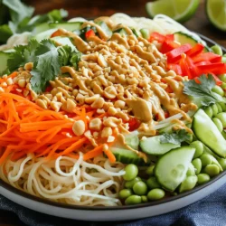- 8 ounces rice noodles - 1 cup shredded carrots - 1 cup red bell pepper, thinly sliced - 1 cup cucumber, julienned - 1 cup shelled edamame - 1/2 cup green onions, finely chopped - 1/2 cup fresh cilantro, roughly chopped To make this Thai Peanut Noodle Salad shine, you need fresh rice noodles. They give the dish a lovely texture. I love using thinly sliced red bell peppers for sweetness and color. Shredded carrots add crunch. The julienned cucumber keeps it light and fresh. Edamame offers protein, making the salad more filling. Next, you'll need the peanut dressing ingredients. A creamy peanut butter base makes everything rich and smooth. Soy sauce adds a savory depth. Fresh lime juice brightens the flavors. Maple syrup adds a hint of sweetness. Toasted sesame oil gives a warm, nutty taste. Lastly, minced garlic and grated ginger bring in some zing. - 1/4 cup crushed peanuts - Extra cilantro - Lime wedges For the final touch, sprinkle crushed peanuts on top. They add a delightful crunch. Extra cilantro brings a fresh burst of flavor. Serve lime wedges on the side. A squeeze of lime just before eating enhances every bite. Check out the Full Recipe for all the details! 1. Start by boiling water in a big pot. Add the rice noodles and cook them for about 4 to 6 minutes, or until they are soft but still firm. Check the package for specific times. 2. Once cooked, drain the noodles in a colander. Rinse them under cold water. This stops the cooking process and cools them down quickly. Set the noodles aside. 1. For the carrots, use a grater to shred them finely. This adds a nice crunch. 2. Thinly slice the red bell pepper. Aim for strips that are easy to eat. 3. Julienne the cucumber. This means cutting it into long, thin pieces. 4. Take the edamame beans from their pods and set them aside. 5. In a large mixing bowl, add all the prepared vegetables: carrots, red bell pepper, cucumber, edamame, chopped green onions, and cilantro. Gently toss them together until mixed. 1. In a medium bowl, add the creamy peanut butter, soy sauce, lime juice, maple syrup, sesame oil, minced garlic, and grated ginger. 2. Use a whisk to mix these ingredients well. If the dressing seems too thick, add water, a little at a time. Keep whisking until it looks smooth and pourable. 1. Take the cooled rice noodles and add them to the bowl with the mixed vegetables. 2. Pour the peanut dressing over everything. Use tongs or two forks to toss everything together. Make sure the noodles and veggies are well coated with the dressing for the best flavor. 1. Serve the salad in a large bowl, or divide it onto individual plates. 2. To make it look nice, sprinkle crushed peanuts on top. You can also add extra cilantro leaves and lime wedges on the side for a fresh touch. For the complete recipe, check out the [Full Recipe]. - Texture Balance: A great salad needs crispy and crunchy elements. Use fresh veggies like cucumbers and bell peppers. They add a nice crunch to your dish. The rice noodles should be soft but not mushy. This balance makes each bite enjoyable. - Flavor Enhancements: Add a squeeze of lime just before serving. This brightens up the flavors. You can also sprinkle extra crushed peanuts on top. They add crunch and a nutty taste. Try adding fresh herbs like mint or basil for a twist. - Overcooking Noodles: Cooking rice noodles can be tricky. Follow package instructions closely. If you overcook them, they become mushy. Always rinse them with cold water after cooking. This stops the cooking process and keeps them firm. - Dressing Too Thick: The peanut dressing should coat the salad well. If it’s too thick, it won’t mix right. Add water a little at a time while whisking. This helps achieve the perfect consistency. You want it smooth and pourable. - Best Mixing Bowls: Use a large mixing bowl for easy tossing. A clear glass bowl can let you see all the colors. This makes your salad visually appealing. - Essential Kitchen Tools: Use tongs or two forks for mixing. They help you toss everything evenly. A whisk is important for blending the dressing. This ensures all flavors mix well together. {{image_4}} Gluten-Free Options You can use rice noodles, which are naturally gluten-free. If you want to switch the sauce, use tamari instead of soy sauce. This way, you keep the flavor without the gluten. Vegetable Alternatives Feel free to swap in other veggies. Try snap peas, shredded cabbage, or radishes. These will add different crunch and flavors to your salad. The key is to keep the colors bright for an eye-catching dish. Chicken, Tofu, or Shrimp Adding protein can make this salad a full meal. Grilled chicken adds a savory touch. Tofu is a great plant-based option. Shrimp brings a nice seafood twist. Cook them first, then toss them in with the salad. Beans and Legumes You can also add beans like chickpeas or black beans. These are filling and nutritious. They blend well with the peanut dressing and add extra texture to the dish. Alternative Sauces If you want a twist, consider using almond butter or sunflower seed butter instead of peanut butter. This keeps the creamy texture while changing the flavor profile. You can also try a sesame dressing for a different taste. Spicy Add-Ins For some heat, add sriracha or chili flakes to the dressing. This will give your salad a nice kick. Adjust the amount based on your spice level. Enjoy the bold flavors that come with the heat! To store your Thai peanut noodle salad, keep it in the fridge. First, let it cool to room temperature. Then, place it in an airtight container. This helps keep it fresh and safe. - Use glass or plastic containers with tight lids. - Avoid metal containers, as they can react with the dressing. When you store the salad in the fridge, it stays good for about 3 days. The noodles and veggies might get soft over time. - If you want to keep it longer, you can freeze it. - For freezing, separate the peanut dressing from the salad. This helps preserve the texture and taste. When it’s time to enjoy your leftovers, you can reheat them easily. - The best method is to warm it in a pan on low heat. - Stir gently to avoid mushy noodles. If you want it cold, just add a bit of fresh dressing to revive the flavors. Always remember, keeping the texture right is key! Thai Peanut Noodle Salad lasts about 3 to 5 days in the fridge. Store it in an airtight container. The noodles may soften over time, but the flavors will still shine through. Always check for any signs of spoilage before enjoying leftovers. Yes, you can make this salad in advance. Prepare the salad up to a day ahead. Keep the dressing separate until you're ready to serve. This keeps the noodles and vegetables fresh and crunchy. If you store them together, the noodles may become soggy. Yes, Thai Peanut Noodle Salad is vegan. Use a plant-based peanut butter and soy sauce. The fresh vegetables and peanut dressing add great flavor. It’s a colorful and healthy choice for all eaters. You can pair this salad with many dishes. Serve it with grilled chicken or tofu for added protein. You might also enjoy it with spring rolls or a light soup. These sides complement the salad’s flavors and make a complete meal. This blog post covered how to make a delicious Thai Peanut Noodle Salad. You learned about key ingredients, including rice noodles, fresh veggies, and a tasty peanut dressing. We went through each step, from cooking to serving. You now have tips for perfecting the salad, avoiding common mistakes, and exploring fun variations. Remember to store any leftovers properly so they stay fresh. Whether you’re enjoying it solo or with friends, this salad is sure to please. Dive in, be creative, and enjoy the flavors!