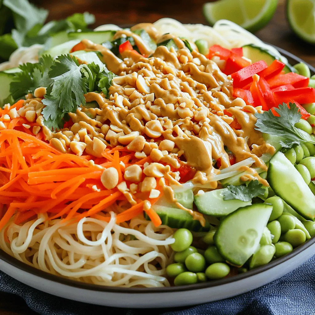 - 8 ounces rice noodles - 1 cup shredded carrots - 1 cup red bell pepper, thinly sliced - 1 cup cucumber, julienned - 1 cup shelled edamame - 1/2 cup green onions, finely chopped - 1/2 cup fresh cilantro, roughly chopped To make this Thai Peanut Noodle Salad shine, you need fresh rice noodles. They give the dish a lovely texture. I love using thinly sliced red bell peppers for sweetness and color. Shredded carrots add crunch. The julienned cucumber keeps it light and fresh. Edamame offers protein, making the salad more filling. Next, you'll need the peanut dressing ingredients. A creamy peanut butter base makes everything rich and smooth. Soy sauce adds a savory depth. Fresh lime juice brightens the flavors. Maple syrup adds a hint of sweetness. Toasted sesame oil gives a warm, nutty taste. Lastly, minced garlic and grated ginger bring in some zing. - 1/4 cup crushed peanuts - Extra cilantro - Lime wedges For the final touch, sprinkle crushed peanuts on top. They add a delightful crunch. Extra cilantro brings a fresh burst of flavor. Serve lime wedges on the side. A squeeze of lime just before eating enhances every bite. Check out the Full Recipe for all the details! 1. Start by boiling water in a big pot. Add the rice noodles and cook them for about 4 to 6 minutes, or until they are soft but still firm. Check the package for specific times. 2. Once cooked, drain the noodles in a colander. Rinse them under cold water. This stops the cooking process and cools them down quickly. Set the noodles aside. 1. For the carrots, use a grater to shred them finely. This adds a nice crunch. 2. Thinly slice the red bell pepper. Aim for strips that are easy to eat. 3. Julienne the cucumber. This means cutting it into long, thin pieces. 4. Take the edamame beans from their pods and set them aside. 5. In a large mixing bowl, add all the prepared vegetables: carrots, red bell pepper, cucumber, edamame, chopped green onions, and cilantro. Gently toss them together until mixed. 1. In a medium bowl, add the creamy peanut butter, soy sauce, lime juice, maple syrup, sesame oil, minced garlic, and grated ginger. 2. Use a whisk to mix these ingredients well. If the dressing seems too thick, add water, a little at a time. Keep whisking until it looks smooth and pourable. 1. Take the cooled rice noodles and add them to the bowl with the mixed vegetables. 2. Pour the peanut dressing over everything. Use tongs or two forks to toss everything together. Make sure the noodles and veggies are well coated with the dressing for the best flavor. 1. Serve the salad in a large bowl, or divide it onto individual plates. 2. To make it look nice, sprinkle crushed peanuts on top. You can also add extra cilantro leaves and lime wedges on the side for a fresh touch. For the complete recipe, check out the [Full Recipe]. - Texture Balance: A great salad needs crispy and crunchy elements. Use fresh veggies like cucumbers and bell peppers. They add a nice crunch to your dish. The rice noodles should be soft but not mushy. This balance makes each bite enjoyable. - Flavor Enhancements: Add a squeeze of lime just before serving. This brightens up the flavors. You can also sprinkle extra crushed peanuts on top. They add crunch and a nutty taste. Try adding fresh herbs like mint or basil for a twist. - Overcooking Noodles: Cooking rice noodles can be tricky. Follow package instructions closely. If you overcook them, they become mushy. Always rinse them with cold water after cooking. This stops the cooking process and keeps them firm. - Dressing Too Thick: The peanut dressing should coat the salad well. If it’s too thick, it won’t mix right. Add water a little at a time while whisking. This helps achieve the perfect consistency. You want it smooth and pourable. - Best Mixing Bowls: Use a large mixing bowl for easy tossing. A clear glass bowl can let you see all the colors. This makes your salad visually appealing. - Essential Kitchen Tools: Use tongs or two forks for mixing. They help you toss everything evenly. A whisk is important for blending the dressing. This ensures all flavors mix well together. {{image_4}} Gluten-Free Options You can use rice noodles, which are naturally gluten-free. If you want to switch the sauce, use tamari instead of soy sauce. This way, you keep the flavor without the gluten. Vegetable Alternatives Feel free to swap in other veggies. Try snap peas, shredded cabbage, or radishes. These will add different crunch and flavors to your salad. The key is to keep the colors bright for an eye-catching dish. Chicken, Tofu, or Shrimp Adding protein can make this salad a full meal. Grilled chicken adds a savory touch. Tofu is a great plant-based option. Shrimp brings a nice seafood twist. Cook them first, then toss them in with the salad. Beans and Legumes You can also add beans like chickpeas or black beans. These are filling and nutritious. They blend well with the peanut dressing and add extra texture to the dish. Alternative Sauces If you want a twist, consider using almond butter or sunflower seed butter instead of peanut butter. This keeps the creamy texture while changing the flavor profile. You can also try a sesame dressing for a different taste. Spicy Add-Ins For some heat, add sriracha or chili flakes to the dressing. This will give your salad a nice kick. Adjust the amount based on your spice level. Enjoy the bold flavors that come with the heat! To store your Thai peanut noodle salad, keep it in the fridge. First, let it cool to room temperature. Then, place it in an airtight container. This helps keep it fresh and safe. - Use glass or plastic containers with tight lids. - Avoid metal containers, as they can react with the dressing. When you store the salad in the fridge, it stays good for about 3 days. The noodles and veggies might get soft over time. - If you want to keep it longer, you can freeze it. - For freezing, separate the peanut dressing from the salad. This helps preserve the texture and taste. When it’s time to enjoy your leftovers, you can reheat them easily. - The best method is to warm it in a pan on low heat. - Stir gently to avoid mushy noodles. If you want it cold, just add a bit of fresh dressing to revive the flavors. Always remember, keeping the texture right is key! Thai Peanut Noodle Salad lasts about 3 to 5 days in the fridge. Store it in an airtight container. The noodles may soften over time, but the flavors will still shine through. Always check for any signs of spoilage before enjoying leftovers. Yes, you can make this salad in advance. Prepare the salad up to a day ahead. Keep the dressing separate until you're ready to serve. This keeps the noodles and vegetables fresh and crunchy. If you store them together, the noodles may become soggy. Yes, Thai Peanut Noodle Salad is vegan. Use a plant-based peanut butter and soy sauce. The fresh vegetables and peanut dressing add great flavor. It’s a colorful and healthy choice for all eaters. You can pair this salad with many dishes. Serve it with grilled chicken or tofu for added protein. You might also enjoy it with spring rolls or a light soup. These sides complement the salad’s flavors and make a complete meal. This blog post covered how to make a delicious Thai Peanut Noodle Salad. You learned about key ingredients, including rice noodles, fresh veggies, and a tasty peanut dressing. We went through each step, from cooking to serving. You now have tips for perfecting the salad, avoiding common mistakes, and exploring fun variations. Remember to store any leftovers properly so they stay fresh. Whether you’re enjoying it solo or with friends, this salad is sure to please. Dive in, be creative, and enjoy the flavors!