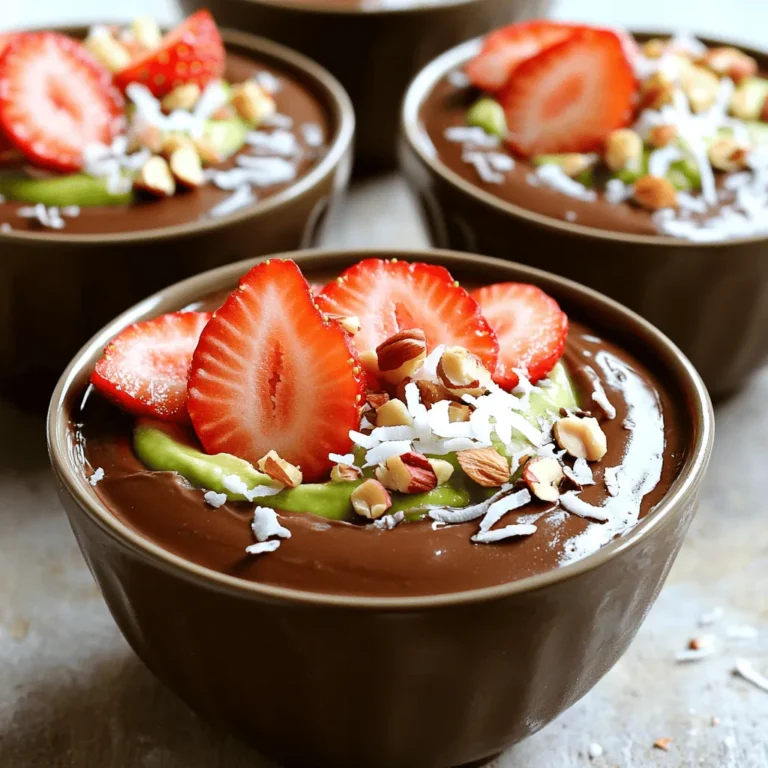 You need just a few simple ingredients for this creamy dessert. They work together to create a rich and smooth pudding. Here’s what you will need: - 2 ripe avocados - 1/4 cup unsweetened cocoa powder - 1/4 cup pure maple syrup (or honey) - 1/4 cup almond milk (or any milk of choice) - 1 teaspoon vanilla extract - A pinch of sea salt Each ingredient adds its own magic. The avocados give the pudding its creamy base. Cocoa powder brings the rich chocolate flavor. Maple syrup sweetens it just right. Almond milk helps blend everything smoothly. Vanilla extract adds depth, and a pinch of salt enhances the taste. To make your pudding even more fun, you can add toppings. Here are some tasty options: - Sliced strawberries - Coconut flakes - Chopped nuts These toppings add color and crunch. Fresh strawberries give a bright touch. Coconut flakes add a hint of tropical flavor. Chopped nuts add a satisfying crunch. You can mix and match to find your favorite combo! This pudding is not only delicious but also healthy. Here’s a quick look at its benefits: - Avocados: Full of good fats and fiber. - Cocoa Powder: Rich in antioxidants. - Maple Syrup: Natural sweetener with minerals. This dessert is a treat that you can feel good about eating. It’s creamy, rich, and packed with nutrients. Enjoy it guilt-free! For the full recipe, check out the instructions above. To start, grab two ripe avocados. Slice them in half and remove the pit. Use a spoon to scoop out the soft, green flesh. This creamy flesh will give the pudding its rich texture. Place the avocado pieces into your food processor. It’s best if the avocados are soft but not mushy. This ensures a smooth blend. Next, add the remaining ingredients. You will need 1/4 cup of unsweetened cocoa powder, 1/4 cup of pure maple syrup, and 1/4 cup of almond milk. Also, include 1 teaspoon of vanilla extract and a pinch of sea salt. Blend everything together until it becomes smooth and creamy. Stop the blender to scrape down the sides. This helps mix everything well. Taste your pudding and adjust the sweetness if needed. You can add more maple syrup or cocoa powder for a richer flavor. Once blended, spoon the pudding into serving bowls. Make sure to divide it evenly for a nice look. Cover each bowl with plastic wrap. Refrigerate for at least 30 minutes. This chilling time helps the flavors blend and sets the pudding to a nice firmness. The pudding tastes best when it’s cold. Enjoy your delightful treat! You can check the [Full Recipe] for more details. To make your pudding super creamy, use ripe avocados. The softer they are, the smoother your pudding will be. Blend the avocado well until there are no lumps. If your mixture seems thick, add more almond milk a little at a time. This helps achieve that perfect creamy texture. You might want your pudding sweeter or more chocolatey. Start with the recipe’s amount of maple syrup. Then taste it. If you like it sweeter, add more syrup. If you want a richer chocolate flavor, add a bit more cocoa powder. You can change it to suit your taste. Make your dessert look great! Use small bowls for serving. Top each bowl with sliced strawberries, coconut flakes, or chopped nuts. These add color and crunch. You can even drizzle some chocolate sauce on top for a fancy touch. Serve it chilled for the best experience. For the complete recipe, including preparation steps, check out the Full Recipe. {{image_4}} If you're looking for dairy-free options, almond milk works great. You can also use oat or coconut milk. Each choice adds a unique flavor. For a creamier texture, try using coconut cream instead of regular milk. This makes the pudding rich and smooth while keeping it dairy-free. Want to spice up your pudding? Consider adding a teaspoon of instant coffee. It boosts the chocolate flavor. You can also mix in a pinch of cinnamon for warmth. If you like fruit, blend in ripe bananas or a handful of berries. These add sweetness and make it more colorful. When it comes to serving, think about the setting. For a simple snack, serve it in small cups. For parties, layer the pudding in clear glasses with fruit and nuts. This looks beautiful and impresses guests. If you're celebrating, consider adding a dollop of whipped coconut cream on top. It makes the dessert feel extra special. Check out the Full Recipe to create your own variations and enjoy this creamy treat! Store any leftover chocolate avocado pudding in an airtight container. This keeps it fresh and tasty. Place it in the fridge right after serving. It will stay good for about 3 days. When you want to enjoy it again, just give it a good stir. You might want to add a splash of almond milk if it thickens. If you want to keep the pudding longer, freezing is a great option. Spoon the pudding into freezer-safe containers or ice cube trays. Leave some space at the top since it will expand as it freezes. You can freeze it for up to 3 months. When you want to eat it, move it to the fridge overnight. Let it thaw slowly for the best taste and texture. If you finish your pudding and want more, making a fresh batch is easy. Just follow the Full Recipe. You can adjust the sweetness or flavor to fit your taste. Use ripe avocados for the best creaminess. You’ll have a new bowl of chocolate delight in no time! Chocolate avocado pudding uses simple, healthy ingredients. You need ripe avocados, unsweetened cocoa powder, pure maple syrup or honey, almond milk, vanilla extract, and sea salt. Each of these ingredients adds a unique flavor. The avocados give it a creamy texture, while cocoa adds rich chocolate taste. Maple syrup or honey sweetens it naturally. Almond milk makes it smooth and light. This pudding is not just tasty; it's also a good source of healthy fats. Chocolate avocado pudding stays fresh in the fridge for about three days. It's best to keep it covered to prevent it from absorbing other smells. If you notice any browning on the surface, just stir it in. The pudding remains creamy and delicious for days. If you want to keep it longer, you can freeze it. Just remember to thaw it in the fridge before serving. Yes, you can substitute some ingredients in this recipe. If you don't have avocados, you can use silken tofu for a similar texture. If you need a nut-free option, use oat milk instead of almond milk. You can also switch maple syrup for agave syrup or any sweetener of your choice. This flexibility lets you customize the pudding to your taste. For the full recipe, check out the earlier section. In this post, we explored how to make chocolate avocado pudding. We covered the main ingredients, optional toppings, and key nutritional info. You learned step-by-step how to prepare and blend the avocados. We also discussed tips for creamy texture and adjusting sweetness. Variations for dietary needs and storage tips were included too. Remember, this pudding is a healthy treat with endless options. Enjoy your delicious creation!