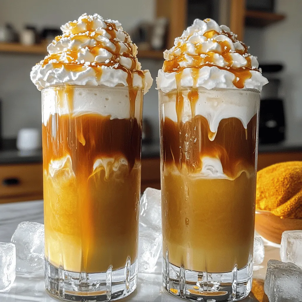 To make the perfect salted caramel iced coffee, you need a few key items: - 2 cups brewed coffee, cooled to room temperature - 1/2 cup milk (dairy or plant-based) - 1/4 cup caramel sauce, plus more for drizzling - 1/4 teaspoon sea salt, plus extra for garnish - Ice cubes - Whipped cream (optional) These ingredients create a rich, sweet coffee drink that is refreshing and satisfying. The coffee gives it a bold base, while the caramel adds sweetness. The sea salt balances the flavors, making each sip delightful. If you want to switch things up, try these alternatives: - Use almond, oat, or coconut milk instead of dairy milk for a lighter taste. - Swap out the caramel sauce for a sugar-free version if you want to cut calories. - Experiment with flavored syrups, like vanilla or hazelnut, for a unique twist. These alternatives can help you customize your drink to fit your taste or dietary needs. You can use either homemade or store-bought caramel sauce for this recipe. Homemade caramel sauce often tastes fresher and richer. You can control the sweetness and texture to your liking. Store-bought caramel is quick and convenient. It saves time and still tastes great. Look for high-quality brands that use real ingredients for the best flavor. No matter which option you choose, the caramel is essential to your iced coffee's charm. For the full recipe, check out the details above. To start, brew your coffee. I prefer using a drip coffee maker, but you can use any method. Let the coffee cool to room temperature. If you're in a hurry, place it in the fridge. This helps it chill faster. Aim for a strong brew. It will balance well with the creaminess of milk. Next, grab a mixing bowl or a jar. Add in the cooled coffee, milk, caramel sauce, and sea salt. Stir or shake it well. This step is key! You want the caramel to dissolve completely for a smooth taste. Taste it to see if you want more salt or caramel. Adjust as needed. Now, it's time to serve! Choose two tall glasses and fill them with ice cubes. The ice will keep your drink cold and refreshing. Pour the salted caramel coffee mixture over the ice. You can fill it to your liking. If you want to make it extra special, add whipped cream on top. Finish it off with a drizzle of caramel and a sprinkle of sea salt. Enjoy your salted caramel iced coffee delight! For the full recipe, check the section above. To get the right balance, use just the right amount of caramel. Too much can overwhelm. Start with 1/4 cup of caramel sauce, which gives a nice sweetness. Then, add 1/4 teaspoon of sea salt. This will help bring out the flavors. Taste the mix after stirring. You can always add more salt if you want a stronger flavor. Whipped cream can make your drink feel special. If you want to add it, use a generous dollop on top. Then, drizzle extra caramel sauce over the cream. This adds sweetness and looks nice. You might also sprinkle a tiny bit of sea salt on top. This will enhance the sweet and salty mix. Try adding chocolate shavings or a sprinkle of cocoa for extra flair. If mornings are rushed, brew your coffee the night before. Let it cool and store it in the fridge. This way, it’s ready to go when you are. You can also use instant coffee if you need to save time. Just mix it with hot water and let it cool. For the milk, keep a carton of your favorite dairy or plant-based milk on hand. This makes it quick to prepare your salted caramel iced coffee. For the full recipe, check out the details above! {{image_4}} You can change the flavor of your salted caramel iced coffee easily. Try adding mocha or vanilla. For mocha, mix in cocoa powder with the coffee. It gives a rich chocolate taste. For vanilla, simply add a splash of vanilla extract or syrup. This will make your drink sweeter and more fragrant. You can enjoy this drink no matter your diet. For a vegan version, use plant-based milk. Almond, oat, or soy milk work great. Choose a vegan caramel sauce to keep it dairy-free. If you want a low-calorie option, use unsweetened almond milk and a sugar-free caramel. You can still enjoy that salted caramel flavor without the extra calories. Want to make your iced coffee an adult treat? Add a splash of liqueur. Irish cream or coffee liqueur can enhance the flavor. Just mix in one ounce of liqueur with your other ingredients. It gives a warm, cozy twist to your drink. Perfect for a summer night or a special occasion! For the full recipe, you will find everything you need to make this delightful drink. If you have leftover salted caramel iced coffee, store it in the fridge. Pour it into an airtight container. This keeps it fresh and tasty for up to two days. Just remember to give it a good shake before you drink it again. To keep your ingredients fresh, store them properly. Keep brewed coffee in the fridge if you don't use it right away. For milk, seal it tightly and refrigerate. Always close your caramel sauce after use to prevent it from hardening. Sea salt can stay in a cool, dry place. When reheating your coffee, do it gently. Use a microwave or a stove on low heat. Avoid boiling it because that can change the flavor. If you want to enjoy your coffee warm, add a splash of fresh milk after reheating. This keeps the taste smooth and rich. For a full recipe, check out the detailed steps in the complete guide. The best coffee for iced coffee is brewed strong. I recommend using dark roast coffee. It holds up well when cold and mixed with cream and caramel. You can use fresh ground beans for the best taste. Cold brew coffee is also a great choice. It is smooth and less bitter, perfect for a sweet drink. Yes, you can make this drink without dairy. Just choose a plant-based milk. Almond milk, oat milk, or coconut milk are all great choices. They add unique flavors that blend well with the salted caramel. If you want a creamier texture, try using full-fat coconut milk. You won’t lose the rich taste! To adjust the sweetness, simply add or reduce the caramel sauce. Start with a small amount, then taste and add more if needed. You can also use simple syrup or flavored syrups for extra sweetness. If you want less sweet, cut back on the caramel. A pinch of sea salt can also balance the flavors nicely. For more ideas, check out the Full Recipe! This blog outlined how to make the perfect salted caramel iced coffee. We explored essential ingredients and offered tasty alternatives. You learned the best brewing practices and tips for mixing the coffee. We discussed how to achieve the right balance of sweet and salty, plus ideas for variations. In the end, whether you prefer homemade caramel or store-bought, this drink is simple and fun to make. Enjoy experimenting and creating your perfect iced coffee!