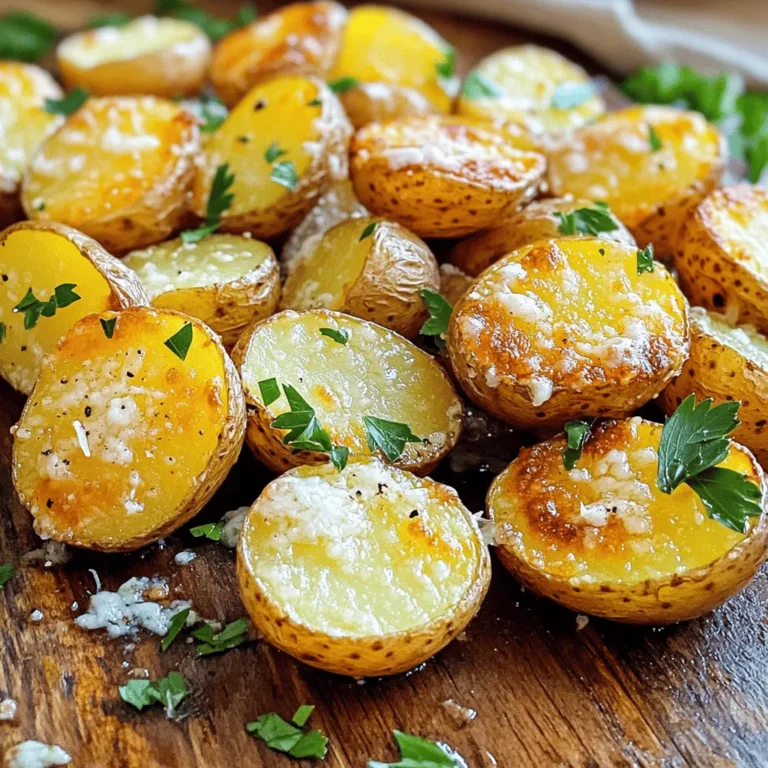 To make Garlic Parmesan Roasted Potatoes, gather these simple ingredients: - 1.5 lbs baby potatoes, halved - 4 tablespoons extra virgin olive oil - 4 cloves garlic, finely minced - 1 cup freshly grated Parmesan cheese - 1 tablespoon dried thyme - 1 tablespoon dried rosemary - Salt and freshly cracked black pepper, to taste - Fresh parsley, chopped (for garnish) Each ingredient plays a key role. The baby potatoes give a tender bite. Olive oil helps achieve that gorgeous crisp. Garlic adds a rich and savory taste, while Parmesan creates a flavorful crust. Thyme and rosemary lend aromatic notes. Salt and pepper enhance all the flavors. Fresh parsley adds a bright touch when serving. You can find the full recipe in the earlier section. Enjoy preparing this dish! Set your oven to 425°F (220°C). Preheating is key for even cooking. It helps the potatoes cook through and brown perfectly. In a large bowl, mix the halved baby potatoes with olive oil, minced garlic, dried thyme, and dried rosemary. Add salt and black pepper to taste. Toss gently until each potato gets a good coating of oil and spices. This step makes sure each bite is full of flavor. Arrange the seasoned potatoes in a single layer on a baking sheet. Make sure they are not crowded. Space allows them to roast evenly and get that crispy texture we all love. Roast in the oven for about 25 minutes. Stir the potatoes halfway through to ensure they cook evenly. After the potatoes are golden and tender, take them out. Sprinkle freshly grated Parmesan cheese over the top. This step is vital! Put them back in the oven for another 5-7 minutes. This will create that crispy cheese layer we all crave. Once the cheese is crispy and bubbly, take the baking sheet out. Let the potatoes cool for a few minutes. Before serving, garnish with chopped parsley for a fresh pop of color. Enjoy these Garlic Parmesan Roasted Potatoes as a great side dish or a tasty snack. For the full recipe, check the section above! To get crispy Garlic Parmesan Roasted Potatoes, spacing is key. When you place the potatoes, make sure they have room. If they are too close, they will steam instead of roast. Use a large baking sheet for the best results. Stir the potatoes halfway through roasting. This helps them brown evenly and keeps them from sticking. You can enhance the flavor of your roasted potatoes in many ways. Try adding smoked paprika for a rich taste. If you love garlic, add more minced garlic before roasting. Cheese lovers can mix in different cheeses like cheddar or gouda. Experiment with fresh herbs too, like basil or oregano, for a unique twist. For the best roasting experience, use a heavy-duty baking tray. This helps distribute heat evenly. Avoid thin sheets that bend easily. Quality ingredients make a difference. Fresh potatoes and real Parmesan cheese create the best flavors. Always pick the best you can find for your dish. For the full recipe, check out the complete guide! {{image_4}} You can change the herbs in Garlic Parmesan Roasted Potatoes to fit your taste. Fresh herbs give a bright flavor. Dried herbs also work well and are easy to use. If you want to switch things up, try using rosemary or thyme. Both herbs add a warm, earthy taste. You can also use fresh basil or oregano for a different twist. Each choice brings its own unique flavor to the dish. While Parmesan cheese is classic, other cheeses can shine here too. Try using Pecorino Romano for a sharper taste. You could also use cheddar for a rich, creamy flavor. If you need a dairy-free option, consider nutritional yeast. It has a cheesy flavor and works great on roasted potatoes. Just sprinkle it on before roasting. Want to add some heat to your Garlic Parmesan Roasted Potatoes? You can easily spice things up. Adding red pepper flakes gives a nice kick. You can also mix in smoked paprika for a smoky flavor. If you love heat, try cayenne pepper. Start with a small amount, then taste and add more as needed. These spices will enhance the flavor and make your potatoes pop! For the full recipe, check out the detailed steps provided. To keep your Garlic Parmesan Roasted Potatoes fresh, let them cool. Spread them out on a plate or baking sheet. Once cooled, transfer them to an airtight container. This will help prevent them from getting soggy. You can store them in the fridge for up to three days. Use glass or plastic containers that seal tightly for best results. When you reheat these tasty potatoes, you want to keep them crispy. The best way to do this is in the oven. Preheat your oven to 375°F (190°C). Spread the potatoes on a baking sheet and heat for about 10-15 minutes. This will help them regain their crunch. A microwave works too, but it can make them soft. If you use a microwave, heat them in short bursts of 30 seconds. Yes, you can freeze Garlic Parmesan Roasted Potatoes! First, let them cool completely. Then, place them in a freezer-safe bag or container. Remove as much air as possible to prevent freezer burn. They can last in the freezer for up to three months. When you're ready to eat them, thaw them in the fridge overnight before reheating. This keeps the flavor and texture nice. Yes, you can use many types of potatoes. Each type gives a unique taste and texture. Here are some options: - Yukon Gold: Creamy and buttery, great for roasting. - Red Potatoes: They hold their shape well and have a nice skin. - Sweet Potatoes: These add a sweet twist to the dish. Experiment with different potatoes to find your favorite! To make Garlic Parmesan Roasted Potatoes vegan, swap out the cheese. Here’s how: - Use nutritional yeast for a cheesy flavor. - Try vegan cheese made from nuts or soy. These options keep the dish tasty and plant-based! These potatoes pair well with many dishes. Here are some ideas: - Grilled chicken or steak for a hearty meal. - Roasted vegetables for a colorful plate. - A fresh salad for a lighter option. Mix and match to create your perfect meal! These roasted potatoes last about 3 to 5 days in the fridge. To keep them fresh: - Store in an airtight container. - Make sure they are fully cooled before sealing. Check for any signs of spoilage before eating. Yes, you can prep these potatoes ahead. Here’s how: - Wash and cut the potatoes a day in advance. - Store them in water in the fridge to prevent browning. When ready to cook, just drain and season! Here are a few mistakes to watch for: - Crowding the baking sheet: Give potatoes space for crispiness. - Not stirring: Stir halfway to ensure even roasting. - Skipping seasoning: Don’t hold back; season well for great flavor. Avoid these, and your potatoes will shine! For the full recipe, check here: [Full Recipe]. In this blog post, we explored how to make Garlic Parmesan Roasted Potatoes. I shared the key ingredients, like baby potatoes and Parmesan cheese, and provided step-by-step instructions for perfect roasting. We also looked at tips for crispiness, flavor boosts, and variations to keep things interesting. Remember, the right technique makes a big difference. Whether you enjoy them spicy or cheesy, these potatoes can fit any meal. Now, it’s time to get cooking and enjoy your new favorite dish!