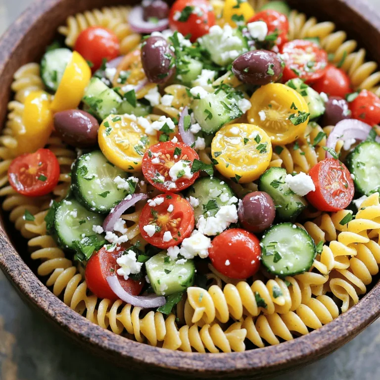 - 2 cups rotini pasta - 1 cup cherry tomatoes, halved - 1 cup cucumber, diced into bite-sized pieces - 1/2 red onion, finely chopped - 1/2 cup Kalamata olives, pitted and sliced - 1/2 cup feta cheese, crumbled - 1/4 cup extra-virgin olive oil - 2 tablespoons red wine vinegar (or substitute with apple cider vinegar) - 1 tablespoon freshly squeezed lemon juice - 1 teaspoon dried oregano - Salt and pepper to taste - Fresh parsley, chopped, for garnish Each ingredient brings its own flavor. Rotini pasta holds the dressing well. Cherry tomatoes add sweetness and color. Cucumbers offer a crisp texture. Red onion gives a sharp bite. Kalamata olives add briny notes. Feta cheese provides a creamy, tangy element. Olive oil and vinegar create a rich dressing. Lemon juice brightens every bite. Dried oregano adds a classic Greek touch. Fresh parsley makes the dish pop. When picking tomatoes, look for bright colors and firm skins. Cucumbers should be firm with no soft spots. Choose red onions that feel heavy and have shiny skins. For olives, go for ones packed in brine for better flavor. Fresh herbs should be vibrant and fragrant. Always smell before buying to ensure freshness. Selecting high-quality ingredients makes your pasta salad stand out. To start, bring a large pot of salted water to a boil. The salt adds flavor to the pasta. Once boiling, add 2 cups of rotini pasta. Cook it according to the package instructions until it is al dente. This means it should be firm when you bite into it. After cooking, drain the pasta in a colander. Rinse it under cold water. This stops the cooking and cools it down quickly. In a big mixing bowl, combine the cooled pasta with the other ingredients. Add 1 cup of halved cherry tomatoes, 1 cup of diced cucumber, 1/2 finely chopped red onion, and 1/2 cup of sliced Kalamata olives. Next, add 1/2 cup of crumbled feta cheese. Mix everything gently so that all the ingredients are well distributed. Now, let’s prepare the dressing. In a small bowl, whisk together 1/4 cup of extra-virgin olive oil, 2 tablespoons of red wine vinegar (or you can use apple cider vinegar), and 1 tablespoon of freshly squeezed lemon juice. Then add 1 teaspoon of dried oregano, salt, and pepper. Mix until everything is well blended. Drizzle the dressing over the pasta mixture in the big bowl. Toss everything together gently. You want to coat each ingredient with the dressing for the best flavor. Be careful not to break the pasta or feta cheese while tossing. Taste the pasta salad and adjust the seasoning. You can add more salt or pepper if you like. Cover the bowl with plastic wrap or a lid. Place it in the refrigerator and let it chill for at least 30 minutes. This helps the flavors mix together nicely. Just before serving, sprinkle some chopped fresh parsley on top for a nice pop of color and flavor. Serve your Greek pasta salad chilled. It makes a great side dish for grilled meats. You can also enjoy it as a light lunch. For a complete meal, add some grilled chicken or shrimp. If you want a vegetarian option, add chickpeas or avocado. This salad is perfect for picnics or potlucks. You can pack it in individual containers for easy sharing. To boost the flavor, use fresh herbs like basil or dill. Fresh lemon zest adds a bright touch. You can also try different types of olives for variety. If you love spice, add a pinch of red pepper flakes. A sprinkle of toasted pine nuts or walnuts can add crunch. For a sweeter note, toss in some roasted red peppers. You can find more ideas in the Full Recipe. Do not skip rinsing the pasta after cooking. This stops the cooking process and cools it down. Avoid overcooking your pasta; it should be al dente. If you add too much dressing, the salad can become soggy. Always taste your salad before serving. This way, you can adjust the seasoning to your liking. Lastly, don’t forget to chill the salad for at least 30 minutes. This step helps all the flavors blend well. {{image_4}} You can swap ingredients in your Greek pasta salad. If you don't like olives, try artichokes. For cheese, goat cheese works great too. If you want a twist, add some sun-dried tomatoes or bell peppers. You can even use quinoa instead of pasta for a gluten-free option. Want to make it vegan? Skip the feta cheese or use a vegan cheese. For a gluten-free salad, choose gluten-free pasta or grains like rice. Many people enjoy adding chickpeas for protein. This makes your salad filling and delicious. Different places in Greece have unique takes on pasta salad. In some areas, they mix in roasted peppers or capers. Others might add fresh herbs like dill or mint. Each region has its own flavors and ideas, making this dish fun to explore. To store your Greek pasta salad, put it in an airtight container. Make sure the lid seals well to keep air out. You can also cover the bowl tightly with plastic wrap. This helps the salad stay fresh and tasty. Your salad lasts about 3 to 5 days in the fridge. The veggies and pasta remain good during this time. However, the salad may become mushy if stored too long. Always check for any strange smells or colors before eating. If it looks off, throw it out. To refresh your chilled salad, give it a good stir before serving. If it looks dry, add a splash of olive oil or lemon juice. This helps revive the flavors. You can also add a bit more salt and pepper to taste. If you like, toss in some fresh herbs for extra zest. The Full Recipe shows how to make this salad, so you can enjoy it fresh every time! To make your Greek pasta salad more flavorful, add herbs and spices. Fresh basil or dill can enhance taste. You can also add roasted red peppers for sweetness. A pinch of garlic powder or some red pepper flakes will add a nice kick. Don't forget to taste and adjust salt and pepper as you mix. Yes, you can prepare this salad in advance. In fact, making it a day ahead can help the flavors blend better. Just store it in the fridge and cover it tightly. When you’re ready to serve, give it a quick toss to mix everything again. Rotini pasta is the best choice for Greek pasta salad. Its shape holds onto the dressing and other ingredients well. You can also use penne or bowtie pasta if you prefer. Just make sure to cook it al dente for the best texture. Chilling the pasta salad is not strictly necessary, but it helps the flavors meld. A cold salad is refreshing, especially on warm days. I suggest chilling it for at least 30 minutes before serving for the best taste. Yes, you can make the dressing ahead of time. Mix the olive oil, vinegar, and lemon juice in a jar. Store it in the fridge until ready to use. Just give it a good shake before pouring it over the salad. This way, you save time when you prepare your meal. This blog post covered how to make a tasty Greek pasta salad. We went over the key ingredients and tips for choosing fresh ones. I provided step-by-step instructions for cooking and combining everything. You now have serving ideas and tricks to make flavors pop. Don't forget about the variations to fit your needs. Lastly, I shared how to store leftovers for later. Enjoy creating your own twist on this dish!