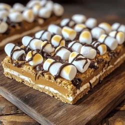 - 1 ½ cups graham cracker crumbs - ½ cup unsalted butter, melted - ½ cup packed brown sugar - 1 cup mini marshmallows - 1 cup semi-sweet chocolate chips - ½ cup creamy peanut butter - ½ teaspoon vanilla extract - A pinch of salt Gathering the right ingredients is key. You want the best flavors for your S'mores Bars. The graham cracker crumbs give a nice base. The unsalted butter adds richness. Brown sugar brings sweetness, while mini marshmallows provide that gooey texture. Semi-sweet chocolate chips melt perfectly. Creamy peanut butter adds a twist, making it even tastier. A little vanilla extract enhances all these flavors. The salt balances the sweetness, making every bite delightful. - Gluten-free options: Use gluten-free graham cracker crumbs. Almond flour can work too. - Vegan alternatives: Swap unsalted butter for coconut oil or a vegan butter. Use vegan chocolate chips and skip the creamy peanut butter if you prefer. These substitutions keep the fun alive. You can still enjoy S'mores Bars even with different diets. Get creative and make it your own! First, preheat your oven to 350°F (175°C). This helps the bars bake evenly. Next, prepare a 9x9 inch baking pan. You can grease it lightly or use parchment paper. Parchment makes it easier to lift the bars out later. Now, let’s make the crust. In a bowl, mix together graham cracker crumbs, melted butter, and brown sugar. Stir until it looks crumbly. Press this mixture firmly into the bottom of your pan. It should cover the whole base. Bake the crust for 8 to 10 minutes. You want it to look light golden brown. After baking, let it cool for a few minutes. Next, prepare the peanut butter layer. Heat creamy peanut butter in the microwave for about 30 seconds. It should be smooth and pourable. Add vanilla extract and a pinch of salt. Stir well. Drizzle the peanut butter over the cooled crust. Spread it evenly with a spatula. Then, sprinkle mini marshmallows and chocolate chips on top. Press them down gently so they stick. Return the pan to the oven. Bake for another 10 to 12 minutes. Look for golden marshmallows and melted chocolate. This gives the bars their gooey texture. Once baked, take the pan out of the oven. Allow the bars to cool completely in the pan. This prevents them from falling apart when sliced. When cool, use a sharp knife to cut the bars into squares. For a fun twist, serve them on a rustic wooden board. You can also add extra mini marshmallows or a drizzle of warm chocolate on top. Enjoy your homemade S'mores Bars! For the full recipe, refer back to the ingredients and instructions. - Ensuring optimal texture: To get the best texture, do not skip the cooling step. Let your crust cool for a few minutes before adding the layers. This helps keep the bars from becoming too soggy. You want a nice crunch from the graham cracker base, so watch your baking time closely. Bake the crust until it is light golden brown. - Avoiding burnt marshmallows: Keep an eye on the marshmallows as they bake. They can go from perfect to burnt quickly. I recommend checking them at the 10-minute mark. If they are golden and puffy, it's time to take them out. You want that gooey texture, not charred bits! - How to serve beautifully: For a stunning display, cut your bars into neat squares. Arrange them on a rustic wooden cutting board. This adds a homey touch. You can also use small cupcake liners to serve individual pieces. This makes it easy for guests to grab a bar. - Garnishes to enhance appearance: Add extra mini marshmallows on top for a fun look. A drizzle of warm melted chocolate can elevate the visual appeal. You can also sprinkle a bit of graham cracker crumbs on top for texture. It makes your S'mores Bars look even more inviting! Enjoy these tips to make your S'mores Bars the star of the show! For the complete recipe, check out the Full Recipe section. {{image_4}} You can make S'mores Bars even more fun by changing flavors. Here are a few ideas: - Adding nuts or fruit: Try adding chopped nuts like walnuts or almonds. You can also mix in fruit like sliced bananas or strawberries. These add great taste and texture. - Chocolate types: You don’t have to stick to semi-sweet chocolate chips. Use dark chocolate for a richer flavor or white chocolate for a sweeter touch. Each type changes the taste and makes it special. S'mores Bars can fit many diets. Here’s how to adapt them: - Gluten-free S'mores Bars: To make these bars gluten-free, swap graham cracker crumbs with gluten-free crumbs. You can find these at most stores. Make sure all other ingredients are gluten-free too. - Vegan S'mores Bars: For a vegan option, use vegan butter and dairy-free chocolate. Replace the mini marshmallows with vegan marshmallows. These swaps keep the bars tasty while meeting vegan needs. With these variations, you can create your perfect S'mores Bars. Check out the Full Recipe to get started! To keep your s'mores bars fresh, store them in an airtight container. This will help keep them soft and chewy. Place a piece of wax paper between the bars to prevent sticking. You can also wrap each bar in plastic wrap for added protection. If you want to save some for later, freezing works great. Cut the bars into squares. Wrap each square in plastic wrap, then place them in a freezer bag. They can last up to three months in the freezer. At room temperature, these bars stay fresh for about five days. To maintain their taste and texture, keep them in a cool, dry place away from sunlight. Look for signs of spoilage. If you see mold or an off smell, it’s best to throw them away. Enjoy your delicious bars while they are fresh! How do I make S'mores Bars without an oven? You can make S'mores Bars on the stovetop or in a microwave. For the stovetop, use a non-stick pan. Melt the butter and mix in the crumbs and sugar. Press it into the pan. Add layers as usual. For the microwave, layer the ingredients in a microwave-safe dish. Heat in short bursts until the chocolate and marshmallows melt. Can I make S'mores Bars ahead of time? Yes, you can make S'mores Bars a day or two in advance. After baking, let them cool completely. Cover them tightly with plastic wrap or foil. Store them in a cool, dry place. This way, they stay fresh and tasty when you're ready to enjoy them. What is the best way to reheat S'mores Bars? To reheat S'mores Bars, use the microwave. Heat them for about 10 to 15 seconds. This warms them up and makes the chocolate soft again. Don't heat too long, or the marshmallows may melt too much. Why are my bars too crumbly? Bars can crumble if there isn't enough butter or if you overbake them. Ensure you measure the butter correctly. When baking, look for a light golden brown color. If they crumble, try pressing them back together with your hands. How to fix burnt marshmallows? If your marshmallows burn, remove the pan right away. You can gently scrape off the burnt parts. To avoid this, keep a close eye on the bars as they bake. If you see signs of burning, lower the oven temperature or remove them early. You learned how to make delicious S'mores Bars with simple steps. We covered the key ingredients, how to layer them, and tips for perfect baking. You can switch ingredients for dietary needs, like gluten-free or vegan options. Storing and serving these sweet treats is easy with my best practices. Enjoy experimenting with flavors and variations that suit your taste. Now, you can bake confidently and share these tasty bars with everyone!
