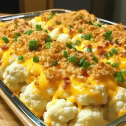 - 1 large head of cauliflower - 1 cup sharp cheddar cheese - 1/2 cup cream cheese - 1/2 cup sour cream The star of this dish is the cauliflower. Choose a large head, as it provides a great base. The sharp cheddar cheese adds a bold flavor. Cream cheese and sour cream give the casserole a creamy texture. This blend makes each bite rich and satisfying. - 1/2 cup cooked and crumbled turkey bacon - 1/4 cup breadcrumbs - 1/2 teaspoon smoked paprika These optional ingredients can elevate your dish. Turkey bacon adds a savory crunch. Breadcrumbs on top give it a nice texture. If you want a smoky touch, try smoked paprika. It’s an easy way to add depth to the flavor. - 1 teaspoon garlic powder - 1 teaspoon onion powder - Salt and freshly ground black pepper - 1/2 cup green onions Seasoning is key to a tasty casserole. Garlic and onion powder bring a warm flavor. Add salt and pepper to taste for balance. Green onions not only enhance flavor but also look great as a garnish. They will make your dish pop with color and freshness. For the full recipe, follow the simple steps to create this delicious Loaded Cauliflower Casserole. - Preheat oven to 375°F (190°C). - Fill a large pot with water and add salt. Bring the water to a boil. - Carefully add the cauliflower florets. Cook for 5-7 minutes. - The florets should be tender but still firm. Drain and set aside. - In a big bowl, mix the softened cream cheese and sour cream together. - Add garlic powder, onion powder, salt, black pepper, and smoked paprika. - Blend until the mix is smooth and creamy. - Spread the cooked cauliflower in the baking dish. - Layer half of the chopped green onions and half of the crumbled turkey bacon. - Pour the creamy mixture over the cauliflower evenly. - Generously sprinkle shredded cheddar cheese on top. - Add the remaining green onions and turkey bacon. - If you want crunch, add breadcrumbs on top. - Place the dish in the oven and bake for 25-30 minutes. - Look for bubbling cheese and a golden-brown color. - Let it cool for a few minutes before serving. For the full recipe, check out the details shared earlier. Enjoy this hearty and flavorful dish! To boost the flavor, try using different types of cheese. You can mix in mozzarella or pepper jack for a fun twist. Each cheese adds its own taste and richness. Incorporating spices and herbs also makes a big difference. Fresh herbs like chives or parsley add a bright note. You can also try a pinch of cayenne for heat. Decide if you want your casserole creamy or crunchy. For a creamier dish, use more cream cheese and less cauliflower. To make it crunchy, add breadcrumbs or top with more cheese. Adjust the cooking time to get the texture you like. If you want a softer casserole, bake it a little longer. For a firmer dish, check it a few minutes before the time is up. You can swap out cream and cheese for lighter options. Greek yogurt works well in place of sour cream. For a vegan-friendly version, use cashew cream or a plant-based cheese. These swaps keep the dish tasty while cutting down on calories. You can enjoy Loaded Cauliflower Casserole without feeling guilty! For the full recipe, check out the section above. {{image_4}} You can easily customize your Loaded Cauliflower Casserole with protein add-ins. For meat lovers, try adding cooked chicken, sausage, or ham. These meats blend well with the creamy sauce and add heartiness. If you prefer a vegetarian option, use plant-based bacon or chickpeas. These options give a tasty twist while keeping it healthy. Spice it up with some exciting flavor profiles. For a kick, add diced jalapeños or a dash of hot sauce. This adds heat and makes the dish more exciting. On the other hand, if you prefer a fresh taste, try mixing in herbs like thyme or rosemary. These herbs enhance the dish and add a delightful aroma. Seasonal toppings can really elevate your casserole. In the summer, add fresh tomatoes or zucchini for a burst of flavor. In winter, roasted root vegetables like carrots or parsnips can add depth. Also, adjust spices based on the season. For example, use nutmeg in fall or lemon zest in spring to match the flavors of the season. For a detailed guide, check out the Full Recipe for Loaded Cauliflower Casserole. After making loaded cauliflower casserole, let it cool down. Once cool, place it in an airtight container. This helps keep the flavors fresh. Store it in the fridge for up to five days. If you want to save it longer, consider freezing it. To freeze, wrap it tightly in plastic wrap, then place it in a freezer-safe bag. It can last up to three months in the freezer. When it's time to enjoy your leftovers, you have a few options. You can reheat the casserole in the oven or the microwave. For the oven, preheat it to 350°F (175°C). Cover the casserole with foil to keep it moist and heat for about 20-30 minutes. In the microwave, place a serving on a microwave-safe plate and heat for 1-2 minutes, checking often. Make sure it is hot all the way through for the best taste. In the fridge, your loaded cauliflower casserole stays fresh for about five days. If you see any mold or it smells off, it's time to toss it. When you freeze it, it stays good for up to three months. Always check for ice crystals or freezer burn, which can change the flavor and texture. Enjoy your delicious dish while it’s still at its best! For the full recipe, check out the loaded cauliflower casserole section. Cooking Loaded Cauliflower Casserole takes about 45 minutes total. Here’s the breakdown: - Prep Time: 15 minutes - Cook Time: 30 minutes You first prepare the casserole in about 15 minutes. Then, bake it for 25 to 30 minutes. This time ensures the cheese melts and the dish turns golden. Yes, you can make Loaded Cauliflower Casserole ahead of time. Here’s how: 1. Prepare the dish as usual but do not bake it. 2. Cover the baking dish with plastic wrap or foil. 3. Store it in the fridge for up to 24 hours. When ready to eat, simply bake it straight from the fridge. You may need to add a few extra minutes to the cooking time. If you need a substitute for cream cheese, try these options: - Greek yogurt: This adds creaminess and tang. - Silken tofu: Blend it for a smooth texture. - Nut-based cream cheese: Look for dairy-free brands in stores. These options keep your casserole flavorful and rich, even without cream cheese. Loaded Cauliflower Casserole offers a creamy, savory dish perfect for any meal. We covered the main and optional ingredients, plus step-by-step directions to make it easy. I shared tips for enhancing flavor and ensuring the best texture. You can personalize your dish with variations and learn smart storage techniques. Now, you are ready to create your own version of this tasty casserole. Enjoy experimenting with flavors and enjoy the delicious results!