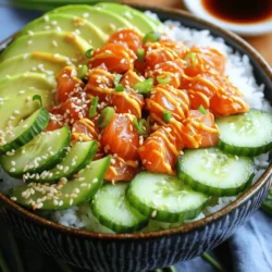 Making a spicy tuna sushi bowl is fun and easy. You need fresh, quality ingredients to create bold flavors. Here’s what you will need: - 1 cup sushi rice - 1 ¼ cups water - 1 tablespoon rice vinegar - 1 teaspoon sugar - ¼ teaspoon salt - 8 oz sushi-grade tuna, diced - 1 tablespoon sriracha (adjust to taste) - 1 tablespoon mayonnaise - 1 ripe avocado, sliced - 1 cucumber, thinly sliced - 2 green onions, finely chopped - 1 tablespoon sesame seeds - Nori sheets, cut into strips (for garnish) - Soy sauce (for drizzling) - Optional: pickled ginger and wasabi, for serving Each ingredient plays a key role. Sushi rice provides the base. It’s sticky and holds together well. Sushi-grade tuna gives the dish its signature flavor. Always choose high-quality tuna for safety and taste. The seasoning ingredients enhance the rice and tuna. Rice vinegar adds a tangy taste. Sugar and salt balance the flavor. Sriracha gives the tuna a spicy kick. Adjust it based on your heat preference. Mayonnaise adds creaminess to the tuna. Fresh vegetables like avocado and cucumber add crunch and color. Green onions and sesame seeds bring flavor and texture. Nori sheets provide a nice touch when garnishing. Finally, soy sauce adds umami and enhances the whole dish. For a full recipe, check out the detailed instructions to guide you in making this delicious meal! Rinsing the Rice Start by rinsing 1 cup of sushi rice. Use a fine-mesh strainer and run cold water over it. Swirl the rice with your hand until the water runs clear. This removes excess starch. Rinse it about 3-4 times for best results. Cooking the Rice After rinsing, add the rice to a medium saucepan. Pour in 1 ¼ cups of water. Bring it to a boil over medium-high heat. Once boiling, reduce the heat to low. Cover the pan with a lid and let it simmer for 18 minutes. After cooking, remove it from the heat. Let it sit covered for 10 more minutes to steam. Seasoning the Rice While the rice cooks, mix 1 tablespoon of rice vinegar, 1 teaspoon of sugar, and ¼ teaspoon of salt in a small bowl. Whisk until everything dissolves. Once the rice is ready, transfer it to a large bowl. Gently fold in the vinegar mixture with a rice paddle. This adds flavor without mashing the rice. Let it cool to room temperature. Mixing Tuna with Sauce In a separate bowl, take 8 oz of diced sushi-grade tuna. Add 1 tablespoon of sriracha and 1 tablespoon of mayonnaise. Stir gently to coat each piece of tuna. This mixture gives a spicy and creamy flavor. Adjusting Spice Levels Feel free to adjust the spice by adding more sriracha. If you like it hotter, add more sauce. Taste as you go until it suits your palate. Serving Components Once your sushi rice cools, divide it into serving bowls. Top each bowl with the spicy tuna mixture. Next, add sliced avocado and thin cucumber on the side. This adds color and crunch. Presentation Tips For a polished look, use white bowls. This contrasts nicely with the vibrant colors. Layer the rice, tuna, and vegetables for height. Sprinkle chopped green onions and sesame seeds on top for a fresh finish. Add nori strips for extra texture. Now you have a beautifully presented Spicy Tuna Sushi Bowl! Enjoy every bite. For the complete step-by-step process, refer to the Full Recipe. Best Type of Tuna For a spicy tuna sushi bowl, always choose sushi-grade tuna. This type is fresh and safe to eat raw. Look for tuna that is bright red and has a clean smell. Yellowfin and ahi are great options. If you prefer a milder taste, opt for farmed tuna. Quality of Rice Sushi rice is key to this dish. Use short-grain sushi rice for the best texture. It becomes sticky when cooked, holding its shape well. Always buy high-quality rice to ensure great flavor. Rinse the rice well to remove extra starch. This helps it stay fluffy. Rice Cooking Tips To cook sushi rice, measure one cup of rice and rinse it under cold water. Do this until the water runs clear. This step is important to avoid gummy rice. Use a rice cooker or a pot. After cooking, let the rice rest to absorb moisture. This makes it tender and perfect for your bowl. Mixing Techniques When mixing the rice with vinegar, use a gentle folding motion. This keeps the rice intact. Avoid smashing it; you want each grain to remain separate. Let the rice cool to room temperature before assembling. This helps maintain its texture and flavor. Additional Toppings You can add many toppings to your spicy tuna sushi bowl. Slices of avocado add creaminess. Cucumber gives a nice crunch. Try adding radishes or pickled vegetables for extra flavor. For a spicy kick, sprinkle on some sliced jalapeños or add more sriracha. Alternative Sauces While sriracha and mayonnaise are classic, you can mix it up. Try wasabi mayo for a different taste. A drizzle of ponzu sauce adds a citrusy touch. For a sweet twist, use a honey soy glaze. Experiment with different sauces to find your favorite combination. For a detailed guide on making this dish, check out the Full Recipe. {{image_4}} If you want to switch things up, try using salmon or tofu. - Salmon Option: Salmon has a rich flavor. It pairs well with sriracha and mayo. - Tofu Option: For a plant-based choice, use firm tofu. Marinate it in soy sauce for added taste. You can also explore other seafood options. Shrimp or crab can add fun textures. - Other Seafood Choices: Scallops or octopus can bring unique flavors to your bowl. Just be sure they are fresh! Looking for different flavors? You can make vegetarian versions easily. - Vegetarian Versions: Use marinated mushrooms or roasted vegetables instead of tuna. Avocado and cucumber can still shine in this dish. - Gluten-Free Alternatives: Use tamari instead of soy sauce for a gluten-free option. This keeps the flavors intact while being safe for gluten-free diets. How you serve your bowl makes a big difference. Pair it with fun sides. - Pairing with Sides: Try edamame or seaweed salad on the side. They complement the main dish well. - Creative Plating Ideas: Use a large plate and layer the ingredients. This makes the bowl look fancy. You can also add a splash of color with pickled ginger on the side. This bowl is all about bold flavors and fresh ingredients. Enjoy experimenting with these variations! For detailed instructions, check the Full Recipe. - How Long it Lasts: The spicy tuna sushi bowl lasts up to two days in the fridge. The rice stays good, but the tuna is best fresh. - Best Containers for Storing: Use airtight containers to keep the bowl fresh. Glass or plastic containers work well. - Freezable Components: You can freeze the sushi rice, but avoid freezing the tuna. The texture changes when thawed. - Thawing Recommendations: Thaw rice in the fridge overnight. Do not refreeze the rice after thawing. - Best Practices for Rice: Reheat rice in the microwave. Add a splash of water to keep it moist. Heat in short bursts, stirring in between. - Safe Handling of Tuna: Do not reheat tuna. It is best served cold or at room temperature. Store it separately if you want to enjoy leftovers. Yes, you can use frozen tuna. Just make sure it is sushi-grade. Thaw it in the fridge overnight. This keeps it safe and fresh. You want the best flavor and texture for your sushi bowl. If you can't find sushi rice, try short-grain rice. It has a similar sticky quality. Another option is jasmine rice, but it won't be as sticky. Adjust the water amount for the rice type you choose. To change the spice level, simply add more or less sriracha. Start with one tablespoon and taste. If you want more heat, add more sriracha. You can also try adding chili oil for a different flavor. Eating raw tuna is generally safe if it is sushi-grade. Sushi-grade fish is frozen to kill parasites. Always buy from a trusted source. Freshness is key to enjoying raw fish safely. Yes, you can prep parts in advance. Cook the rice and store it in the fridge. Cut the vegetables ahead of time, too. Assemble the bowl just before serving for the best taste and texture. - For detailed instructions, check out the [Full Recipe](#). To sum it up, we discussed making a delicious spicy tuna bowl. You learned about key ingredients, like sushi rice and fresh vegetables. I shared step-by-step instructions on how to prepare and assemble your bowl. Remember to choose high-quality ingredients and explore various flavor options. Storage tips help keep your meal fresh for later. Lastly, check the FAQs for more answers. Enjoy creating your own sushi masterpiece at home. It’s easier than you think!