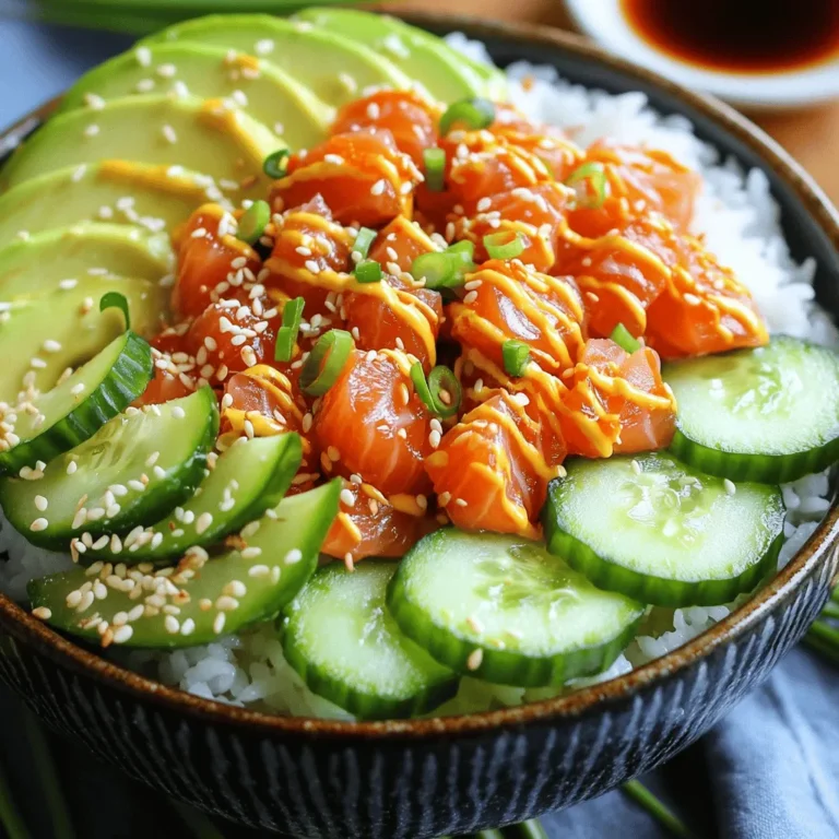 Making a spicy tuna sushi bowl is fun and easy. You need fresh, quality ingredients to create bold flavors. Here’s what you will need: - 1 cup sushi rice - 1 ¼ cups water - 1 tablespoon rice vinegar - 1 teaspoon sugar - ¼ teaspoon salt - 8 oz sushi-grade tuna, diced - 1 tablespoon sriracha (adjust to taste) - 1 tablespoon mayonnaise - 1 ripe avocado, sliced - 1 cucumber, thinly sliced - 2 green onions, finely chopped - 1 tablespoon sesame seeds - Nori sheets, cut into strips (for garnish) - Soy sauce (for drizzling) - Optional: pickled ginger and wasabi, for serving Each ingredient plays a key role. Sushi rice provides the base. It’s sticky and holds together well. Sushi-grade tuna gives the dish its signature flavor. Always choose high-quality tuna for safety and taste. The seasoning ingredients enhance the rice and tuna. Rice vinegar adds a tangy taste. Sugar and salt balance the flavor. Sriracha gives the tuna a spicy kick. Adjust it based on your heat preference. Mayonnaise adds creaminess to the tuna. Fresh vegetables like avocado and cucumber add crunch and color. Green onions and sesame seeds bring flavor and texture. Nori sheets provide a nice touch when garnishing. Finally, soy sauce adds umami and enhances the whole dish. For a full recipe, check out the detailed instructions to guide you in making this delicious meal! Rinsing the Rice Start by rinsing 1 cup of sushi rice. Use a fine-mesh strainer and run cold water over it. Swirl the rice with your hand until the water runs clear. This removes excess starch. Rinse it about 3-4 times for best results. Cooking the Rice After rinsing, add the rice to a medium saucepan. Pour in 1 ¼ cups of water. Bring it to a boil over medium-high heat. Once boiling, reduce the heat to low. Cover the pan with a lid and let it simmer for 18 minutes. After cooking, remove it from the heat. Let it sit covered for 10 more minutes to steam. Seasoning the Rice While the rice cooks, mix 1 tablespoon of rice vinegar, 1 teaspoon of sugar, and ¼ teaspoon of salt in a small bowl. Whisk until everything dissolves. Once the rice is ready, transfer it to a large bowl. Gently fold in the vinegar mixture with a rice paddle. This adds flavor without mashing the rice. Let it cool to room temperature. Mixing Tuna with Sauce In a separate bowl, take 8 oz of diced sushi-grade tuna. Add 1 tablespoon of sriracha and 1 tablespoon of mayonnaise. Stir gently to coat each piece of tuna. This mixture gives a spicy and creamy flavor. Adjusting Spice Levels Feel free to adjust the spice by adding more sriracha. If you like it hotter, add more sauce. Taste as you go until it suits your palate. Serving Components Once your sushi rice cools, divide it into serving bowls. Top each bowl with the spicy tuna mixture. Next, add sliced avocado and thin cucumber on the side. This adds color and crunch. Presentation Tips For a polished look, use white bowls. This contrasts nicely with the vibrant colors. Layer the rice, tuna, and vegetables for height. Sprinkle chopped green onions and sesame seeds on top for a fresh finish. Add nori strips for extra texture. Now you have a beautifully presented Spicy Tuna Sushi Bowl! Enjoy every bite. For the complete step-by-step process, refer to the Full Recipe. Best Type of Tuna For a spicy tuna sushi bowl, always choose sushi-grade tuna. This type is fresh and safe to eat raw. Look for tuna that is bright red and has a clean smell. Yellowfin and ahi are great options. If you prefer a milder taste, opt for farmed tuna. Quality of Rice Sushi rice is key to this dish. Use short-grain sushi rice for the best texture. It becomes sticky when cooked, holding its shape well. Always buy high-quality rice to ensure great flavor. Rinse the rice well to remove extra starch. This helps it stay fluffy. Rice Cooking Tips To cook sushi rice, measure one cup of rice and rinse it under cold water. Do this until the water runs clear. This step is important to avoid gummy rice. Use a rice cooker or a pot. After cooking, let the rice rest to absorb moisture. This makes it tender and perfect for your bowl. Mixing Techniques When mixing the rice with vinegar, use a gentle folding motion. This keeps the rice intact. Avoid smashing it; you want each grain to remain separate. Let the rice cool to room temperature before assembling. This helps maintain its texture and flavor. Additional Toppings You can add many toppings to your spicy tuna sushi bowl. Slices of avocado add creaminess. Cucumber gives a nice crunch. Try adding radishes or pickled vegetables for extra flavor. For a spicy kick, sprinkle on some sliced jalapeños or add more sriracha. Alternative Sauces While sriracha and mayonnaise are classic, you can mix it up. Try wasabi mayo for a different taste. A drizzle of ponzu sauce adds a citrusy touch. For a sweet twist, use a honey soy glaze. Experiment with different sauces to find your favorite combination. For a detailed guide on making this dish, check out the Full Recipe. {{image_4}} If you want to switch things up, try using salmon or tofu. - Salmon Option: Salmon has a rich flavor. It pairs well with sriracha and mayo. - Tofu Option: For a plant-based choice, use firm tofu. Marinate it in soy sauce for added taste. You can also explore other seafood options. Shrimp or crab can add fun textures. - Other Seafood Choices: Scallops or octopus can bring unique flavors to your bowl. Just be sure they are fresh! Looking for different flavors? You can make vegetarian versions easily. - Vegetarian Versions: Use marinated mushrooms or roasted vegetables instead of tuna. Avocado and cucumber can still shine in this dish. - Gluten-Free Alternatives: Use tamari instead of soy sauce for a gluten-free option. This keeps the flavors intact while being safe for gluten-free diets. How you serve your bowl makes a big difference. Pair it with fun sides. - Pairing with Sides: Try edamame or seaweed salad on the side. They complement the main dish well. - Creative Plating Ideas: Use a large plate and layer the ingredients. This makes the bowl look fancy. You can also add a splash of color with pickled ginger on the side. This bowl is all about bold flavors and fresh ingredients. Enjoy experimenting with these variations! For detailed instructions, check the Full Recipe. - How Long it Lasts: The spicy tuna sushi bowl lasts up to two days in the fridge. The rice stays good, but the tuna is best fresh. - Best Containers for Storing: Use airtight containers to keep the bowl fresh. Glass or plastic containers work well. - Freezable Components: You can freeze the sushi rice, but avoid freezing the tuna. The texture changes when thawed. - Thawing Recommendations: Thaw rice in the fridge overnight. Do not refreeze the rice after thawing. - Best Practices for Rice: Reheat rice in the microwave. Add a splash of water to keep it moist. Heat in short bursts, stirring in between. - Safe Handling of Tuna: Do not reheat tuna. It is best served cold or at room temperature. Store it separately if you want to enjoy leftovers. Yes, you can use frozen tuna. Just make sure it is sushi-grade. Thaw it in the fridge overnight. This keeps it safe and fresh. You want the best flavor and texture for your sushi bowl. If you can't find sushi rice, try short-grain rice. It has a similar sticky quality. Another option is jasmine rice, but it won't be as sticky. Adjust the water amount for the rice type you choose. To change the spice level, simply add more or less sriracha. Start with one tablespoon and taste. If you want more heat, add more sriracha. You can also try adding chili oil for a different flavor. Eating raw tuna is generally safe if it is sushi-grade. Sushi-grade fish is frozen to kill parasites. Always buy from a trusted source. Freshness is key to enjoying raw fish safely. Yes, you can prep parts in advance. Cook the rice and store it in the fridge. Cut the vegetables ahead of time, too. Assemble the bowl just before serving for the best taste and texture. - For detailed instructions, check out the [Full Recipe](#). To sum it up, we discussed making a delicious spicy tuna bowl. You learned about key ingredients, like sushi rice and fresh vegetables. I shared step-by-step instructions on how to prepare and assemble your bowl. Remember to choose high-quality ingredients and explore various flavor options. Storage tips help keep your meal fresh for later. Lastly, check the FAQs for more answers. Enjoy creating your own sushi masterpiece at home. It’s easier than you think!