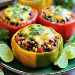 To make taco stuffed bell peppers, gather these tasty ingredients: - 4 large bell peppers (red, green, yellow, or orange) - 1 lb ground turkey or beef (choose your favorite) - 1 can (15 oz) black beans, rinsed and drained - 1 cup corn (fresh, frozen, or canned) - 1 cup diced tomatoes (fresh or canned) - 1 packet taco seasoning (about 1 ounce) - 1 cup cooked rice (white, brown, or cauliflower rice) - 1 cup shredded cheese (cheddar or Mexican blend) - 1/4 cup fresh cilantro, chopped (optional) - Salt and pepper to taste - 1 tablespoon olive oil (for brushing the peppers) You can swap ground turkey for beef if you prefer. Cauliflower rice is a great low-carb option, too. Each stuffed bell pepper has about 300-350 calories. You get around 20-25 grams of protein, 10-15 grams of fat, and 30-35 grams of carbs. These ingredients offer great health benefits: - Bell Peppers: High in vitamins A and C. - Black Beans: Packed with fiber and protein. - Corn: Provides energy and some vitamins. - Ground Meat: Great source of protein and iron. Eating these peppers gives you a fun and healthy meal option! For the full recipe, check out the complete instructions. 1. First, preheat your oven to 375°F (190°C). This step warms the oven for even cooking. 2. Next, take your bell peppers. Cut off the tops and remove seeds. This makes them ready for stuffing. Brush the outside with olive oil. This helps them become golden and tasty while baking. Stand them upright in a baking dish. 3. In a large skillet, heat your choice of ground turkey or beef. Cook it over medium heat for about 6-8 minutes. Break the meat into small pieces as it cooks. Once it turns golden brown, drain any fat left in the pan. This keeps the dish light and healthy. 4. Sprinkle taco seasoning over the meat. Add in black beans, corn, diced tomatoes, and cooked rice. Stir all the ingredients until well mixed. Let it simmer for about 5 minutes. This allows the flavors to blend nicely. Add salt and pepper to taste. 1. Now, it’s time to fill the peppers! Use a spoon to carefully pack the taco meat mixture into each pepper. Fill them tightly so every bite is delicious. 2. Once filled, top each pepper with shredded cheese. Make sure to cover the filling completely for a melty finish. 1. Cover your baking dish with aluminum foil. This keeps the peppers moist while baking. Place the dish in the preheated oven and bake for 25-30 minutes. 2. After that, remove the foil and bake for another 10-15 minutes. You want the cheese to bubble, and the peppers should be soft and bright. 3. Check for doneness by piercing the peppers with a fork. If they are tender, they are ready to serve. For a full recipe, check out the details above. Enjoy making these flavorful Taco Stuffed Bell Peppers! To make taco stuffed bell peppers shine, start by browning your meat well. Use medium heat and break the meat apart with a spatula. Aim for a golden-brown color. This adds great flavor to your dish. After browning, add the taco seasoning and other ingredients. Let the filling simmer for about five minutes. This allows all the flavors to blend together nicely. When serving, arrange the peppers on a colorful plate. A row of stuffed peppers looks inviting. Garnish with fresh cilantro and lime wedges. This adds a bright touch and enhances the flavor. A sprinkle of cilantro on top gives the dish a fresh look. Lime wedges offer a zesty kick when squeezed over the peppers. Watch out for overcooking the peppers. They should be tender but not mushy. Also, do not skimp on seasoning. A well-seasoned filling makes a big difference. Taste as you go to ensure you have enough flavor. Balance is key to an enjoyable dish. {{image_4}} If you want a plant-based version, try using meat substitutes. Options like lentils, tempeh, or store-bought plant-based meat work well. You can also use dairy-free cheese to keep it vegan. For extra flavor, add more veggies like zucchini, mushrooms, or spinach. These will boost nutrition and taste. To change the spice level, consider your taste. For milder peppers, skip spicy toppings. You can use sweet salsa or mild cheese. If you like heat, try adding jalapeños or hot sauce to the filling. Sriracha or chipotle sauce adds great flavor and heat. Just a little can make a big difference! To mix it up, think beyond Mexico. You can add flavors from other cuisines. For a Mediterranean twist, include feta cheese and olives. For an Asian flair, use soy sauce and sesame oil. These fusion ideas can make taco stuffed peppers exciting and unique. Let your creativity shine! To store leftover taco stuffed bell peppers, place them in an airtight container. This keeps them fresh and tasty. You can enjoy your leftovers for about 3 to 4 days in the fridge. Make sure they cool down before sealing the container. This helps prevent moisture buildup. To freeze taco stuffed bell peppers, follow these steps: 1. Allow the cooked stuffed peppers to cool completely. 2. Wrap each pepper tightly in plastic wrap or aluminum foil. 3. Place the wrapped peppers in a freezer-safe bag or container. This method keeps them fresh for up to 3 months. When you're ready to eat, simply thaw them overnight in the fridge. Reheat in the oven at 350°F until heated through. You can also use a microwave for a quicker option. Making taco stuffed bell peppers in advance is a smart choice. You can prepare the filling ahead of time and store it in the fridge. Use it within 2 days for the best taste. Assemble the peppers right before baking. This way, you have a delicious meal ready when you need it. Having meals prepped saves time and lets you enjoy homemade food easily. You can even customize your fillings based on what you have on hand. Prepare a batch and enjoy the flavors throughout the week! Taco stuffed bell peppers are great on their own, but sides can enhance your meal. Here are some ideal options: - Guacamole: Creamy and rich, it adds a nice contrast. - Salsa: Fresh salsa brings a zesty kick. - Rice: A side of rice complements the flavors well. - Tortilla Chips: Crunchy chips offer a fun texture. - Salad: A light salad adds freshness to your plate. These sides not only pair well but also create a colorful feast. Yes, you can switch the meat! Here are some tasty options: - Chicken: Ground chicken works well and is leaner. - Pork: Ground pork adds richness and flavor. - Meat alternatives: Use lentils or plant-based meat for a veggie twist. Feel free to experiment and find your favorite meat option. Perfectly cooked peppers have some key signs: - Tenderness: Gently poke a pepper; it should feel soft. - Vibrant color: Bright peppers indicate ripeness and readiness. - Bubbly cheese: The cheese on top should be melted and golden. These signs ensure you serve a delicious dish. Absolutely! Making them ahead is easy and saves time. Here’s how: - Prep the filling: Cook the filling and store it in the fridge. - Stuff the peppers: Fill the peppers a day ahead, then cover them. - Bake later: When ready, bake them fresh in the oven. This makes for a quick and tasty meal ready when you are. For the full recipe, check out the link. This post covered how to make taco stuffed bell peppers. We explored ingredients, cooking steps, and possible variations. You learned tips to improve taste and avoid common mistakes. Whether you prefer meat or plant-based options, there’s something for everyone. Remember to store leftovers properly and consider meal prep. Flavorful and healthy, these peppers make a great meal!