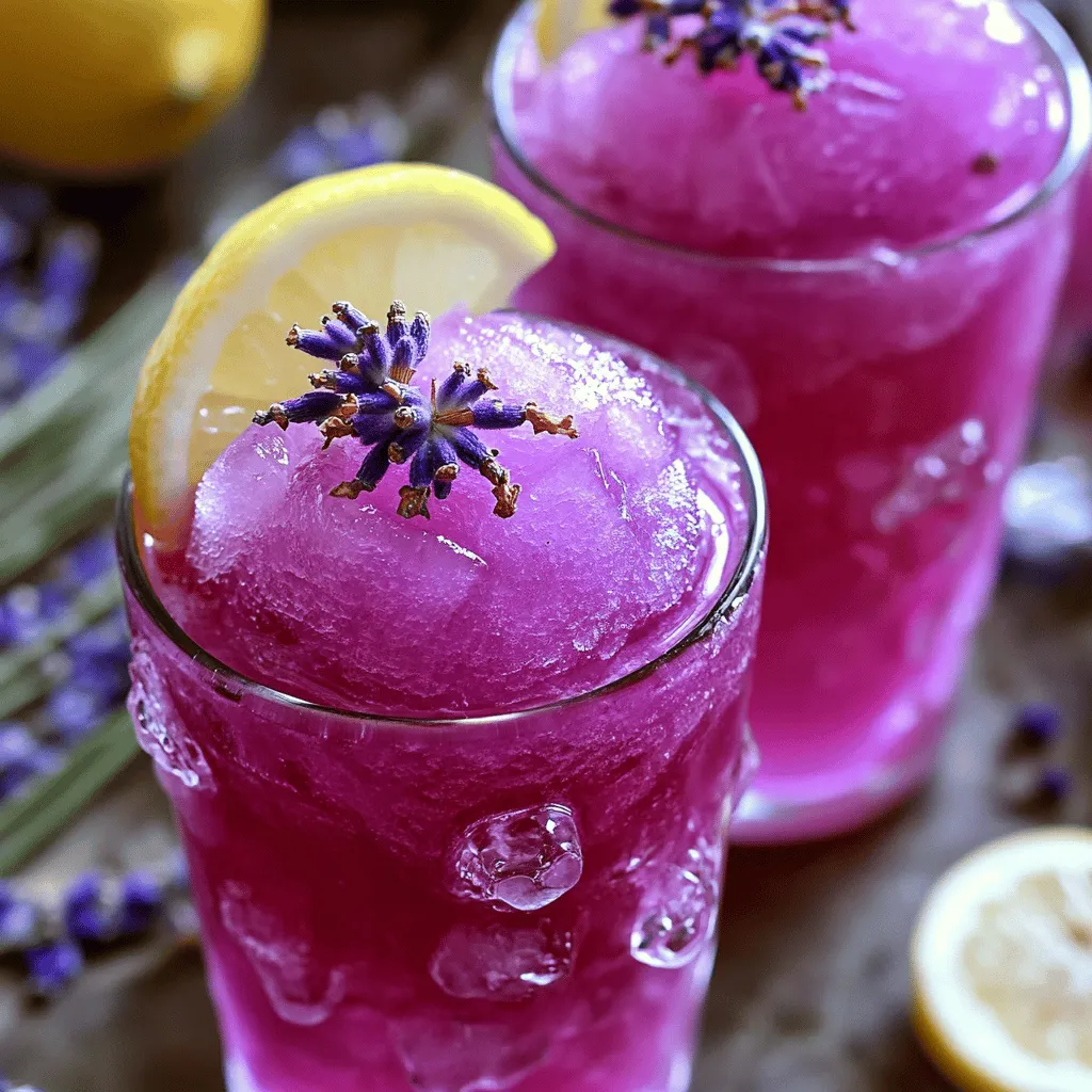 To make this refreshing slush, you will need: - 2 cups water - 2 tablespoons Earl Grey tea leaves - 2 tablespoons dried culinary lavender - 1/2 cup honey or agave syrup (adjust to taste) - 1 cup ice cubes - 1 tablespoon fresh lemon juice - 1 pinch of sea salt - Additional lavender buds for garnish (optional) You can add a few simple garnishes to make your drink look great. Consider these options: - Fresh lavender sprigs - Lemon slices - Edible flowers If you don't have all the ingredients, don’t worry! Here are some swaps: - Use black tea instead of Earl Grey for a different flavor. - Swap honey for maple syrup or a sugar substitute if needed. - If you can’t find culinary lavender, try dried mint or chamomile for a unique twist. I hope you find these options helpful. For the full recipe, check the details above. Enjoy making your Lavender Earl Grey Slush! Start by boiling your water in a medium saucepan. Use medium-high heat to get it to a rolling boil. Once it boils, take it off the heat. Add the Earl Grey tea leaves and dried culinary lavender. Cover the pan with a lid to keep the steam inside. Let it steep for 10 to 15 minutes. This helps the flavors mix and smell great. After steeping, strain the mixture into a heat-safe bowl. Use a fine mesh sieve or cheesecloth to catch the leaves and buds. While still warm, stir in honey or agave syrup until it dissolves. Let this mixture cool to room temperature. Once your tea mixture is cool, pour it into a blender. Add the ice cubes, fresh lemon juice, and a pinch of sea salt. Blend on high speed. You want a thick slushy texture. Taste your slush. If you want it sweeter, add more honey or agave syrup. Blend again until mixed well. Pour the slush into pre-chilled glasses for a frosty look. For a special touch, garnish with lavender buds on top. You can also add a slice of lemon or a sprig of fresh lavender on the rim. This makes your drink look fancy and inviting. Enjoy the refreshing taste of your Lavender Earl Grey Slush! For the full recipe, see above. To get the right slush texture, blend your liquid and ice well. Start with less ice, then add more if needed. If your slush is too thick, add a splash of water or more lemon juice. Blend again until smooth. The goal is a frosty, soft mixture that is easy to sip. You can adjust flavors in your slush to match your taste. Try adding more lemon juice for a tangy kick. If you want it sweeter, mix in extra honey or agave syrup. For a different twist, infuse with herbs like mint or basil. You can also add a bit of vanilla extract for a warm note. For the best flavor, steep your tea and lavender long enough. Ten to fifteen minutes is ideal. Use fresh, high-quality tea leaves and culinary lavender. This step helps release rich flavors. Use a fine mesh sieve to get rid of any bits, ensuring a smooth drink. Always let the infusion cool before blending. This keeps the ice from melting too fast. Check the sweetness after blending, as flavors change with temperature. {{image_4}} You can easily turn your Lavender Earl Grey Slush into a fun cocktail. Start by mixing your slush with gin or vodka. A light spirit works best to keep the drink refreshing. Use about 1 to 2 ounces of your chosen spirit per serving. This adds a nice kick without overpowering the tea and lavender flavors. For an extra twist, add a splash of tonic water or club soda. This gives your drink fizz and lifts the flavors even more. If you want to change the sweetness, try different sweeteners. Maple syrup or coconut sugar can be great options. They change the flavor profile without losing the slush's charm. You can also use fruit purees like raspberry or peach for added sweetness. These fruits pair well with Earl Grey and add a new layer of taste. Just blend them in during the slush-making process to combine them well. Mixing in seasonal ingredients can give your slush a fresh feel. In spring, add fresh mint or basil for a herbal touch. In summer, try including ripe strawberries or blueberries. These fruits brighten up the slush and add color. During fall, consider pumpkin spice or a dash of cinnamon. It creates a warm, cozy vibe, perfect for chilly nights. Remember, these changes can make the drink more exciting while keeping its core flavors intact. To keep your Lavender Earl Grey Slush fresh, store it in an airtight container. This will help prevent ice crystals from forming. You can place it in the freezer for longer storage. Just make sure to leave some space, as liquids expand when frozen. Enjoy the slush within a week for the best flavor. When freezing the slush, pour it into ice cube trays. This method helps you control portions. You can blend the cubes later for a quick treat. If you want a thicker texture, blend some extra ice with the cubes after thawing. Just remember to freeze it in small amounts for easier use. Thaw your slush by placing it in the fridge overnight. This keeps it cool and safe. If you need it fast, you can leave it at room temperature for about 30 minutes. Once thawed, give it a quick blend to restore the slushy texture. Enjoy your refreshing drink! For the full recipe, check out the earlier section. The best tea for this slush is Earl Grey. This tea has a unique blend of black tea and bergamot oil. The bergamot gives it a bright, citrusy flavor that pairs well with lavender. You can use loose tea leaves or tea bags. Make sure the tea is fresh for the best taste. Yes, you can make this slush without honey. If you want a different sweetener, try agave syrup or maple syrup. You can also use stevia or monk fruit for a low-calorie option. Adjust the amount to fit your taste. Just remember to blend well to mix in the sweetener. Yes, both lavender and Earl Grey tea have health benefits. Lavender can help calm your mind and reduce stress. It may also aid sleep. Earl Grey tea is rich in antioxidants. These can support your immune system and improve heart health. Together, they make a refreshing and healthy drink. For the full recipe, check out the details above. The Lavender Earl Grey Slush offers a refreshing mix of flavor and fun. We covered key ingredients, step-by-step instructions, and helpful tips to craft your perfect slush. You can customize it with garnishes or variations like cocktails. Think about how to store any leftovers for later enjoyment. In the end, this slush is not just tasty; it’s a great way to cool down. Enjoy making it your own!