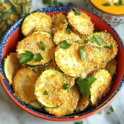 - 2 medium zucchinis - 1 cup panko breadcrumbs - 1/2 cup freshly grated Parmesan cheese - 1 teaspoon garlic powder - 1 teaspoon onion powder - 1 teaspoon Italian seasoning - Salt and freshly cracked black pepper - 1 large egg - Olive oil spray - Additional spices for customization - Suggested dipping sauces When making air fryer zucchini chips, start with fresh ingredients. Zucchini is the star here, so pick firm, medium-sized zucchinis. Thinly slicing them is key. This helps them cook evenly and achieve that perfect crunch. I recommend using a mandoline for even slices, but a sharp knife works too. For the coating, panko breadcrumbs give an extra crunch that regular breadcrumbs can't match. Mixing these with freshly grated Parmesan cheese adds a rich flavor. Garlic powder, onion powder, and Italian seasoning bring depth to the chips. Don't forget to season with salt and freshly cracked black pepper to taste. The egg acts as a binding agent. It helps the breadcrumbs stick to the zucchini slices. If you want to spice things up, consider adding your favorite spices like cayenne for heat or smoked paprika for a smoky flavor. When it comes to serving, think about dipping sauces. A herby yogurt dip or classic marinara pairs well with these chips. The options are endless, and you can customize based on your taste. For a quick and delicious snack, this recipe is perfect. Check out the Full Recipe for all the details! To start, wash the zucchinis under cool water. This step removes dirt and pesticides. Next, slice the zucchinis into thin rounds. Aim for about 1/8 inch thick slices. This thickness helps the chips cook evenly and stay crisp. If you slice them too thick, they may become soggy. Now, let’s prepare the coating. In a bowl, mix the panko breadcrumbs, Parmesan cheese, garlic powder, onion powder, Italian seasoning, salt, and pepper. Stir until all dry ingredients blend well. In another bowl, beat the egg until smooth. This egg wash helps the breadcrumbs stick to the zucchini. Take each zucchini slice and dip it into the beaten egg. Make sure it’s coated fully. Let any extra egg drip off. Next, transfer the slice to the bowl with the breadcrumb mix. Press it gently so the crumbs stick well. Repeat this for all slices until you have a nice layer of coating on each. Before cooking, preheat your air fryer to 375°F (190°C). This step takes about 5 minutes. It helps achieve that perfect crunch. While it heats, lightly spray the air fryer basket with olive oil. This step prevents sticking and helps with even cooking. Once preheated, arrange the coated zucchini slices in a single layer in the basket. Avoid overcrowding them. If needed, cook in batches. After placing them, lightly spray the tops with olive oil. This adds extra crispiness. To make your zucchini chips perfectly crispy, cook them at 375°F (190°C) for 8-10 minutes. This temperature helps the chips turn golden and crunchy. Flip the chips halfway through cooking for even crispiness. The key to great zucchini chips is to arrange them in a single layer in your air fryer. If you stack them or overcrowd, they won't cook evenly. This step is very important for that satisfying crunch. After cooking, let the zucchini chips cool on a wire rack. This method allows air to circulate, keeping them crunchy. If you leave them on a plate, they may steam and lose that crunch. For serving, I suggest using a vibrant bowl to show off your chips. Pair them with a zesty dip for extra flavor. A herby yogurt dip or classic marinara sauce works great. Enjoy your tasty, crunchy snack! {{image_4}} You can easily switch up the flavors of your zucchini chips. - Spicy Variation: Add cayenne or paprika to the breadcrumb mix for heat. - Herb-Infused Options: Use different herbs like dill or basil for fresh taste. These simple changes can make your snack exciting. Experiment with what you like best. If you don’t have an air fryer, try these other methods: - Baking in the Oven: Preheat your oven to 400°F (200°C). Arrange zucchini on a baking sheet and bake for about 15-20 minutes. Flip halfway for an even crunch. - Dehydrating: Use a dehydrator for a different texture. Slice zucchini thin, season, and dehydrate for 4-6 hours. This gives a crunchy and chewy snack. Each method brings its own taste and texture, so try them all! After cooking, let your zucchini chips cool completely. Transfer them to an airtight container. This keeps them fresh for up to three days. I recommend using glass or BPA-free plastic containers. These materials help maintain the chips' crunch and flavor. You can freeze zucchini chips for later use. To do this, ensure they are completely cool. Place them in a single layer on a baking sheet. Freeze until solid, then transfer to a freezer bag. This method prevents them from sticking together. For the best results, use them within three months. When you want to enjoy them again, reheat the chips in the air fryer. Set your air fryer to 375°F (190°C). Heat for about 5 minutes or until crispy. This helps restore their crunch and flavor. Avoid using a microwave, as it can make them soggy. Enjoy your snack just like it was fresh! Yes, you can skip the breadcrumbs. Instead, use a mix of spices and cheese. The zucchini will still get crispy. Try using extra Parmesan or nutritional yeast for a cheesy flavor. This option is great if you want a gluten-free snack. You can tell the chips are done when they look golden brown. They should feel crispy to the touch. If you want them crunchier, cook them a little longer. Just be careful not to burn them. These chips are tasty on their own. But you can serve them with dips too. Try ranch dressing, marinara sauce, or a yogurt dip. They add flavor and make snacking fun. Absolutely! Zucchini chips have fewer calories and less fat. They also offer more vitamins and minerals. Plus, they are a great way to eat more veggies. Yes, you can make them without oil. Just skip the olive oil spray. The key is to slice the zucchini thinly. This helps them crisp up in the air fryer. You can also use a non-stick air fryer basket for best results. For the Full Recipe, check out the details above! Making air fryer zucchini chips is fun and easy. You can create a crunchy snack in just a few steps. Let’s go through the process together. What do I need to make zucchini chips? You’ll need the following ingredients: - 2 medium zucchinis, thinly sliced (about 1/8 inch thick) - 1 cup panko breadcrumbs (for extra crunch) - 1/2 cup freshly grated Parmesan cheese - 1 teaspoon garlic powder - 1 teaspoon onion powder - 1 teaspoon Italian seasoning - Salt and freshly cracked black pepper to taste - 1 large egg, beaten until well combined - Olive oil spray How do I slice the zucchini? Start by washing the zucchinis. Then, use a sharp knife or mandoline to slice them. Aim for even rounds about 1/8 inch thick. This thickness is key for even cooking and perfect crunch. How do I prepare the coating? In a mixing bowl, mix the panko breadcrumbs, Parmesan cheese, garlic powder, onion powder, Italian seasoning, salt, and black pepper. Stir well. This blend adds great flavor and crunch. What about the egg wash? In a separate bowl, beat the egg until smooth. This egg wash helps the breadcrumbs stick to the zucchini slices. How do I coat the zucchini? Dip each zucchini slice in the egg wash, making sure it's well-coated. Let any extra egg drip off. Then, transfer the slice to the breadcrumb mix. Press down gently so the crumbs stick. How do I preheat the air fryer? Set your air fryer to 375°F (190°C) and let it preheat for about 5 minutes. This step is important for crispiness. What’s next for the air fryer basket? Spray the basket lightly with olive oil. This prevents sticking and helps with even cooking. How do I arrange the zucchini chips? Place the coated zucchini slices in a single layer in the air fryer basket. Avoid overcrowding. If needed, cook them in batches. How do I ensure they get crispy? After arranging the chips, spray the tops lightly with olive oil. This helps them crisp up nicely. How long do I cook them? Cook the zucchini chips for 8 to 10 minutes. Flip them halfway through for even browning. How do I know when they are done? Look for a golden brown color and a crispy texture. What should I do after cooking? Carefully remove the chips and let them cool on a wire rack. This helps keep them crunchy. If you have more to cook, repeat the steps. Remember, serving your air fryer zucchini chips in a colorful bowl makes them even more inviting. You can pair them with a tasty dip, like herbed yogurt or marinara. Enjoy your crunchy snack! For the complete recipe, check out the Full Recipe. This blog covered how to make delicious air fryer zucchini chips. You learned about the main ingredients, key steps, and tips for crispiness. You can customize your chips with spices and even try baking or dehydrating. For storage, we shared easy methods for keeping your chips fresh. Remember, experimenting with flavors makes this dish exciting. Enjoy your crunchy, healthier snack that’s easy to make!