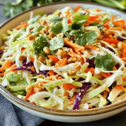 - 4 cups green cabbage, finely sliced - 1 cup red cabbage, finely sliced - 1 cup carrots, ideally julienned - 1 cup bell pepper, thinly sliced (any vibrant color) - 1/2 cup scallions, chopped into small pieces - 1/4 cup fresh cilantro, roughly chopped - 1/4 cup roasted peanuts, coarsely chopped for texture - 1/4 cup sesame oil for richness - 2 tablespoons soy sauce (or tamari for a gluten-free option) - 2 tablespoons rice vinegar for acidity - 1 tablespoon fresh ginger, grated for zest - 1 clove garlic, minced for depth - 1 tablespoon honey or agave syrup for sweetness - Salt and pepper to taste for seasoning This Crunchy Asian Slaw bursts with color and flavor. Each ingredient plays a role. Fresh green and red cabbage provide crispness and crunch. Carrots add sweetness. Bell peppers give a pop of color. Scallions bring a mild onion flavor. Fresh cilantro brightens each bite. The dressing is just as important. It combines sesame oil, soy sauce, and rice vinegar. This mix adds richness and tang. Ginger and garlic enhance the depth. Honey or agave syrup balances the flavors. Topping with roasted peanuts adds delightful crunch and texture. You can also add more herbs for freshness. This slaw is perfect for any meal. It pairs well with grilled meats or can stand alone as a light dish. For a full recipe, check the provided link. To start, gather all your vegetables. You will want to finely slice the green cabbage and red cabbage. Use a sharp knife for this task. Cut the cabbage into thin strips. For carrots, julienne them into long, thin pieces. You can use a grater if you prefer. For bell peppers, slice them thinly as well. Aim for uniform cuts. This helps everything mix well. Here are some tips for a uniform cut: - Use a cutting board that won’t slip. - Keep your fingers tucked in while cutting. - Take your time to avoid uneven pieces. You will need several ingredients for the dressing: - 1/4 cup sesame oil - 2 tablespoons soy sauce - 2 tablespoons rice vinegar - 1 tablespoon grated fresh ginger - 1 clove minced garlic - 1 tablespoon honey or agave syrup To make the dressing, combine all these ingredients in a bowl. Use a whisk to mix them well. Whisking helps blend the flavors. Aim for a smooth consistency. You can also use a jar with a lid. Shake it well until mixed. In a large bowl, combine your sliced vegetables. Pour the dressing over them. Gently toss everything together. Make sure all the veggies are coated. This step is key for flavor. Let the slaw sit for at least 15 minutes. This resting time allows flavors to meld. The vegetables will soften slightly, too. For a nice finish, sprinkle coarsely chopped roasted peanuts on top just before serving. This adds crunch and makes it look great. For the full recipe, check out the details above. To boost flavor, adjust seasoning with salt and pepper. Start with a pinch and taste. This helps you find the right balance. If you want to switch from honey, use maple syrup or brown sugar. These alternatives add sweetness without losing taste. For a stunning look, arrange the slaw in a large, shallow bowl. This gives it space to shine. Layer the colors for a beautiful effect. Add a sprinkle of roasted peanuts on top for crunch. Fresh cilantro also brightens the dish and adds color. Crunchy Asian Slaw goes well with grilled chicken or fish. It adds a fresh contrast to rich flavors. You can also turn it into a main dish. Just add grilled shrimp or tofu on top, and you have a complete meal. For the full recipe, check the earlier sections. {{image_4}} You can easily swap ingredients in Crunchy Asian Slaw. For common allergens, try using sunflower seeds instead of peanuts. If you want a nut-free dish, this is a great choice. For protein, add grilled chicken or cubed tofu. Both options boost the dish and make it more filling. Do you like it spicy? Add hot sauce or chili flakes to the dressing. This will give your slaw a nice kick. If you prefer a sweeter taste, toss in fruits like mandarin oranges or pineapple. They add natural sweetness and flavor. Using seasonal vegetables can keep the slaw fresh and exciting. In summer, add cucumbers or snap peas for crunch. In fall, consider using shredded brussels sprouts or apples for a festive twist. You can also make themed variations for holidays. For example, red and green bell peppers work well for Christmas celebrations. Check out the [Full Recipe](#) for more details on making this vibrant slaw! To keep your leftover slaw fresh, place it in an airtight container. This helps lock in moisture and flavor. Avoid using regular bowls with plastic wrap; they often let air in. If you have any dressing left, store it separately. This keeps the slaw crunchy and prevents sogginess. Crunchy Asian Slaw can last about 3 to 5 days in the fridge. Always check for signs of spoilage. If the slaw smells sour or has a mushy texture, it’s time to toss it. Freshness is key to enjoying this vibrant dish fully. You can freeze Crunchy Asian Slaw, but it won’t stay crunchy. If you choose to freeze it, use a freezer-safe container. When ready to eat, thaw it in the fridge overnight. Serve it cold or at room temperature for the best experience. To make this slaw gluten-free, use tamari instead of soy sauce. Tamari is a gluten-free soy sauce alternative. Check all other ingredients for gluten. Some brands may add gluten in sauces or dressings. Always read labels carefully. You can make the slaw a few hours ahead. However, I recommend waiting to add the dressing until just before serving. This keeps the veggies crisp and fresh. If you dress it too soon, the slaw can become soggy. Crunchy Asian Slaw has roots in many Asian cuisines. It often appears in Chinese and Thai dishes. Each region has its twist on this slaw, using local ingredients. The common theme is crunchy veggies and a tangy dressing that adds flavor. Yes, this recipe adapts well. For a vegan option, use agave syrup instead of honey. For paleo, skip the honey and soy sauce. You can also make it low-carb by using a sugar-free sweetener and avoiding high-carb veggies. This slaw pairs well with many dishes. Try it with grilled chicken, fish tacos, or pulled pork. It also makes a great side for Asian-style dishes like stir-fries or dumplings. You could even serve it as a fresh topping for burgers. For the full recipe, check out the Crunchy Asian Slaw section above. Crunchy Asian Slaw is a fresh, vibrant dish that combines a variety of veggies and dressings. You learned how to slice vegetables, mix dressings, and pair flavors. Don't forget the options for storage and meal pairings. You can adapt the recipe for dietary needs or seasons. This slaw is not just a side; it can be a meal. Enjoy experimenting with ingredients and flavors. Your kitchen is now your canvas for Crunchy Asian Slaw masterpieces.