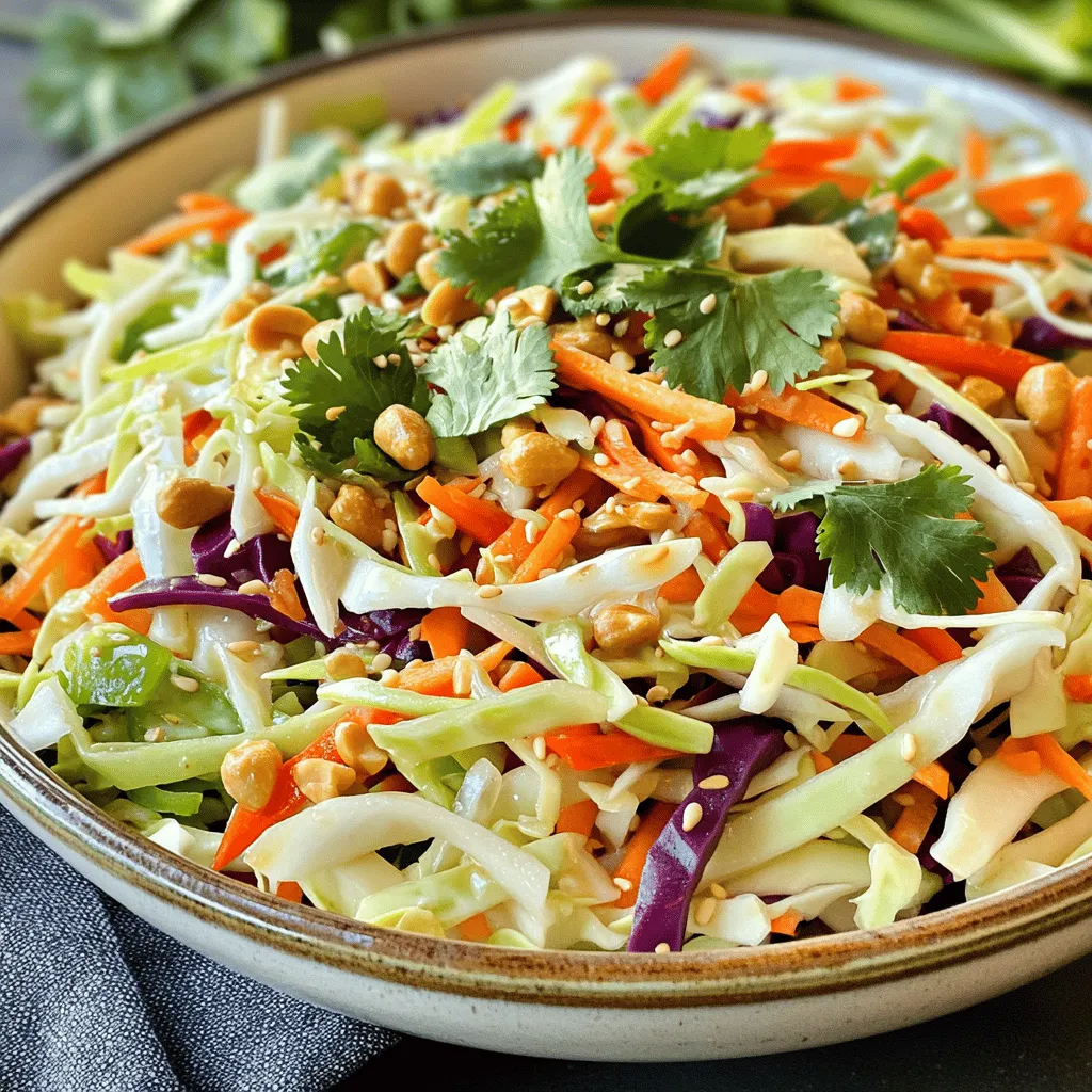 - 4 cups green cabbage, finely sliced - 1 cup red cabbage, finely sliced - 1 cup carrots, ideally julienned - 1 cup bell pepper, thinly sliced (any vibrant color) - 1/2 cup scallions, chopped into small pieces - 1/4 cup fresh cilantro, roughly chopped - 1/4 cup roasted peanuts, coarsely chopped for texture - 1/4 cup sesame oil for richness - 2 tablespoons soy sauce (or tamari for a gluten-free option) - 2 tablespoons rice vinegar for acidity - 1 tablespoon fresh ginger, grated for zest - 1 clove garlic, minced for depth - 1 tablespoon honey or agave syrup for sweetness - Salt and pepper to taste for seasoning This Crunchy Asian Slaw bursts with color and flavor. Each ingredient plays a role. Fresh green and red cabbage provide crispness and crunch. Carrots add sweetness. Bell peppers give a pop of color. Scallions bring a mild onion flavor. Fresh cilantro brightens each bite. The dressing is just as important. It combines sesame oil, soy sauce, and rice vinegar. This mix adds richness and tang. Ginger and garlic enhance the depth. Honey or agave syrup balances the flavors. Topping with roasted peanuts adds delightful crunch and texture. You can also add more herbs for freshness. This slaw is perfect for any meal. It pairs well with grilled meats or can stand alone as a light dish. For a full recipe, check the provided link. To start, gather all your vegetables. You will want to finely slice the green cabbage and red cabbage. Use a sharp knife for this task. Cut the cabbage into thin strips. For carrots, julienne them into long, thin pieces. You can use a grater if you prefer. For bell peppers, slice them thinly as well. Aim for uniform cuts. This helps everything mix well. Here are some tips for a uniform cut: - Use a cutting board that won’t slip. - Keep your fingers tucked in while cutting. - Take your time to avoid uneven pieces. You will need several ingredients for the dressing: - 1/4 cup sesame oil - 2 tablespoons soy sauce - 2 tablespoons rice vinegar - 1 tablespoon grated fresh ginger - 1 clove minced garlic - 1 tablespoon honey or agave syrup To make the dressing, combine all these ingredients in a bowl. Use a whisk to mix them well. Whisking helps blend the flavors. Aim for a smooth consistency. You can also use a jar with a lid. Shake it well until mixed. In a large bowl, combine your sliced vegetables. Pour the dressing over them. Gently toss everything together. Make sure all the veggies are coated. This step is key for flavor. Let the slaw sit for at least 15 minutes. This resting time allows flavors to meld. The vegetables will soften slightly, too. For a nice finish, sprinkle coarsely chopped roasted peanuts on top just before serving. This adds crunch and makes it look great. For the full recipe, check out the details above. To boost flavor, adjust seasoning with salt and pepper. Start with a pinch and taste. This helps you find the right balance. If you want to switch from honey, use maple syrup or brown sugar. These alternatives add sweetness without losing taste. For a stunning look, arrange the slaw in a large, shallow bowl. This gives it space to shine. Layer the colors for a beautiful effect. Add a sprinkle of roasted peanuts on top for crunch. Fresh cilantro also brightens the dish and adds color. Crunchy Asian Slaw goes well with grilled chicken or fish. It adds a fresh contrast to rich flavors. You can also turn it into a main dish. Just add grilled shrimp or tofu on top, and you have a complete meal. For the full recipe, check the earlier sections. {{image_4}} You can easily swap ingredients in Crunchy Asian Slaw. For common allergens, try using sunflower seeds instead of peanuts. If you want a nut-free dish, this is a great choice. For protein, add grilled chicken or cubed tofu. Both options boost the dish and make it more filling. Do you like it spicy? Add hot sauce or chili flakes to the dressing. This will give your slaw a nice kick. If you prefer a sweeter taste, toss in fruits like mandarin oranges or pineapple. They add natural sweetness and flavor. Using seasonal vegetables can keep the slaw fresh and exciting. In summer, add cucumbers or snap peas for crunch. In fall, consider using shredded brussels sprouts or apples for a festive twist. You can also make themed variations for holidays. For example, red and green bell peppers work well for Christmas celebrations. Check out the [Full Recipe](#) for more details on making this vibrant slaw! To keep your leftover slaw fresh, place it in an airtight container. This helps lock in moisture and flavor. Avoid using regular bowls with plastic wrap; they often let air in. If you have any dressing left, store it separately. This keeps the slaw crunchy and prevents sogginess. Crunchy Asian Slaw can last about 3 to 5 days in the fridge. Always check for signs of spoilage. If the slaw smells sour or has a mushy texture, it’s time to toss it. Freshness is key to enjoying this vibrant dish fully. You can freeze Crunchy Asian Slaw, but it won’t stay crunchy. If you choose to freeze it, use a freezer-safe container. When ready to eat, thaw it in the fridge overnight. Serve it cold or at room temperature for the best experience. To make this slaw gluten-free, use tamari instead of soy sauce. Tamari is a gluten-free soy sauce alternative. Check all other ingredients for gluten. Some brands may add gluten in sauces or dressings. Always read labels carefully. You can make the slaw a few hours ahead. However, I recommend waiting to add the dressing until just before serving. This keeps the veggies crisp and fresh. If you dress it too soon, the slaw can become soggy. Crunchy Asian Slaw has roots in many Asian cuisines. It often appears in Chinese and Thai dishes. Each region has its twist on this slaw, using local ingredients. The common theme is crunchy veggies and a tangy dressing that adds flavor. Yes, this recipe adapts well. For a vegan option, use agave syrup instead of honey. For paleo, skip the honey and soy sauce. You can also make it low-carb by using a sugar-free sweetener and avoiding high-carb veggies. This slaw pairs well with many dishes. Try it with grilled chicken, fish tacos, or pulled pork. It also makes a great side for Asian-style dishes like stir-fries or dumplings. You could even serve it as a fresh topping for burgers. For the full recipe, check out the Crunchy Asian Slaw section above. Crunchy Asian Slaw is a fresh, vibrant dish that combines a variety of veggies and dressings. You learned how to slice vegetables, mix dressings, and pair flavors. Don't forget the options for storage and meal pairings. You can adapt the recipe for dietary needs or seasons. This slaw is not just a side; it can be a meal. Enjoy experimenting with ingredients and flavors. Your kitchen is now your canvas for Crunchy Asian Slaw masterpieces.