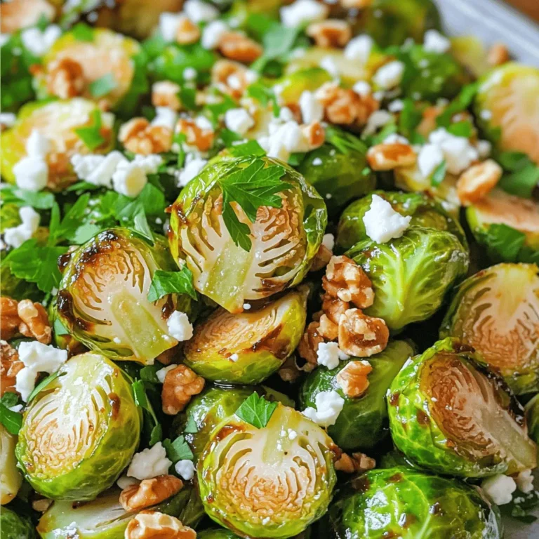 - 1 pound Brussels sprouts, trimmed and halved - 3 tablespoons balsamic vinegar - 2 tablespoons extra virgin olive oil - 1 tablespoon honey or pure maple syrup - 2 cloves fresh garlic, finely minced These ingredients form the base of your dish. The Brussels sprouts bring a hearty texture. Balsamic vinegar adds a sweet and tangy flavor. Olive oil ensures the sprouts roast nicely. Honey or maple syrup gives a hint of sweetness. Fresh garlic adds depth to the taste. - Sea salt and freshly cracked black pepper, to taste - 1/4 cup feta cheese, crumbled - 1/4 cup walnuts or pecans, toasted and roughly chopped Feel free to enhance your dish with these extras. A sprinkle of sea salt and black pepper will elevate the flavor. Feta cheese adds a creamy and salty touch. Toasted nuts introduce a satisfying crunch. Brussels sprouts are packed with nutrients. A serving contains about 38 calories. They also have 0.3 grams of fat, 8 grams of carbohydrates, and 3 grams of protein. These little green gems are high in vitamins C and K. They support heart health and may aid digestion. For those with dietary restrictions, Brussels sprouts fit many diets. They are vegan, gluten-free, and low-carb. Always check for nut allergies if adding nuts. For the full recipe, check out the [Full Recipe]. - Preheat the oven to 425°F (220°C). - In a large bowl, whisk together: - 3 tablespoons balsamic vinegar - 2 tablespoons extra virgin olive oil - 1 tablespoon honey or maple syrup - 2 cloves fresh garlic, finely minced - Sea salt and cracked black pepper to taste This mixture combines sweet and tangy flavors. It will coat the Brussels sprouts beautifully. - Toss 1 pound of halved Brussels sprouts in the balsamic mixture. - Ensure each sprout gets an even coating. This step is key for flavor. If the sprouts are not well coated, they won't taste as good. Every bite should burst with that balsamic goodness! - Arrange the sprouts on a baking sheet. Place them cut side down in a single layer. - Roast for 20-25 minutes. Stir halfway through for even cooking. Watch as they turn golden brown and crisp. For a perfect texture, keep an eye on them. If you like extra tang, drizzle more balsamic on top after roasting. For a special touch, sprinkle with crumbled feta and toasted nuts. This adds flavor and crunch. You can find the full recipe to guide you further! To get the best flavor and texture, follow these tips: - Preheat your oven to a high temperature of 425°F (220°C). This helps the Brussels sprouts caramelize well. - Spread the sprouts in a single layer on the baking sheet. This ensures even cooking and nice browning. - Cut sides should face down. This helps create a crispy texture that makes them so tasty. Want to boost the taste? Here are some ideas: - Try adding a pinch of red pepper flakes for heat. - Consider a sprinkle of smoked paprika for a deeper flavor. - To adjust the sweetness, add more honey or maple syrup. Start small, then taste and adjust as needed. Looking for ideas on how to serve these Brussels sprouts? - They pair well with grilled chicken or fish for a balanced meal. - Toss them into salads for a warm, savory touch. - Serve with quinoa or couscous for a hearty side dish. - Top with toasted nuts or crumbled feta for added crunch and flavor. For the full recipe, check out the [Full Recipe]. {{image_4}} You can easily change ingredients for different diets. For vegan options, skip the honey and use maple syrup. You can use agave or brown sugar too. They offer nice sweetness. If you want different flavors, try apple cider vinegar instead of balsamic. It gives a fruity twist. Rice vinegar can also work well. You can roast Brussels sprouts in many ways. Air frying is a quick and easy method. It cooks them fast and gives a crispy finish. Just set your air fryer to 400°F (200°C) for about 15 minutes. Shake the basket halfway through for even cooking. Grilling is another great option. It adds a smoky flavor. Toss the sprouts in olive oil and grill them for about 10 minutes. Just watch them closely to avoid burning. You can mix in seasonal veggies for variety. In spring, add asparagus or peas. In the fall, consider adding sweet potatoes. Adjust your recipe based on what’s fresh. This keeps flavors bright and exciting all year. You can also change cooking times. In summer, shorter cooking times work best. In winter, a longer roast can help with caramelization. For the full recipe, check the complete details above. To store leftovers, place the Brussels sprouts in an airtight container. Keep them in the fridge for up to four days. When you want to reheat, use the oven for the best results. Preheat your oven to 350°F (175°C). Spread the sprouts on a baking sheet and heat for about 10-15 minutes. This method helps keep them crispy. If you want to freeze roasted Brussels sprouts, let them cool first. Spread them on a baking sheet in a single layer. Freeze until solid, about 1-2 hours. Then, transfer them to a freezer bag. To reintroduce crispness after thawing, preheat your oven to 400°F (200°C). Bake the sprouts for 15-20 minutes until they are hot and crispy again. In the fridge, these Brussels sprouts stay fresh for about four days. Watch for signs of spoilage like a sour smell or slimy texture. If they look or smell off, it's best to throw them away. Enjoy the flavor of your dish while it's fresh! For the full recipe, check [Full Recipe]. Roast Brussels sprouts for 20 to 25 minutes. This time gives them a nice crunch. Check for a golden brown color. Stir them halfway through cooking. This helps them roast evenly. Yes, you can prepare them ahead. Roast the Brussels sprouts and store them in the fridge. They stay fresh for 3 to 4 days. Reheat them in the oven for best results. This keeps them crispy. Balsamic roasted Brussels sprouts pair well with many dishes. Serve them with grilled chicken or fish. They also go nicely with quinoa or rice. For a vegetarian option, add them to a salad. They make a great side dish for any meal. To get crispy Brussels sprouts, use a hot oven. Preheat to 425°F (220°C). Make sure they are in a single layer. This allows air to circulate. Toss them in oil and balsamic vinegar to help with crisping. You can use frozen Brussels sprouts, but fresh is best. If using frozen, thaw them first. Pat them dry to remove excess moisture. This helps them roast better. Adjust the cooking time as needed. In this post, we explored a tasty way to enjoy Brussels sprouts with a simple recipe. We covered essential ingredients, step-by-step instructions, and helpful tips for perfect roasting. You learned about variations and how to store leftovers too. Brussels sprouts can be a great dish for any meal. With some tweaks, you can make this dish fit your taste. I hope you try it and enjoy every bite!