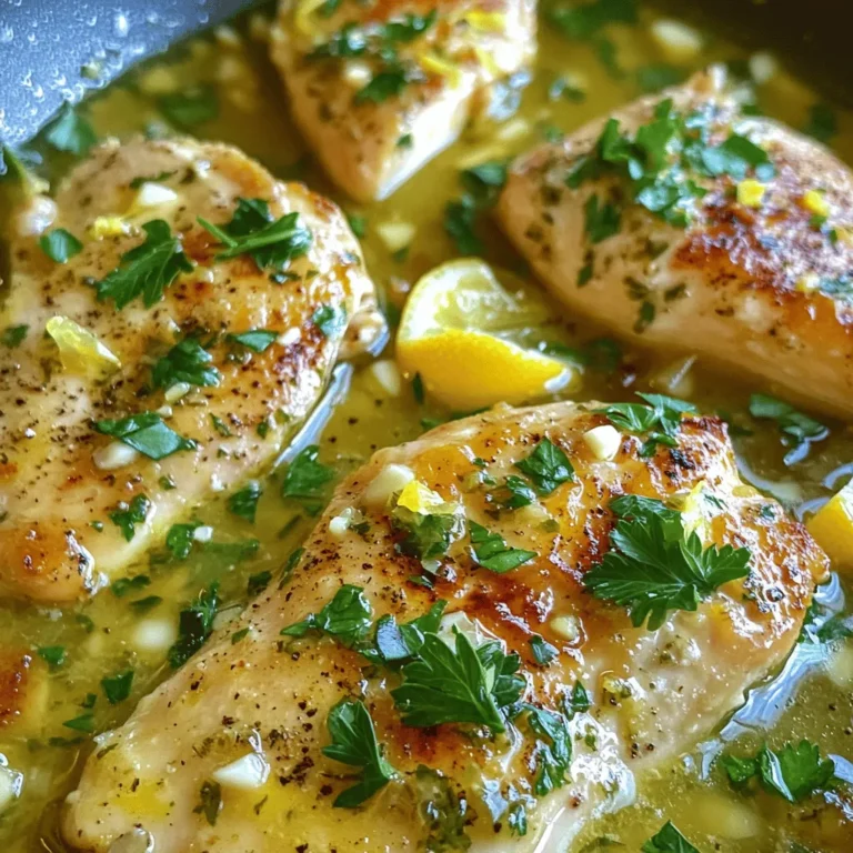 When making Skillet Lemon Herb Chicken, you need fresh ingredients. Here’s what you will need: - 4 boneless, skinless chicken breasts - 2 tablespoons olive oil - 3 cloves garlic, minced - Zest and juice of 2 large lemons - 1 teaspoon dried oregano - 1 teaspoon dried thyme - 1 teaspoon dried basil - Salt and pepper to taste - 1/4 cup chicken broth (or low-sodium broth) - Fresh parsley, chopped (for garnish) These ingredients create a bright and juicy dish. The lemon adds a zing, while the herbs bring warmth. I love how easy it is to put these together. You can find the full recipe in the main article. Let's get cooking! Start by patting the chicken breasts dry with paper towels. This step helps the chicken brown nicely. Next, season both sides with salt and pepper. Make sure the seasoning covers the chicken evenly. This ensures every bite is flavorful. Heat the olive oil in a large skillet over medium-high heat. Wait until the oil shimmers but does not smoke. Add the chicken breasts to the skillet. Make sure not to overcrowd the pan. Sear the chicken for about 5 to 6 minutes on each side. Look for a golden brown color and make sure it reaches an internal temperature of 165°F (75°C). Once cooked, remove the chicken from the skillet and keep it warm on a plate. Now, reduce the heat to medium. In the same skillet, add the minced garlic to the leftover oil. Stir it often to avoid burning. Sauté the garlic for about 1 to 2 minutes until it smells fragrant and turns slightly golden. Next, add the lemon zest and juice to the skillet. Then, sprinkle in the dried oregano, thyme, and basil. Pour in the chicken broth and stir everything together. Make sure to scrape any browned bits from the bottom of the pan. This adds extra flavor to the dish. Return the seared chicken breasts to the skillet. Nestle them in the lemon-herb sauce. Let them simmer in the sauce for about 3 to 4 minutes. Flip the chicken halfway through. This allows the chicken to absorb all those vibrant flavors. Afterward, take the skillet off the heat. Garnish the dish with freshly chopped parsley. This adds a pop of color and freshness. You can serve your Skillet Lemon Herb Chicken on a platter drizzled with the sauce. Add lemon slices for a beautiful presentation. Enjoy with a side of roasted vegetables or a light salad for a complete meal. For the full recipe, check the details above. To get a perfect sear on chicken, start with dry chicken. Pat it with paper towels. This helps the chicken brown well. Heat your skillet until the oil shimmers. Place the chicken in the pan without crowding it. Cook for about 5-6 minutes on each side. This will give you a nice golden crust. After cooking, let the chicken rest for a few minutes. Resting keeps the juices inside, making it more tender. You can add more herbs for extra flavor. Try fresh rosemary or cilantro. They add a nice twist. To balance acidity with sweetness, consider adding a touch of honey. A little honey can tame the tartness of the lemon. This makes the dish richer and more balanced. For the best results, use a heavy-bottomed skillet. Cast iron or stainless steel works great. These types hold heat well and give even cooking. Use a good set of tongs to flip the chicken. A sharp knife helps with cutting herbs and chicken. These tools make prep and cooking easier. For the full recipe, check the complete guide. {{image_4}} You can switch chicken for fish or tofu. Fish like salmon works great. It cooks faster, so check for doneness around 3-4 minutes per side. Tofu is a wonderful choice for a plant-based meal. Press and cube it, then sear until golden. It may take about 5-7 minutes to cook. Adjust cooking time based on the protein you choose. Want to change up the flavor? Try adding other citrus fruits! Oranges and limes can bring a fun twist. You can also mix in spices like paprika or cumin. These spices add warmth and depth to the dish. Don’t be afraid to experiment and create a unique taste! To make this dish gluten-free, simply check the broth label. Use a gluten-free broth for a safe option. For vegetarian choices, chickpeas or cauliflower can shine here. Roast the cauliflower until tender or use canned chickpeas for a quick fix. Both options will soak up the lemon and herb flavors nicely. To keep your leftover Skillet Lemon Herb Chicken fresh, store it in an airtight container. This helps lock in flavor and moisture. Generally, it stays good in the fridge for 3 to 4 days. Always let it cool down to room temperature before sealing it up. This prevents excess moisture that can lead to spoilage. If you want to save your chicken for later, freezing is a great option. First, slice the chicken into pieces or keep it whole. Wrap it tightly in plastic wrap and then place it in a freezer bag. This protects it from freezer burn. It can last in the freezer for up to 3 months. When you're ready to eat, thaw it overnight in the fridge. This keeps the texture nice. When reheating, you want to keep your chicken juicy and flavorful. The best method is to use the oven. Preheat it to 350°F (175°C). Place the chicken in a baking dish and add a splash of chicken broth to help retain moisture. Cover the dish with foil to prevent it from drying out. Heat for about 15 to 20 minutes. You can also use a skillet. Heat it over medium heat and add a little oil or broth. This method is quick and keeps the chicken from getting tough. Making Skillet Lemon Herb Chicken takes about 30 minutes. You spend 10 minutes to prep the chicken. Cooking the chicken takes about 20 minutes. This quick time makes it perfect for busy nights. Yes, you can use fresh herbs. Fresh herbs add bright flavor to the dish. You need more fresh herbs than dried ones. For example, use three times the amount of fresh herbs. Keep in mind that fresh herbs spoil faster. Use them within a week for best taste. You can pair this chicken with many sides. Some great options include: - Roasted vegetables - A light salad - Rice or couscous - Garlic bread These sides will complement the chicken's bright lemon flavor. You can also drizzle the extra sauce over the sides for added taste. This blog post covered everything you need for Skillet Lemon Herb Chicken. We discussed the key ingredients like chicken breasts and fresh herbs. You learned step-by-step cooking instructions and tips for perfect results. We also explored variations and storage tips to keep your meal fresh. In conclusion, cooking this dish is simple and rewarding. With the right techniques, you'll impress everyone at the table. Enjoy your flavorful chicken and happy cooking!