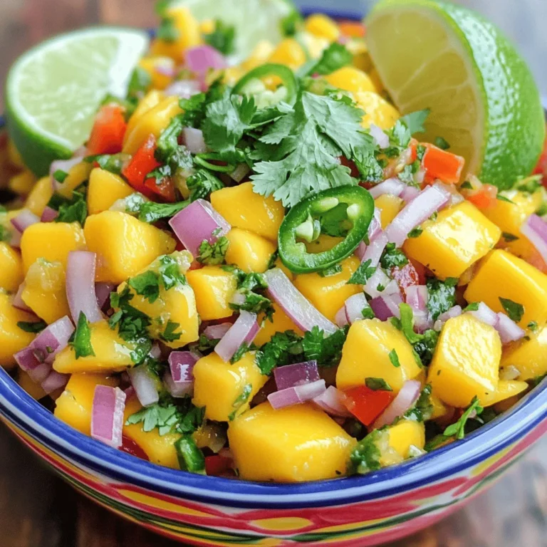To make a tasty mango salsa, you need: - 2 ripe mangoes, peeled and diced - 1 small red onion, finely chopped - 1 red bell pepper, diced - 1 jalapeño, deseeded and minced - 1/4 cup fresh cilantro, finely chopped - Juice of 2 limes - 1 tablespoon honey (optional for an extra touch of sweetness) These fresh ingredients come together to create a burst of flavor. The ripe mangoes add sweetness, while the lime juice gives a zesty kick. You can make your salsa even better by adding: - Diced avocado for creaminess - Minced garlic for depth - Other peppers for more heat These add-ins let you customize your salsa. You can adjust the flavor to your taste. Fresh mango salsa pairs well with many dishes. Try it with: - Grilled chicken or fish - Tacos or burritos - Tortilla chips for dipping For the best taste, serve your salsa chilled. This keeps the flavors fresh and bright. Enjoy it as a summer treat! Start by peeling and dicing the mangoes into small cubes. Choose ripe mangoes for the best flavor. Next, finely chop the red onion, and dice the red bell pepper. For a milder salsa, remove the seeds and mince the jalapeño. In a large mixing bowl, combine the diced mangoes, chopped red onion, diced bell pepper, and minced jalapeño. Stir gently to mix, being careful not to mash the mangoes. Now, toss in the chopped cilantro. This herb adds a fresh aroma and flavor. Next, squeeze the juice of two limes over the mixture. Catch any seeds that may fall in. The acidity of the lime brightens the salsa beautifully. If you prefer a hint of sweetness, stir in the honey at this stage. This step balances the salsa's acidity and enhances tropical notes. Finally, add salt and freshly ground black pepper to taste. Mix gently to ensure all ingredients are well combined. Allow the salsa to sit for at least 15 minutes before serving. This resting period helps the flavors meld together, making it taste even better. For presentation, serve the salsa in a vibrant bowl that showcases its colors. Garnish with extra cilantro and arrange lime wedges on the side. This invites guests to add a squeeze of lime for extra flavor. Enjoy your fresh mango salsa! For the full recipe, check out the Tropical Delight Mango Salsa section. To make great mango salsa, you need ripe mangoes. Look for mangoes that feel slightly soft when you press them. The skin should have a mix of green and yellow or red. If it's mostly green, it may not be ripe yet. Store your mangoes at room temperature until they ripen. Once ripe, put them in the fridge to keep them fresh longer. Always use ripe mangoes for the best taste in your salsa. Marinating your salsa is key. Letting it sit for at least 15 minutes helps the flavors blend. This makes every bite tasty and fresh. Balance is important too. Sweet mangoes pair well with tangy lime juice. If your salsa is too sweet, add a little more lime juice. If it's too sour, a touch of honey can help. You can prep your salsa in advance. Chop your ingredients and mix them, but avoid adding lime juice until right before you serve it. This keeps the salsa fresh and vibrant. For leftovers, store your salsa in an airtight container. It can last in the fridge for up to three days. Be sure to check for freshness before serving, as the flavors may change over time. {{image_4}} To make your mango salsa spicy, add more heat with different peppers. You can try serrano or habanero peppers for a bolder kick. Start with a small amount and taste as you go. This way, you can control the heat level to your liking. You might also use a spice blend. A dash of chili powder or cayenne can enhance the flavor without overwhelming the dish. Spice blends like taco seasoning can add depth too. You can make a tropical fruit salsa by adding pineapple or kiwi. The sweet and tart taste of pineapple pairs well with mango. Dice it small and mix it in for a fresh twist. Kiwi adds a bright color and tangy flavor. Combine mango, pineapple, and kiwi for a fun, fruity mix. You can also try adding coconut for a summer vibe. This combination brings a taste of the tropics to your table. For a green version, you can make a salsa verde. Swap out the mango for ripe avocados or tomatillos. Use lime juice and fresh herbs like cilantro or parsley for flavor. This fresh salsa verde gives you a different taste while keeping the same bright flavors. You can also add jalapeño or green bell pepper for extra crunch. Each ingredient swap brings you a new flavor to enjoy. For more ideas, check out the Full Recipe for Tropical Delight Mango Salsa. To keep your fresh mango salsa tasty, store it in the fridge. Use a tightly sealed container to prevent air from getting in. This helps keep the flavors bright and fresh. Glass jars work great, but any airtight container will do. Before sealing, make sure the salsa is cool. This helps avoid condensation inside the container. When stored in the fridge, your salsa lasts about 3 to 5 days. After that, the flavors start to fade. Look for signs of spoilage. If you see any discoloration or a sour smell, it’s best to throw it out. Fresh salsa should smell fruity and bright, not off or funky. Can you freeze mango salsa? Yes, you can! Freezing keeps it fresh for up to 3 months. To freeze, spoon the salsa into freezer-safe bags. Remove as much air as possible before sealing. When you’re ready to use it, thaw it in the fridge overnight. This keeps the texture nice and helps the flavors stay strong. Just remember, freezing can soften the salsa a bit, so it’s best used in cooked dishes or as a topping. For the full recipe, check out the Tropical Delight Mango Salsa! Yes, you can make mango salsa ahead of time. This allows the flavors to blend well. Make it up to a day in advance. Store it in a sealed container in the fridge. Just wait to add salt until right before serving. This prevents the salsa from becoming watery. Mango salsa pairs well with many dishes. Here are some ideas: - Grilled chicken or fish - Tacos or burritos - Tortilla chips - Rice or quinoa bowls - Salads These options enhance the fresh taste of the salsa. Yes, mango salsa is healthy! It has many nutritious ingredients. Mangoes provide vitamins A and C. Red onion adds antioxidants. Jalapeños can boost your metabolism. Cilantro is good for digestion. A serving has about 50 calories, making it a light snack. Homemade salsa has fresher flavors and no preservatives. You control the ingredients and adjust spices. Store-bought salsa is quick but may have added sugars or salt. Fresh salsa usually tastes better and is healthier. When you make it yourself, you create a personal touch. For a delicious homemade option, check out the full recipe. Fresh mango salsa is easy to make and very tasty. You learned about the main ingredients, optional add-ins, and great serving suggestions. I shared step-by-step instructions and helpful tips to get the best flavor. You discovered variations like spicy mango salsa and tropical fruit salsa. Finally, I covered storage tips and answered common questions. Now you can enjoy making and sharing this salsa with others. Use fresh ingredients for the best taste and don’t be afraid to try new flavors. Happy salsa making!