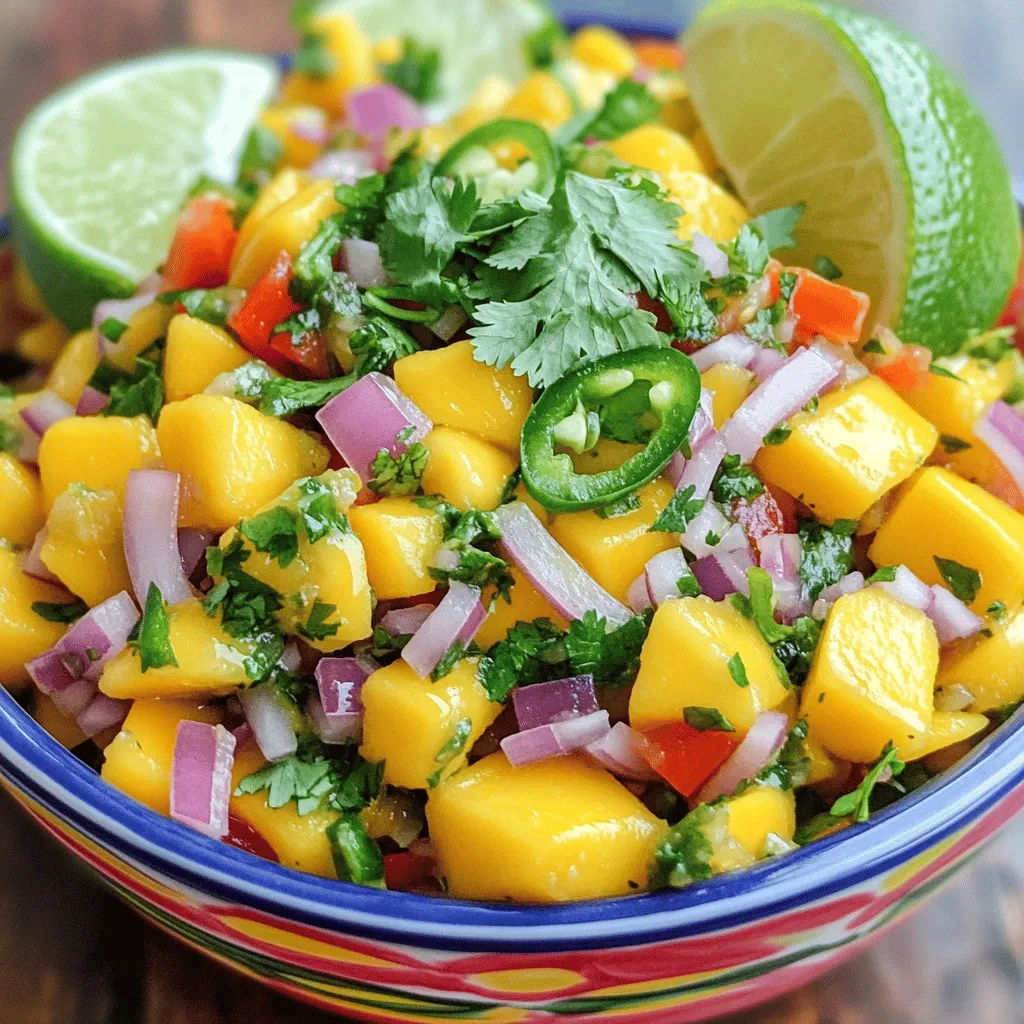 To make a tasty mango salsa, you need: - 2 ripe mangoes, peeled and diced - 1 small red onion, finely chopped - 1 red bell pepper, diced - 1 jalapeño, deseeded and minced - 1/4 cup fresh cilantro, finely chopped - Juice of 2 limes - 1 tablespoon honey (optional for an extra touch of sweetness) These fresh ingredients come together to create a burst of flavor. The ripe mangoes add sweetness, while the lime juice gives a zesty kick. You can make your salsa even better by adding: - Diced avocado for creaminess - Minced garlic for depth - Other peppers for more heat These add-ins let you customize your salsa. You can adjust the flavor to your taste. Fresh mango salsa pairs well with many dishes. Try it with: - Grilled chicken or fish - Tacos or burritos - Tortilla chips for dipping For the best taste, serve your salsa chilled. This keeps the flavors fresh and bright. Enjoy it as a summer treat! Start by peeling and dicing the mangoes into small cubes. Choose ripe mangoes for the best flavor. Next, finely chop the red onion, and dice the red bell pepper. For a milder salsa, remove the seeds and mince the jalapeño. In a large mixing bowl, combine the diced mangoes, chopped red onion, diced bell pepper, and minced jalapeño. Stir gently to mix, being careful not to mash the mangoes. Now, toss in the chopped cilantro. This herb adds a fresh aroma and flavor. Next, squeeze the juice of two limes over the mixture. Catch any seeds that may fall in. The acidity of the lime brightens the salsa beautifully. If you prefer a hint of sweetness, stir in the honey at this stage. This step balances the salsa's acidity and enhances tropical notes. Finally, add salt and freshly ground black pepper to taste. Mix gently to ensure all ingredients are well combined. Allow the salsa to sit for at least 15 minutes before serving. This resting period helps the flavors meld together, making it taste even better. For presentation, serve the salsa in a vibrant bowl that showcases its colors. Garnish with extra cilantro and arrange lime wedges on the side. This invites guests to add a squeeze of lime for extra flavor. Enjoy your fresh mango salsa! For the full recipe, check out the Tropical Delight Mango Salsa section. To make great mango salsa, you need ripe mangoes. Look for mangoes that feel slightly soft when you press them. The skin should have a mix of green and yellow or red. If it's mostly green, it may not be ripe yet. Store your mangoes at room temperature until they ripen. Once ripe, put them in the fridge to keep them fresh longer. Always use ripe mangoes for the best taste in your salsa. Marinating your salsa is key. Letting it sit for at least 15 minutes helps the flavors blend. This makes every bite tasty and fresh. Balance is important too. Sweet mangoes pair well with tangy lime juice. If your salsa is too sweet, add a little more lime juice. If it's too sour, a touch of honey can help. You can prep your salsa in advance. Chop your ingredients and mix them, but avoid adding lime juice until right before you serve it. This keeps the salsa fresh and vibrant. For leftovers, store your salsa in an airtight container. It can last in the fridge for up to three days. Be sure to check for freshness before serving, as the flavors may change over time. {{image_4}} To make your mango salsa spicy, add more heat with different peppers. You can try serrano or habanero peppers for a bolder kick. Start with a small amount and taste as you go. This way, you can control the heat level to your liking. You might also use a spice blend. A dash of chili powder or cayenne can enhance the flavor without overwhelming the dish. Spice blends like taco seasoning can add depth too. You can make a tropical fruit salsa by adding pineapple or kiwi. The sweet and tart taste of pineapple pairs well with mango. Dice it small and mix it in for a fresh twist. Kiwi adds a bright color and tangy flavor. Combine mango, pineapple, and kiwi for a fun, fruity mix. You can also try adding coconut for a summer vibe. This combination brings a taste of the tropics to your table. For a green version, you can make a salsa verde. Swap out the mango for ripe avocados or tomatillos. Use lime juice and fresh herbs like cilantro or parsley for flavor. This fresh salsa verde gives you a different taste while keeping the same bright flavors. You can also add jalapeño or green bell pepper for extra crunch. Each ingredient swap brings you a new flavor to enjoy. For more ideas, check out the Full Recipe for Tropical Delight Mango Salsa. To keep your fresh mango salsa tasty, store it in the fridge. Use a tightly sealed container to prevent air from getting in. This helps keep the flavors bright and fresh. Glass jars work great, but any airtight container will do. Before sealing, make sure the salsa is cool. This helps avoid condensation inside the container. When stored in the fridge, your salsa lasts about 3 to 5 days. After that, the flavors start to fade. Look for signs of spoilage. If you see any discoloration or a sour smell, it’s best to throw it out. Fresh salsa should smell fruity and bright, not off or funky. Can you freeze mango salsa? Yes, you can! Freezing keeps it fresh for up to 3 months. To freeze, spoon the salsa into freezer-safe bags. Remove as much air as possible before sealing. When you’re ready to use it, thaw it in the fridge overnight. This keeps the texture nice and helps the flavors stay strong. Just remember, freezing can soften the salsa a bit, so it’s best used in cooked dishes or as a topping. For the full recipe, check out the Tropical Delight Mango Salsa! Yes, you can make mango salsa ahead of time. This allows the flavors to blend well. Make it up to a day in advance. Store it in a sealed container in the fridge. Just wait to add salt until right before serving. This prevents the salsa from becoming watery. Mango salsa pairs well with many dishes. Here are some ideas: - Grilled chicken or fish - Tacos or burritos - Tortilla chips - Rice or quinoa bowls - Salads These options enhance the fresh taste of the salsa. Yes, mango salsa is healthy! It has many nutritious ingredients. Mangoes provide vitamins A and C. Red onion adds antioxidants. Jalapeños can boost your metabolism. Cilantro is good for digestion. A serving has about 50 calories, making it a light snack. Homemade salsa has fresher flavors and no preservatives. You control the ingredients and adjust spices. Store-bought salsa is quick but may have added sugars or salt. Fresh salsa usually tastes better and is healthier. When you make it yourself, you create a personal touch. For a delicious homemade option, check out the full recipe. Fresh mango salsa is easy to make and very tasty. You learned about the main ingredients, optional add-ins, and great serving suggestions. I shared step-by-step instructions and helpful tips to get the best flavor. You discovered variations like spicy mango salsa and tropical fruit salsa. Finally, I covered storage tips and answered common questions. Now you can enjoy making and sharing this salsa with others. Use fresh ingredients for the best taste and don’t be afraid to try new flavors. Happy salsa making!