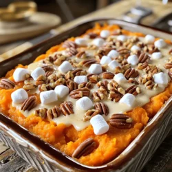 - 4 large sweet potatoes, peeled and cut into 1-inch cubes - 1/2 cup packed brown sugar - 1/4 cup pure maple syrup - 1/2 cup unsalted butter, softened to room temperature - 1 teaspoon vanilla extract - 1/2 teaspoon ground cinnamon - 1/4 teaspoon ground nutmeg - 1/2 teaspoon salt - 1/2 cup milk (or almond milk for a creamy dairy-free alternative) Sweet potatoes are the star of this dish. They add natural sweetness and a creamy texture. I love using fresh sweet potatoes for the best taste. Brown sugar and maple syrup give it that rich flavor. Butter and milk create a smooth blend that ties everything together. - 1 cup mini marshmallows - 1/2 cup pecans, finely chopped - Alternative toppings: granola or streusel Toppings can change the whole vibe of sweet potato casserole. I often use mini marshmallows for a sweet, gooey layer. Chopped pecans add a nice crunch. If you want something different, try granola or a streusel topping for added texture and flavor. - Dairy-free alternatives: Use almond milk and dairy-free butter. - Gluten-free options: This recipe is naturally gluten-free. - Reducing sugar for a healthier version: Cut back on brown sugar or maple syrup. You can easily modify this dish to fit your needs. For a dairy-free version, you can swap in almond milk and dairy-free butter. The recipe is naturally gluten-free, which is a bonus. If you want a healthier option, reduce the sugar or use a sugar substitute. This way, everyone can enjoy this comfort food delight! First, fill a large pot with water. Bring the water to a rolling boil. Add the cubed sweet potatoes carefully. Cook them for about 15 to 20 minutes. You want them fork-tender. Once they are soft, drain the potatoes. Let them cool for a few minutes before mixing. In a large mixing bowl, add the cooled sweet potatoes. Combine them with brown sugar, maple syrup, and softened butter. Don’t forget the vanilla extract, ground cinnamon, ground nutmeg, salt, and milk. Use a potato masher to mix everything. Aim for a smooth and creamy texture. Now, take a greased 9x13-inch baking dish. Transfer the sweet potato mixture into it. Spread the mixture evenly across the dish. Next, sprinkle mini marshmallows and chopped pecans on top. Make sure to layer them evenly for great texture. Preheat your oven to 350°F (175°C). Place the baking dish in the oven. Bake for 25 to 30 minutes. Check for readiness when the marshmallows puff up and turn golden brown. The edges should bubble nicely. Once done, take the dish out and let it rest for a few minutes. For the full recipe, check out the detailed instructions. When making sweet potato casserole, the texture matters. You can choose between a mashed or chunky style. I prefer a creamy texture that blends well. For this, mash the sweet potatoes fully. Use a potato masher or fork to mix. Make sure all lumps are gone. This ensures a smooth, rich dish. Mixing is key, too. Blend the ingredients well. This helps the flavors combine. When you mix, start slow and pick up speed. This ensures even distribution of spices and sweetness. A well-mixed casserole is a delight to eat. You can serve your casserole in two ways: individual portions or family-style. Individual servings look nice and are easy to manage. You can use small ramekins for a fun touch. Family-style serving works great for gatherings. Just place the whole dish on the table. Pair this dish with your favorite holiday meals. It goes well with turkey or ham. The sweet tones balance savory flavors nicely. Add a fresh salad on the side for color and crunch. To boost the flavor of your casserole, use fresh spices. Fresh cinnamon and nutmeg really pop. They add a warm aroma that fills the kitchen. Dried spices can work, but fresh is always better. You can also add unexpected ingredients. Try mixing in a bit of ginger for a zing. A splash of orange juice adds brightness. These small tweaks give depth to your dish. For the full recipe, check out the Sweet Potato Casserole Delight. {{image_4}} Sweet potato casserole is fun to mix up. You can choose between a marshmallow topping or a pecan crumble. Marshmallows add a sweet and gooey layer. They create a lovely contrast with the creamy sweet potatoes. On the other hand, a pecan crumble adds crunch and a nutty flavor. Both options taste great, so pick your favorite! Savory sweet potato casseroles are also popular. These versions use herbs and spices for depth. Instead of sweet toppings, they might feature garlic or rosemary. These casseroles work well as a side dish for dinner. They add warmth and comfort to any meal. You can change your sweet potato casserole with the seasons. In fall, try adding warm spices like ginger or clove. They give the dish a cozy, festive feel. These spices enhance the sweet flavor of the potatoes. Fruits like cranberries or apples can also brighten your casserole. Adding these ingredients gives a tart balance to the sweet potatoes. You can mix in chopped apples for a refreshing twist. Or, you can fold in cranberries for a splash of color and flavor. To make your casserole more special, consider adding unique flavors. A splash of bourbon can bring warmth and a hint of sweetness. The flavor pairs well with the natural taste of sweet potatoes. Orange zest is another fun addition. Just a little can brighten the dish with citrus notes. You can also infuse the casserole with other vegetables. Carrots or parsnips can add more texture and flavor. Mixing these veggies in gives your casserole a new twist. For the full recipe, check out Sweet Potato Casserole Delight. To keep your sweet potato casserole fresh, store it in the fridge. Place it in an airtight container. It can last for up to four days when stored properly. If you want to keep it longer, consider freezing it. Use a heavy-duty freezer bag or a freezer-safe dish. Make sure to label it with the date. Frozen casserole can last for about three months. When reheating, the oven is your best choice. Preheat it to 350°F (175°C). Place the casserole in a baking dish, cover it with foil, and heat for about 20-25 minutes. This method keeps the texture nice. If you use a microwave, heat in short bursts. Stir it often to ensure even warming. This way, you keep the flavor intact. Sweet potato casserole tastes best fresh. However, if stored well, it can be safe to eat for several days. Check for any signs of spoilage. If you see mold or any off smells, it’s time to toss it. Always trust your senses! Keeping track of freshness helps you enjoy this comfort food delight longer. For best results, aim to eat leftovers within four days. To make Sweet Potato Casserole from scratch, start with fresh sweet potatoes. Boil them until fork-tender, then mash them with sugar, butter, and spices. Mix all the ingredients well. Spread the mixture in a baking dish and add toppings. Bake until golden. - Quick tips for first-time bakers: - Use fresh sweet potatoes for the best taste. - Make sure to mash the sweet potatoes well for a smooth texture. - Don’t skip the spices; they add depth to the flavor. Yes, you can prepare Sweet Potato Casserole ahead of time. Just make the filling and store it in the fridge. When ready, add toppings and bake. This saves time on busy days. - Best practices for pre-making the dish: - Cover the dish tightly with plastic wrap. - Keep it in the fridge for up to two days. - Add toppings just before baking to keep them fresh. Yes, Sweet Potato Casserole is naturally gluten-free. However, if you use any pre-made toppings, check the labels. Some may contain gluten. - Information on ingredients to watch out for: - Marshmallows are usually gluten-free, but always check. - If you use granola, ensure it’s gluten-free. You can swap sugar with healthier options. Use honey, maple syrup, or agave nectar. These add sweetness without refined sugar. - Healthy alternatives for sweetness: - Use mashed bananas for natural sweetness. - Coconut sugar is another great option. Absolutely! To make it vegan, replace butter and milk with plant-based options. Use vegan butter and almond milk. This keeps the casserole creamy and rich. - Options for vegan butter and milk in recipes: - Coconut milk is a great creamy choice. - Olive oil can substitute butter for a different flavor. Sweet potato casserole is versatile and tasty. You learned about key ingredients, like sweet potatoes and toppings. There are many options to fit dietary needs and preferences. I shared step-by-step instructions to help you prepare this dish perfectly. Don’t forget the tips for perfecting texture and enhancing flavor. Feel free to explore variations that surprise your taste buds. Store leftovers properly and reheat with care. Enjoy making this delicious and comforting dish for family and friends!