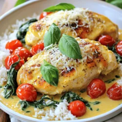 - 4 boneless, skinless chicken breasts - 2 tablespoons olive oil - 4 cloves garlic, finely minced - 1 cup heavy cream - 1 cup cherry tomatoes, halved - 1 cup fresh spinach, roughly chopped - ½ cup freshly grated Parmesan cheese - 1 teaspoon Italian seasoning blend - Salt and freshly cracked black pepper, to taste - Fresh basil leaves, for garnish To make Creamy Garlic Tuscan Chicken, gather these ingredients first. The chicken breasts are the star, providing a juicy base for the dish. The olive oil helps to sear the chicken, adding flavor. Minced garlic brings a wonderful aroma and depth to the sauce. Next, the heavy cream is key. It creates that rich and creamy texture. Halved cherry tomatoes add a burst of color and sweetness. Fresh spinach not only gives a vibrant green, but it also adds nutrition. The freshly grated Parmesan cheese ties everything together, making the sauce extra creamy and delicious. For seasoning, the Italian blend adds a mix of herbs. Salt and pepper enhance the flavors. Lastly, fresh basil leaves offer a pop of freshness, rounding out the dish beautifully. This combination of ingredients ensures you get a tasty and satisfying meal. You can find the complete recipe in the Full Recipe. Start by warming 2 tablespoons of olive oil in a large skillet over medium-high heat. While the oil heats, season 4 boneless, skinless chicken breasts with salt and black pepper. When the oil shimmers, carefully place the chicken in the skillet. Cook each side for about 5-7 minutes. You want the chicken to turn golden brown and fully cook to an internal temperature of 165°F. Once cooked, take the chicken out and set it aside on a plate. Cover it to keep warm. Next, using the same skillet, add 4 cloves of minced garlic. Sauté the garlic for about 30 seconds. Stir often until it smells great, but don't let it burn. Then, pour in 1 cup of heavy cream. Stir to mix it with the garlic. Let this simmer gently. Now, add 1 cup of halved cherry tomatoes and 1 teaspoon of Italian seasoning. Stir to combine them well. Let the mixture simmer for about 3-4 minutes. You want the sauce to thicken and the tomatoes to soften. After that, add 1 cup of roughly chopped fresh spinach. Stir and cook for 2 more minutes until the spinach wilts and blends into the creamy sauce. Lower the heat to a gentle simmer. Now, add ½ cup of freshly grated Parmesan cheese. Stir until the cheese melts and mixes into the sauce. This will create a rich and creamy texture. Finally, return the cooked chicken to the skillet. Nestle it in the sauce and spoon the creamy mixture over the chicken. Heat everything through for another 2-3 minutes. Before serving, garnish with fresh basil leaves for a pop of color and flavor. Enjoy your Creamy Garlic Tuscan Chicken! For the full recipe, check out the details above. To cook chicken perfectly, aim for an internal temperature of 165°F. This ensures the chicken is safe to eat. Use a meat thermometer for accuracy. To avoid overcooking, check the temperature near the end of cooking. Remove the chicken from the heat as soon as it reaches that temperature. Let it rest for a few minutes before slicing. This helps keep the juices in. When making the sauce, fresh herbs give a bright taste. Dried herbs work too, but fresh can make a big difference. If you prefer a creamier sauce, add more heavy cream. For a bolder flavor, increase the garlic or Italian seasoning. You can also add a splash of lemon juice for brightness. Adjust the seasoning to fit your taste. For the best look, serve the chicken over fluffy rice or creamy mashed potatoes. This adds a nice base for the sauce. Drizzle extra sauce over the chicken to make it shine. Top with more Parmesan cheese and fresh basil for color. This makes the dish pop on the plate. You want it to look as good as it tastes! Check out the Full Recipe for more details. {{image_4}} If you want to switch things up, try using different ingredients. Instead of heavy cream, you can use Greek yogurt or coconut milk. These options give a lighter touch to your dish. For Parmesan cheese, consider using nutritional yeast for a dairy-free version or a mix of mozzarella and cheddar for a different taste. You can also play with the veggies. Instead of spinach, try kale or arugula. Both add a nice flavor and texture. If cherry tomatoes aren't available, diced bell peppers or sun-dried tomatoes make great substitutes. To add some kick, consider using red pepper flakes or cayenne pepper. Just a pinch can elevate the dish. If you prefer a zestier flavor, lemon zest or juice can brighten it up. For cheese lovers, experiment with different cheeses. Feta adds a nice tang, while gouda gives a smoky flavor. Mixing cheeses can create a richer sauce and make it unique. Pair this dish with various starches. Serve it over rice, pasta, or quinoa for a filling meal. You can even use polenta for a creamy, comforting base. If you're in the mood for more protein, grilled shrimp or sautéed mushrooms are tasty options. To complete the meal, add side dishes like roasted vegetables or a fresh salad. These sides balance the richness of the creamy sauce and make your meal even more satisfying. For the full recipe, check out the link to create your own delicious Creamy Garlic Tuscan Chicken! To keep your creamy garlic Tuscan chicken fresh, store it in an airtight container. Make sure it cools down before sealing. You can keep it in the fridge for up to three days. If you want to save it longer, freeze it. The chicken lasts in the freezer for about three months. Just remember to label your container with the date. When it's time to enjoy your leftovers, reheating carefully is key. You can use a pan on low heat. This method helps keep the chicken tender. Heat for about 5-7 minutes, stirring the sauce gently. You can also use the microwave if you're short on time. Heat it in short bursts of 30 seconds, stirring in between. Aim for a warm and creamy texture when done. To make this dish, follow these steps: 1. Warm olive oil in a skillet. 2. Season chicken breasts with salt and pepper. 3. Cook chicken for 5-7 minutes on each side. 4. Remove chicken and sauté minced garlic. 5. Add heavy cream and simmer. 6. Stir in halved cherry tomatoes and seasoning. 7. Mix in fresh spinach until it wilts. 8. Add Parmesan cheese and return chicken to skillet. 9. Heat everything together for a few minutes. 10. Garnish with fresh basil before serving. For the full recipe, check out the complete guide. Yes, you can! Try using: - Turkey breasts for a leaner option. - Pork chops for a different flavor. - Shrimp for a quick seafood twist. Each meat brings its own taste and texture, making this dish versatile. Just adjust cooking times based on the meat you choose. This dish pairs well with many sides. Here are some great options: - Fluffy rice for a hearty base. - Creamy mashed potatoes for comfort. - Steamed vegetables for a fresh touch. - Garlic bread to soak up the sauce. Choose your favorite to complement the rich flavors of this chicken dish! In this post, you've learned how to make Creamy Garlic Tuscan Chicken. You know the main and additional ingredients, along with step-by-step cooking instructions. Tips helped you improve chicken and sauce, while variations opened up creative options. Proper storage and reheating methods ensure you'll enjoy leftovers too. This dish is fun and easy to make, perfect for any occasion. Enjoy cooking and impressing your friends and family with this tasty meal!