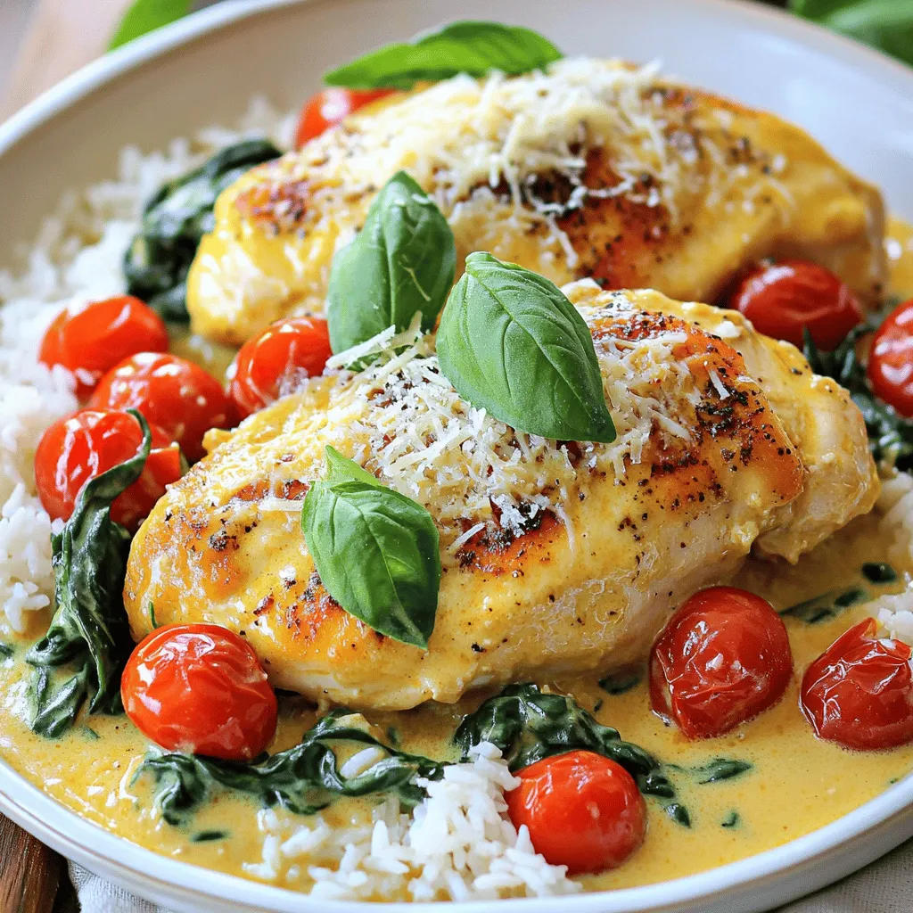 - 4 boneless, skinless chicken breasts - 2 tablespoons olive oil - 4 cloves garlic, finely minced - 1 cup heavy cream - 1 cup cherry tomatoes, halved - 1 cup fresh spinach, roughly chopped - ½ cup freshly grated Parmesan cheese - 1 teaspoon Italian seasoning blend - Salt and freshly cracked black pepper, to taste - Fresh basil leaves, for garnish To make Creamy Garlic Tuscan Chicken, gather these ingredients first. The chicken breasts are the star, providing a juicy base for the dish. The olive oil helps to sear the chicken, adding flavor. Minced garlic brings a wonderful aroma and depth to the sauce. Next, the heavy cream is key. It creates that rich and creamy texture. Halved cherry tomatoes add a burst of color and sweetness. Fresh spinach not only gives a vibrant green, but it also adds nutrition. The freshly grated Parmesan cheese ties everything together, making the sauce extra creamy and delicious. For seasoning, the Italian blend adds a mix of herbs. Salt and pepper enhance the flavors. Lastly, fresh basil leaves offer a pop of freshness, rounding out the dish beautifully. This combination of ingredients ensures you get a tasty and satisfying meal. You can find the complete recipe in the Full Recipe. Start by warming 2 tablespoons of olive oil in a large skillet over medium-high heat. While the oil heats, season 4 boneless, skinless chicken breasts with salt and black pepper. When the oil shimmers, carefully place the chicken in the skillet. Cook each side for about 5-7 minutes. You want the chicken to turn golden brown and fully cook to an internal temperature of 165°F. Once cooked, take the chicken out and set it aside on a plate. Cover it to keep warm. Next, using the same skillet, add 4 cloves of minced garlic. Sauté the garlic for about 30 seconds. Stir often until it smells great, but don't let it burn. Then, pour in 1 cup of heavy cream. Stir to mix it with the garlic. Let this simmer gently. Now, add 1 cup of halved cherry tomatoes and 1 teaspoon of Italian seasoning. Stir to combine them well. Let the mixture simmer for about 3-4 minutes. You want the sauce to thicken and the tomatoes to soften. After that, add 1 cup of roughly chopped fresh spinach. Stir and cook for 2 more minutes until the spinach wilts and blends into the creamy sauce. Lower the heat to a gentle simmer. Now, add ½ cup of freshly grated Parmesan cheese. Stir until the cheese melts and mixes into the sauce. This will create a rich and creamy texture. Finally, return the cooked chicken to the skillet. Nestle it in the sauce and spoon the creamy mixture over the chicken. Heat everything through for another 2-3 minutes. Before serving, garnish with fresh basil leaves for a pop of color and flavor. Enjoy your Creamy Garlic Tuscan Chicken! For the full recipe, check out the details above. To cook chicken perfectly, aim for an internal temperature of 165°F. This ensures the chicken is safe to eat. Use a meat thermometer for accuracy. To avoid overcooking, check the temperature near the end of cooking. Remove the chicken from the heat as soon as it reaches that temperature. Let it rest for a few minutes before slicing. This helps keep the juices in. When making the sauce, fresh herbs give a bright taste. Dried herbs work too, but fresh can make a big difference. If you prefer a creamier sauce, add more heavy cream. For a bolder flavor, increase the garlic or Italian seasoning. You can also add a splash of lemon juice for brightness. Adjust the seasoning to fit your taste. For the best look, serve the chicken over fluffy rice or creamy mashed potatoes. This adds a nice base for the sauce. Drizzle extra sauce over the chicken to make it shine. Top with more Parmesan cheese and fresh basil for color. This makes the dish pop on the plate. You want it to look as good as it tastes! Check out the Full Recipe for more details. {{image_4}} If you want to switch things up, try using different ingredients. Instead of heavy cream, you can use Greek yogurt or coconut milk. These options give a lighter touch to your dish. For Parmesan cheese, consider using nutritional yeast for a dairy-free version or a mix of mozzarella and cheddar for a different taste. You can also play with the veggies. Instead of spinach, try kale or arugula. Both add a nice flavor and texture. If cherry tomatoes aren't available, diced bell peppers or sun-dried tomatoes make great substitutes. To add some kick, consider using red pepper flakes or cayenne pepper. Just a pinch can elevate the dish. If you prefer a zestier flavor, lemon zest or juice can brighten it up. For cheese lovers, experiment with different cheeses. Feta adds a nice tang, while gouda gives a smoky flavor. Mixing cheeses can create a richer sauce and make it unique. Pair this dish with various starches. Serve it over rice, pasta, or quinoa for a filling meal. You can even use polenta for a creamy, comforting base. If you're in the mood for more protein, grilled shrimp or sautéed mushrooms are tasty options. To complete the meal, add side dishes like roasted vegetables or a fresh salad. These sides balance the richness of the creamy sauce and make your meal even more satisfying. For the full recipe, check out the link to create your own delicious Creamy Garlic Tuscan Chicken! To keep your creamy garlic Tuscan chicken fresh, store it in an airtight container. Make sure it cools down before sealing. You can keep it in the fridge for up to three days. If you want to save it longer, freeze it. The chicken lasts in the freezer for about three months. Just remember to label your container with the date. When it's time to enjoy your leftovers, reheating carefully is key. You can use a pan on low heat. This method helps keep the chicken tender. Heat for about 5-7 minutes, stirring the sauce gently. You can also use the microwave if you're short on time. Heat it in short bursts of 30 seconds, stirring in between. Aim for a warm and creamy texture when done. To make this dish, follow these steps: 1. Warm olive oil in a skillet. 2. Season chicken breasts with salt and pepper. 3. Cook chicken for 5-7 minutes on each side. 4. Remove chicken and sauté minced garlic. 5. Add heavy cream and simmer. 6. Stir in halved cherry tomatoes and seasoning. 7. Mix in fresh spinach until it wilts. 8. Add Parmesan cheese and return chicken to skillet. 9. Heat everything together for a few minutes. 10. Garnish with fresh basil before serving. For the full recipe, check out the complete guide. Yes, you can! Try using: - Turkey breasts for a leaner option. - Pork chops for a different flavor. - Shrimp for a quick seafood twist. Each meat brings its own taste and texture, making this dish versatile. Just adjust cooking times based on the meat you choose. This dish pairs well with many sides. Here are some great options: - Fluffy rice for a hearty base. - Creamy mashed potatoes for comfort. - Steamed vegetables for a fresh touch. - Garlic bread to soak up the sauce. Choose your favorite to complement the rich flavors of this chicken dish! In this post, you've learned how to make Creamy Garlic Tuscan Chicken. You know the main and additional ingredients, along with step-by-step cooking instructions. Tips helped you improve chicken and sauce, while variations opened up creative options. Proper storage and reheating methods ensure you'll enjoy leftovers too. This dish is fun and easy to make, perfect for any occasion. Enjoy cooking and impressing your friends and family with this tasty meal!